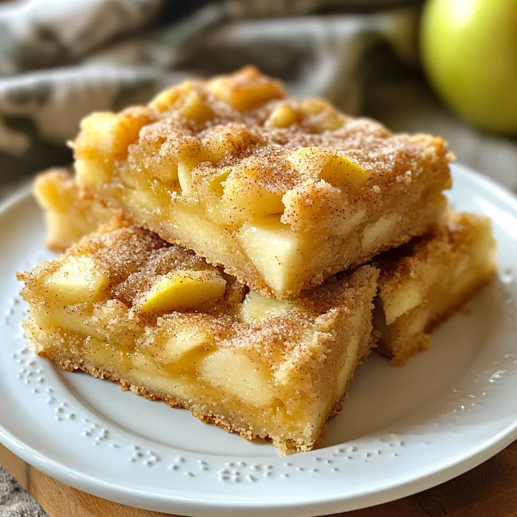 To make Apple Snickerdoodle Bars, you need simple and fresh ingredients. These will help create soft and sweet bars with a hint of spice. Here’s what you will need: - 1 cup unsalted butter, softened - 1 cup granulated sugar - 1 cup brown sugar, packed - 2 large eggs - 2 teaspoons vanilla extract - 3 cups all-purpose flour - 2 teaspoons cream of tartar - 1 teaspoon baking soda - 1 teaspoon ground cinnamon - ½ teaspoon salt - 2 cups peeled and diced apples (preferably Granny Smith) - Cinnamon-sugar mixture (1 tablespoon sugar + 1 teaspoon cinnamon for sprinkling on top) Each ingredient plays a role in making the bars delicious. The butter gives them richness. The sugars add sweetness and help with texture. The eggs bind everything together. The flour forms the base, while cream of tartar adds that classic snickerdoodle flavor. Using Granny Smith apples is key. Their tartness balances the sweetness well. The cinnamon-sugar topping adds a delightful crunch. This mix of flavors and textures makes these bars a must-try! {{ingredient_image_1}} - Preheat your oven to 350°F (175°C). - Prepare a 9x13 inch baking pan by greasing it or lining it with parchment paper. This makes it easier to remove the bars later. - In a large bowl, cream together 1 cup of softened butter, 1 cup of granulated sugar, and 1 cup of brown sugar. Mix until the mixture is light and fluffy. This step adds air and gives the bars a nice texture. - Next, add 2 large eggs, one at a time. Beat well after each addition. Then, mix in 2 teaspoons of vanilla extract for that warm flavor. - In another bowl, whisk together 3 cups of all-purpose flour, 2 teaspoons of cream of tartar, 1 teaspoon of baking soda, 1 teaspoon of ground cinnamon, and ½ teaspoon of salt. This mix gives the bars structure and flavor. - Gradually add the dry mix to the wet mix. Stir gently until just combined. Don’t over-mix, as this keeps the bars soft. - Fold in 2 cups of peeled and diced Granny Smith apples. This adds moisture and a nice tartness. - Spread the batter evenly into your prepared pan. - In a small bowl, combine 1 tablespoon of sugar and 1 teaspoon of cinnamon. Sprinkle this mix over the top of the batter for a sweet crust. - Bake in the preheated oven for 25-30 minutes. Check for doneness by inserting a toothpick in the center. It should come out clean. - Once baked, remove the pan from the oven. Let the bars cool for at least 15 minutes before cutting into squares. Enjoy the warm, sweet smell as they cool! - Ensuring even baking: Make sure your oven is preheated to 350°F (175°C). This helps the bars rise evenly. Rotate your baking pan halfway through to avoid hot spots. - Storing baked bars properly: Let the bars cool completely. Then, store them in an airtight container. They stay fresh at room temp for up to three days. You can also refrigerate them for a week. - Options for gluten-free and dairy-free versions: You can swap all-purpose flour for a gluten-free blend. Use coconut oil or vegan butter to replace the unsalted butter for a dairy-free option. - Types of apples for best flavor: Granny Smith apples work best here. Their tartness balances the sweet sugars. You can also use Honeycrisp for a sweeter taste. - Ways to get chewy versus cakey bars: For chewy bars, under-bake them slightly. Check them at 25 minutes. For cakey bars, follow the full bake time and let them cool longer. - Additional flavor enhancements: Add a pinch of nutmeg for warmth. Chopped nuts like walnuts or pecans can add crunch. You can also try a splash of maple syrup for a richer flavor. Pro Tips Choose the Right Apples: Use tart apples like Granny Smith for the best flavor contrast with the sweetness of the bars. Don’t Overmix: When combining the dry ingredients with the wet, mix just until combined to keep the bars tender. Check for Doneness: Since ovens vary, start checking the bars a few minutes before the recommended baking time for the best results. Storage Tips: Store any leftovers in an airtight container to keep them fresh, and enjoy within a week for the best taste. {{image_2}} You can add nuts for a nice crunch. Chopped walnuts or pecans work great. They give a tasty bite to the soft bars. You can also swap apples for other fruits. Pears or peaches can add a sweet twist. Each fruit brings its own flavor and charm. Instead of cinnamon-sugar, try using frosting. A cream cheese frosting makes these bars even richer. You can also drizzle with caramel or chocolate. This adds a fun, sweet layer on top. It makes each bite even more delightful. For a seasonal twist, add spices like nutmeg or cloves. These spices give a warm, cozy feel. You can also mix in pumpkin for autumn flair. The pumpkin makes the bars moist and adds great flavor. Each variation allows for creativity and fun in the kitchen! - Store Apple Snickerdoodle Bars at room temperature. Use an airtight container to keep them fresh. - If you live in a warm area, put the bars in the fridge. This will help them last longer. - To freeze Apple Snickerdoodle Bars, cut them into squares. Wrap each square in plastic wrap, then in foil. - Place the wrapped bars in a freezer bag. They can last for up to three months in the freezer. - To thaw, take the bars out and let them sit at room temperature for a few hours. - If you want a warm treat, reheat them in the oven at 350°F for about 10 minutes. - Pair these bars with a scoop of vanilla ice cream. The warm bars and cold ice cream taste great together. - You can also serve them with whipped cream for a light touch. - Enjoy them warm or chilled. Each way offers a nice taste experience. To check if your bars are done, use a toothpick. Insert it into the center of the bars. If it comes out clean, the bars are ready. You want a golden brown top and a soft look. Be careful not to overbake them, or they will be dry. Yes, you can make these bars ahead of time. They store well and taste great later. Let the bars cool completely before wrapping them. Use plastic wrap or foil to keep them fresh. You can keep them at room temperature for a few days. For longer storage, place them in the fridge. If you have leftover bars, you can share them with friends or family. They make a great treat for gatherings. You can also cut them into smaller pieces and pack them in lunchboxes. Another fun idea is to warm them up and serve with ice cream. They taste amazing when warm! These Apple Snickerdoodle Bars are simple and fun to make. Start with basic ingredients and follow easy steps. You can tweak flavors or toppings to suit your taste. Remember to store them well for later use. Baking should bring joy and deliciousness. Enjoy your sweet treat, and share it with friends and family. Each bite holds warmth and happiness. Happy baking!