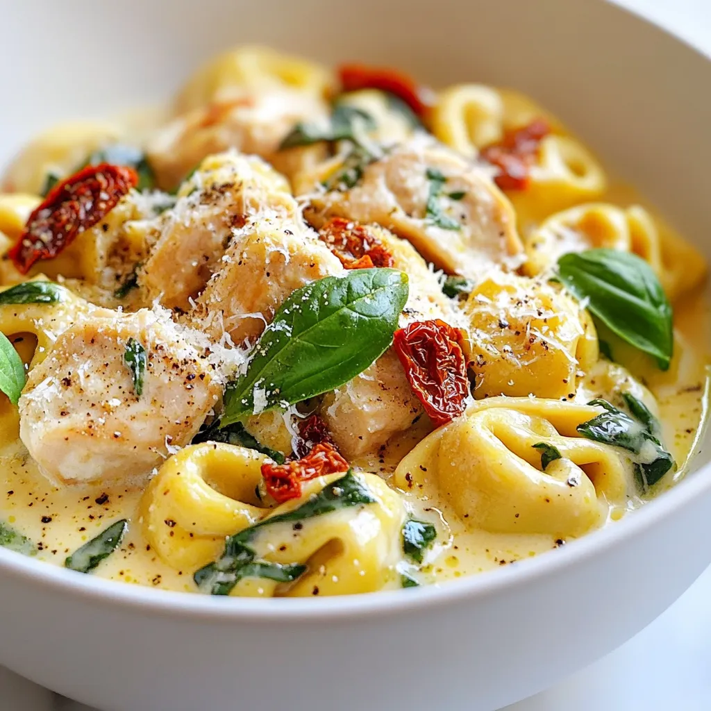- Chicken and Dairy Components - 2 chicken breasts, diced - 1 cup heavy cream - 1 cup chicken broth - ½ cup grated Parmesan cheese - Vegetables and Seasonings - 2 cloves garlic, minced - 2 cups fresh spinach - 1 teaspoon Italian seasoning - ½ teaspoon red pepper flakes (optional) - 1 cup sun-dried tomatoes, chopped - Salt and pepper to taste - Fresh basil leaves for garnish - Tortellini Details - 1 cup cheese tortellini I love how each ingredient plays a role in this dish. The chicken adds protein and flavor. The heavy cream and broth create a rich sauce. You get a burst of taste from the sun-dried tomatoes and fresh spinach. The Parmesan cheese gives it a creamy finish. The cheese tortellini is a fun twist. It adds heartiness and complements the sauce. The Italian seasoning blends all the flavors together, while the red pepper flakes add a hint of heat. When you gather these ingredients, you set the stage for a meal that is both simple and elegant. It’s a dish that will impress anyone at your table. Plus, it comes together in just 30 minutes! {{ingredient_image_1}} Marinating and Dicing Chicken Start by dicing the chicken breasts into small pieces. This helps them cook evenly. Season the chicken with salt and pepper. Let it sit for about 10 minutes to absorb the flavors. You can also marinate it in olive oil if you have time. Chopping Veggies Next, chop the sun-dried tomatoes and mince the garlic. The garlic adds a great flavor. If you have fresh spinach, rinse it well and set it aside. These fresh veggies will add color and taste to the dish. Searing Chicken In a large skillet, heat the olive oil over medium heat. Once hot, add the seasoned chicken. Sear the chicken for about 5-7 minutes. You want it to be browned and fully cooked. Stir occasionally to avoid burning. Creating the Sauce Add the minced garlic to the skillet. Sauté for about one minute until it smells good. Next, pour in the chicken broth and heavy cream. Stir in the Italian seasoning and optional red pepper flakes. Let the mixture simmer for 3-4 minutes to blend the flavors. Combining Tortellini and Finishing Touches Now, add the chopped sun-dried tomatoes and spinach. Stir until the spinach wilts down. Slowly add the cheese tortellini next. Cook it according to the package instructions, usually 5-7 minutes. Once the tortellini is tender, sprinkle in the grated Parmesan cheese. Mix until it melts into the creamy sauce. Adjust the seasoning with salt and pepper if needed. Let it cool for a minute before serving. Searing Chicken for Flavor Searing your chicken is key for great taste. Start with a hot skillet. Add olive oil and then the diced chicken. Season it well with salt and pepper. Cook it for 5-7 minutes until it turns golden brown. This step locks in juices and adds flavor. The nice crust forms on the outside, making your dish more tasty. Sautéing Garlic Perfectly Garlic adds a lovely aroma and flavor. Once your chicken is done, add minced garlic to the same skillet. Cook it for about 1 minute. You want it to be fragrant and golden, not brown. Burnt garlic can taste bitter. This step makes your dish shine with flavor. Ideal Dishes to Pair With Marry Me Chicken Tortellini is rich and creamy. It pairs well with a light salad. A simple arugula salad with lemon dressing works great. You can also serve with garlic bread to soak up the sauce. For a complete meal, add some roasted veggies on the side. Presentation and Garnishing Ideas Serve your dish in deep bowls. This keeps the sauce contained and makes it look fancy. Garnish with fresh basil leaves for a pop of color. Sprinkle extra Parmesan cheese on top for added flavor. A drizzle of olive oil can enhance the look and taste. These small touches will impress your guests! Pro Tips Use Fresh Ingredients: Fresh spinach and sun-dried tomatoes will elevate the flavor of your dish. If possible, choose high-quality tortellini for a more authentic taste. Adjust Spice Level: If you prefer a milder dish, omit the red pepper flakes. For more heat, add extra or even a pinch of cayenne pepper for a kick! Perfect Parmesan: For the best melt, use freshly grated Parmesan cheese instead of pre-packaged. It will enhance both the texture and flavor of your sauce. Plate with Care: Serve in deep bowls and make sure to garnish with fresh basil and extra Parmesan. A drizzle of olive oil can also add a touch of elegance. {{image_2}} Substituting Protein Options You can switch the chicken for other proteins, like shrimp or turkey. Both options work well in this dish and keep it tasty. For a vegetarian version, try using firm tofu. Cut the tofu into cubes and cook it like chicken. This gives a nice texture and absorbs the sauce flavors. Dairy-Free Alternatives If you need a dairy-free version, use coconut cream instead of heavy cream. It adds a sweet touch and keeps the dish creamy. For cheese, use a dairy-free alternative or skip it altogether. You can still get great flavor without dairy. Adjusting Spice Levels To change the spice level, add more or less red pepper flakes. Start with a pinch if you want mild, or double it for heat. You can also use fresh chili peppers for a different taste. Just chop them up and add them with the garlic. Alternative Vegetables or Greens Feel free to swap out spinach for kale or arugula. Both veggies add a new flavor and nutrition. You can also add bell peppers, zucchini, or mushrooms. Just sauté them with the garlic for a tasty and colorful dish. - Refrigeration Guidelines: Store any leftovers in an airtight container. Keep it in the fridge for up to three days. Make sure it cools to room temperature before sealing. This helps keep it fresh and tasty. - Freezing Instructions: You can freeze this dish too. Place it in a freezer-safe container. It stays good for up to two months. When you want to eat it, thaw it in the fridge overnight before reheating. - Best Practices for Retaining Flavor and Texture: To reheat, use a skillet over medium heat. Add a splash of chicken broth or cream for moisture. Stir often to keep it from sticking. Heat it until warm, about five to seven minutes. You can also microwave it. Use a microwave-safe bowl and cover it to keep moisture in. Heat it in short bursts of one minute, stirring in between, until hot. Yes, you can use frozen tortellini. Just add it directly to the skillet. Cook it according to the package instructions. Frozen tortellini takes a little longer to cook than fresh. It usually needs about 8-10 minutes. This option is great for quick meals. You won’t lose any flavor! To add heat, use more red pepper flakes. Start with one teaspoon instead of half. You can also add a dash of hot sauce. If you like fresh spice, try diced jalapeños. These options will give your dish a nice kick. Adjust the heat to fit your taste! Absolutely! You can make this dish in advance. Cook it completely, then store it in the fridge. It will stay fresh for up to three days. When you’re ready to eat, just reheat it on the stove. Add a splash of cream to keep it creamy. Enjoy this great meal anytime! You’ve learned how to make Marry Me Chicken Tortellini step by step. We discussed key ingredients, cooking methods, and tips for flavor. You can modify the recipe for different diets or flavor preferences. Remember, storage and reheating methods help preserve taste and texture. This dish is versatile and delicious, making it perfect for any meal. With practice, you’ll impress friends and family with your cooking skills. Enjoy every bite!