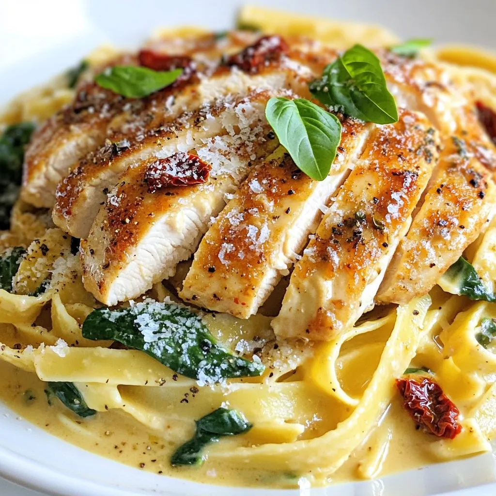 To make Marry Me Chicken Pasta, gather these simple ingredients: - 2 boneless, skinless chicken breasts - 2 cups pasta (fettuccine or penne) - 1 tablespoon olive oil - Salt and pepper to taste - 1 teaspoon garlic powder - 1 teaspoon Italian seasoning - 1 cup heavy cream - 1 cup sun-dried tomatoes, chopped - 1 cup fresh spinach - ½ cup grated Parmesan cheese - Fresh basil leaves for garnish These ingredients come together to create a rich and creamy dish that feels special. The chicken adds protein while the pasta makes it filling. Sun-dried tomatoes bring a tangy punch, and fresh spinach adds color and nutrition. The heavy cream and Parmesan create a luscious sauce that binds everything nicely. Each bite feels like a hug on a plate. When choosing your ingredients, opt for fresh spinach and good-quality Parmesan. This will elevate your dish and enhance the flavors. Enjoy the cooking process and get ready to impress! {{ingredient_image_1}} To cook pasta until al dente, follow these steps: - Boil a large pot of salted water. - Add the pasta and cook as directed on the package. - Check the pasta a minute or two before the time ends. - It should be firm but not hard. - Drain the pasta in a colander. - Set it aside, but do not rinse. For optimal flavor, season the chicken breasts well: - Use salt, pepper, garlic powder, and Italian seasoning. - Coat both sides of the chicken evenly. - Heat olive oil in a large skillet over medium heat. - Add the chicken breasts and cook for 6-7 minutes per side. - Look for a golden brown color and check if cooked through. - Remove the chicken and let it rest before slicing. To create the sauce, start by adding sun-dried tomatoes: - Place the chopped sun-dried tomatoes in the same skillet. - Cook them for about 2 minutes until warmed. - Now pour in the heavy cream and stir gently. - Bring it to a gentle simmer while stirring continuously. - Allow it to thicken for about 3-4 minutes. Incorporate the spinach and cheese into the sauce: - Add fresh spinach and cook until wilted, about 2 minutes. - Stir in the grated Parmesan cheese until melted. - Adjust the taste with more salt and pepper if needed. Finally, slice the chicken and add it back into the skillet: - Toss the drained pasta and chicken together gently. - Ensure everything is well-coated in the creamy sauce. To make your Marry Me Chicken Pasta shine, focus on seasoning. Use salt and pepper to bring out the chicken's flavor. Add garlic powder and Italian seasoning for a tasty kick. Taste as you cook. If it needs more flavor, season it again. For the chicken, cook it until golden brown. Heat olive oil over medium heat. Cook chicken for about 6-7 minutes on each side. Check that it reaches 165°F inside. Let it rest before slicing. This keeps it juicy. One big mistake is overcooking the pasta. Cook it just until al dente. This means it should be firm but not hard. Drain it right away to stop cooking. Another mistake is getting salt wrong. Too much salt makes the dish too salty. Too little salt leaves it bland. Always taste your food as you go. Presenting Marry Me Chicken Pasta well makes it more appealing. Serve it in a wide, shallow bowl. This lets the creamy sauce spread out nicely. Garnish with fresh basil leaves. They add color and a fresh smell. You can also sprinkle more Parmesan cheese on top for a cheesy touch. A little goes a long way! Pro Tips Use Fresh Ingredients: Fresh spinach and high-quality sun-dried tomatoes can significantly enhance the flavor of your dish. Don't Overcook the Chicken: To ensure your chicken remains juicy, cook it just until it's no longer pink in the center. Adjust the Creaminess: If you prefer a lighter sauce, you can substitute half of the heavy cream with chicken broth. Garnish with Extra Flavor: Adding a sprinkle of extra Parmesan and a squeeze of lemon juice right before serving can elevate the dish. {{image_2}} If you want to try something new, swap the chicken for shrimp or tofu. Shrimp cooks quickly and adds a nice seafood flavor. Tofu is great for a vegetarian option. You can use any type of pasta you like, such as spaghetti, farfalle, or even whole wheat. Just remember to adjust the cooking time for different pasta shapes. To make the dish even better, add some fresh vegetables. Bell peppers and mushrooms bring color and crunch. They also add extra nutrients. You can mix in sun-dried tomatoes or even olives for a salty kick. Herbs like thyme or rosemary can replace Italian seasoning for a different taste. Experimenting with flavors keeps your meals exciting. Making this dish gluten-free is easy. Just choose gluten-free pasta. Check the labels to ensure it fits your needs. For a vegetarian version, skip the chicken and use mushrooms or more vegetables instead. You can also add some chickpeas for protein. These changes allow everyone to enjoy this meal without worry. To keep your Marry Me Chicken Pasta fresh, follow these steps: - Refrigerate promptly: Place leftovers in the fridge within two hours. - Use airtight containers: Glass or plastic containers with lids work best. When reheating, you want to keep it moist. Here are some great methods: - Stovetop method: Add a splash of cream or broth in a skillet. - Microwave method: Cover with a damp paper towel. Heat in short bursts, stirring. - Ideal temperature: Aim for 165°F (74°C) to ensure it's heated through. Yes, you can freeze Marry Me Chicken Pasta! Here’s how: - Cool before freezing: Let it cool down before placing it in the freezer. - Use freezer-safe containers: Make sure they are airtight to prevent freezer burn. - Thawing tips: Thaw overnight in the fridge or use the microwave for quick defrosting. This way, you can enjoy this dish later without losing flavor! Marry Me Chicken Pasta is a rich and creamy dish. It features tender chicken and pasta in a delicious sauce. The sun-dried tomatoes add a tangy kick. Spinach brings a fresh taste to the plate. This dish is popular for its comforting flavors. It’s perfect for date nights or special occasions. The name hints at its romantic appeal, making it a favorite for couples. Making Marry Me Chicken Pasta takes about 35 minutes. You’ll spend 15 minutes prepping the ingredients. Cooking the dish takes around 20 minutes. This quick time makes it great for busy weeknights. You can serve a tasty meal without much wait. Yes, you can prepare Marry Me Chicken Pasta ahead of time. Cook the pasta and chicken in advance. Store them separately in airtight containers. This helps keep everything fresh. When ready to eat, mix them with the sauce. To keep flavors intact, store in the fridge for up to 3 days. Pair Marry Me Chicken Pasta with a crisp salad. A simple green salad with vinaigrette works well. Garlic bread also complements the dish nicely. For drinks, a light white wine like Pinot Grigio is a good choice. It balances the creaminess of the pasta and chicken. In this article, we explored crafting Marry Me Chicken Pasta from start to finish. You learned about the key ingredients, step-by-step instructions, and helpful tips for perfecting the dish. I shared variations to suit different tastes and dietary needs, along with best practices for storage and reheating. Now, get ready to impress your family or friends with this delicious meal. Enjoy the cooking process, and remember that practice makes perfect! Your culinary skills will shine with each bite of this tasty dish.