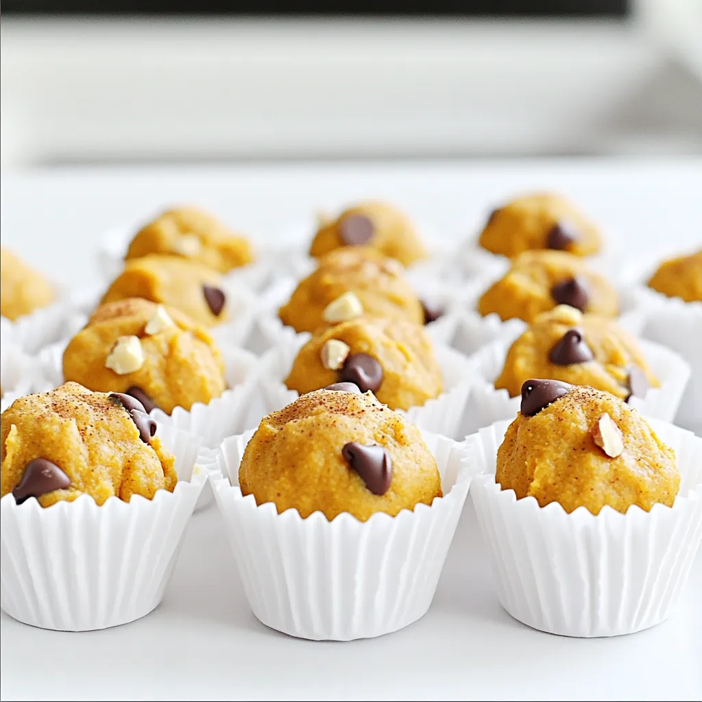 To make these tasty bites, you need just a few key ingredients: - 1 cup almond flour - 1 cup canned pumpkin puree - ¼ cup maple syrup - ¼ cup nut butter (almond or peanut) - 1 teaspoon vanilla extract - 1 teaspoon pumpkin pie spice - ¼ teaspoon salt These ingredients come together to create a rich, creamy dough. The almond flour gives a nice texture, while pumpkin puree adds moisture and flavor. Maple syrup sweetens the mix without being too heavy. The nut butter binds it all together, and the spices bring out that cozy fall taste. You can easily take these bites to the next level. Consider adding: - ½ cup chocolate chips - ½ cup chopped nuts Chocolate chips add a sweet surprise, while nuts give a nice crunch. You can mix and match. If you want a fun twist, try adding dried fruit or coconut flakes. If you need to swap an ingredient, it's quite simple. Here are a few ideas: - Almond flour: You can use oat flour or any nut flour. - Maple syrup: Honey or agave syrup works too. - Nut butter: Sunflower seed butter is a great choice for nut-free options. These changes keep the taste good while catering to your needs. Don't be afraid to experiment! To start, grab a large mixing bowl. Add 1 cup of almond flour. Next, scoop in 1 cup of canned pumpkin puree. Pour in ¼ cup of maple syrup. Then, add ¼ cup of nut butter. You can use almond or peanut butter here. Don't forget to include 1 teaspoon of vanilla extract. Sprinkle in 1 teaspoon of pumpkin pie spice and ¼ teaspoon of salt. Mix all these ingredients well. A nice dough should form. If you want, fold in ½ cup of chocolate chips or chopped nuts. This adds a tasty twist. Now for the fun part! Use your hands to scoop out small portions of the dough. Aim for about 1 inch in diameter. This size is perfect for bites. Roll the dough into balls. Make sure they are smooth and round. Place the cookie dough bites on a parchment-lined baking sheet. Space them out evenly. This helps them keep their shape. Chilling is key for these bites. After rolling, place the baking sheet in the fridge. Let them chill for at least 30 minutes. This step helps the bites firm up. They will be easier to eat and hold their shape. After chilling, they are ready to enjoy. If you have leftovers, store them in an airtight container in the fridge. To get the right dough, mix your ingredients well. You want a thick and smooth texture. If it feels too sticky, add a bit more almond flour. If it seems too dry, a splash of maple syrup helps. Always trust your hands; they give the best feel for dough. Spices can make your bites pop! Try adding a bit of cinnamon for warmth. Nutmeg is a great choice for extra depth. A pinch of cloves can also add a festive twist. Just remember, start small. You can always add more spice, but you can't take it out! To impress guests, use mini cupcake liners for serving. They make your bites look fancy. Sprinkle some pumpkin pie spice on top for flair. You can also drizzle a little melted chocolate over them. This adds sweetness and makes them extra special. Enjoy these bites chilled for the best flavor! {{image_2}} To make these bites vegan, swap the maple syrup for agave nectar. You can also use sunflower seed butter instead of nut butter. This keeps the bites creamy and delicious while being nut-free. The other ingredients stay the same. You still get that yummy pumpkin flavor without any animal products. If you need a gluten-free version, almond flour works great. You can also try coconut flour. Just remember, coconut flour absorbs more liquid. Start with less, then add more if needed. Always check the labels on your ingredients to ensure they are gluten-free. You can change up the flavor by adding extracts. Try almond or maple extract for a twist. Just a few drops can make a big difference. If you love spice, add more pumpkin pie spice or a pinch of cinnamon. This adds warmth and depth to the bites. Feel free to get creative and mix flavors to find your favorite combo! To keep your pumpkin cookie dough bites fresh, store them in an airtight container. This will help keep moisture out and preserve flavor. You can place parchment paper between layers to avoid sticking. Make sure to keep the bites in the fridge. They stay best at a cool temperature. If you want to save some bites for later, freezing is a great option. Start by placing the bites in a single layer on a baking sheet. Freeze them for about an hour until they are firm. Once frozen, transfer them to a freezer-safe bag or container. Label the bag with the date. You can freeze them for up to three months. When stored properly, these bites last about one week in the fridge. If you freeze them, they can last up to three months. Just remember, the longer they sit, the more their taste may change. Always check for any signs of spoilage before eating. Yes, you can use fresh pumpkin. First, cook and puree it until smooth. Make sure to drain any excess water. Canned pumpkin is easier and saves time. Both options work well in this recipe. To make these bites healthier, try these tips: - Use less maple syrup or substitute with a low-calorie sweetener. - Add chia seeds or flaxseeds for added fiber. - Swap almond flour for oat flour to increase whole grains. These changes keep the taste while boosting nutrition. You can use sun butter or soy nut butter if you need a nut-free option. Both provide a similar creamy texture. You can also try tahini for a different flavor. Just keep the consistency in mind. Yes, these bites are perfect for kids. They are easy to make and fun to eat. Plus, they contain healthy ingredients. Just watch out for any nut allergies when serving. Each bite has a good mix of nutrients. They are rich in protein from the nut butter and healthy fats from the almond flour. A rough estimate gives you around: - Calories: 100 - Protein: 3g - Carbs: 10g - Fat: 5g This varies based on your specific ingredients. You learned how to make tasty No Bake Pumpkin Cookie Dough Bites. We discussed essential ingredients and fun ways to customize your recipe. You now know how to mix, shape, and chill your bites for the best results. With tips on dough consistency and flavor boosts, you can impress your friends. Remember, these bites are easy to store and freeze for later. Enjoy your creation, and have fun making it your own!