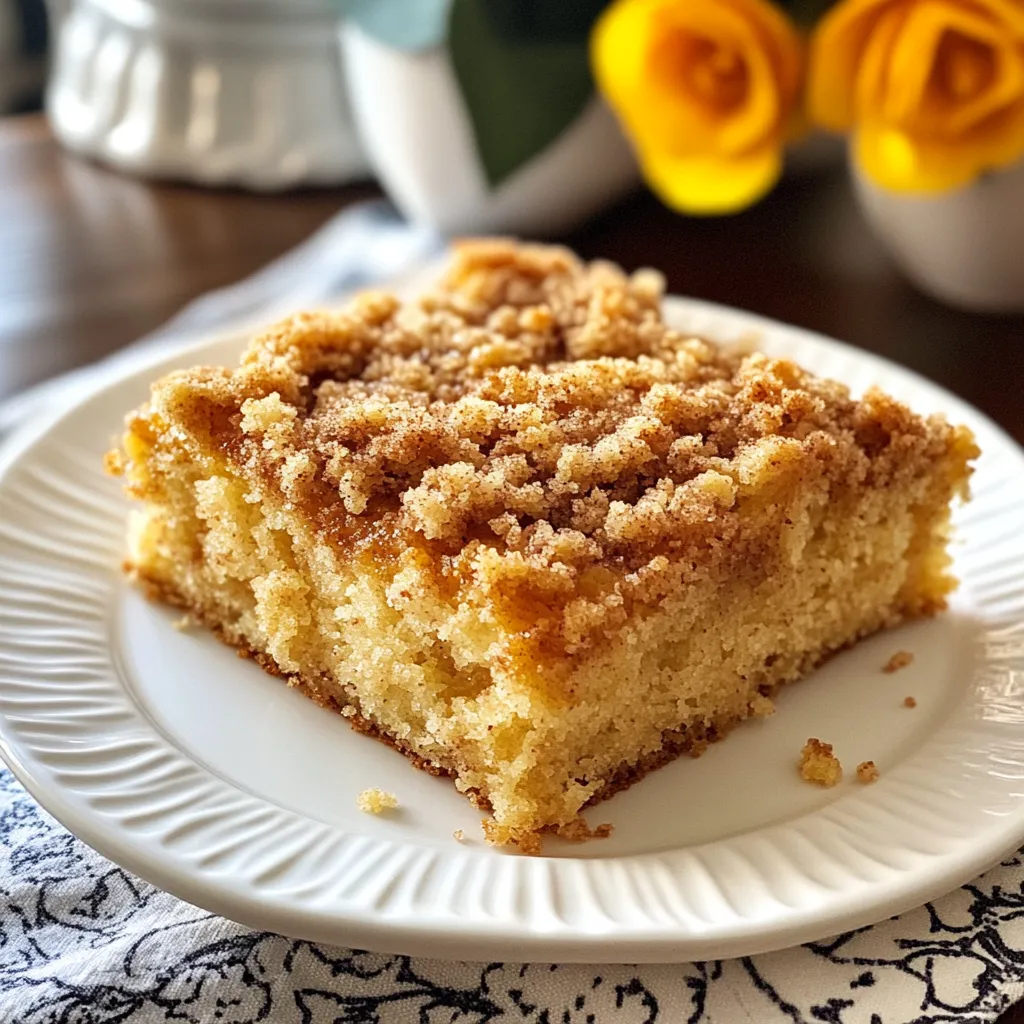 - 2 cups all-purpose flour - 1 cup granulated sugar - ½ cup unsalted butter, softened - 1 cup sour cream - 2 large eggs - 1 teaspoon vanilla extract - 1 teaspoon baking powder - ½ teaspoon baking soda - ½ teaspoon salt - 1 teaspoon ground cinnamon To make a great coffee cake, you need basic ingredients. All-purpose flour gives the cake structure. Granulated sugar adds sweetness. Softened butter helps create a fluffy texture. Sour cream keeps the cake moist and adds a tangy taste. Eggs bind the ingredients together. Vanilla extract gives a warm flavor. Baking powder and baking soda help the cake rise. Salt balances the sweetness. Ground cinnamon adds warmth and spice. - ½ cup packed brown sugar - ½ cup all-purpose flour - ¼ cup unsalted butter, cold and cubed - 1 teaspoon ground cinnamon The streusel topping is key for texture. Brown sugar gives a rich flavor. All-purpose flour creates a crumbly mix. Cold butter is important. It helps form clumps in the topping. Ground cinnamon in the streusel adds extra spice. - Using Greek yogurt instead of sour cream - Vegan butter alternatives - Gluten-free flour options You can swap ingredients for different diets. Greek yogurt works well if you're out of sour cream. It keeps the cake moist. If you need a vegan option, use plant-based butter. For gluten-free options, look for a good gluten-free flour blend. This will help you enjoy coffee cake no matter your needs. {{ingredient_image_1}} - Preheat the oven to 350°F (175°C). - Grease a 9-inch round cake pan or a 9x9 inch square baking dish. First, you need to get your oven ready. This step is important. Preheating ensures even baking. Greasing the pan helps the cake come out easily. - Combine brown sugar, flour, and cinnamon. - Mix in cold cubed butter until crumbly. In a small bowl, mix brown sugar, flour, and cinnamon. This mixture gives the cake a sweet crunch. Now, add cold butter. Use a fork to mix until it looks like coarse crumbs. Set this aside for later. - Cream butter and sugar until light and fluffy. - Incorporate eggs, sour cream, and vanilla extract. In a large bowl, beat softened butter and granulated sugar. Mix until it feels light and fluffy. Next, add the eggs one at a time. Make sure each egg mixes well. Add sour cream and vanilla extract. Keep mixing until it's smooth. - Whisk together dry ingredients. - Mix dry and wet ingredients until just combined. In another bowl, whisk together flour, baking powder, baking soda, salt, and ground cinnamon. Slowly add this dry mix to the wet ingredients. Stir gently until both mixes come together. Don’t overmix; that helps keep the cake soft. - Layering the cake batter and streusel. - Baking time and checking for doneness. Pour half of the cake batter into your greased pan. Smooth it out evenly. Next, sprinkle half of the streusel topping over the batter. Pour the rest of the batter on top. Now, add the remaining streusel. Bake for 40-50 minutes. Check with a toothpick; it should come out clean. - Cooling time in the pan and on a wire rack. - Slicing and serving suggestions. Let the cake cool in the pan for about ten minutes. Then, transfer it to a wire rack to cool completely. Once cool, slice the cake. Serve it plain or with a dusting of powdered sugar. Enjoy with coffee or tea for a perfect treat! To make a great coffee cake, use room temperature ingredients. Cold butter and eggs can lead to a dense cake. Let them sit out for about 30 minutes before you start baking. This simple step helps the batter mix well and rise nicely. Also, avoid overmixing the batter. Mix just until the ingredients blend together. Overmixing makes the cake tough. It’s okay if you still see a few flour streaks. The cake will turn out light and fluffy. You can boost flavor by adding nuts or fruits to the batter. Chopped walnuts or pecans add a nice crunch. Fresh berries or diced apples give a sweet burst of flavor. You can mix in about a cup of your favorite fruit or nuts. Try adding a splash of almond extract too. This small addition gives a lovely nutty taste that pairs well with coffee. Just one teaspoon can make a big difference in flavor. If you have leftovers, store them properly. Place the coffee cake in an airtight container at room temperature. This keeps it fresh for up to three days. You can also wrap it in plastic wrap for added protection. Coffee cake tastes great with a hot cup of coffee or tea. The warm drink balances the sweetness of the cake. Serve slices with a dollop of whipped cream for a special treat. Enjoy it during brunch or as an afternoon snack! Pro Tips Use Room Temperature Ingredients: Ensure your butter, eggs, and sour cream are at room temperature for a smoother batter and better rise. Don’t Overmix the Batter: Mix the batter just until the dry ingredients are incorporated to keep the cake light and fluffy. Customize Your Topping: Feel free to add nuts or chocolate chips to the streusel topping for an extra flavor boost and texture. Check for Doneness: Use a toothpick to test the center of the cake; it should come out clean or with a few moist crumbs, not wet batter. {{image_2}} You can easily make a chocolate coffee cake. Start by adding cocoa powder to the batter. This gives the cake a rich, chocolate flavor. I suggest using about ½ cup of cocoa powder. You can also add chocolate chips to the streusel topping. This adds a fun surprise when you take a bite. Another great twist is a fruit-infused coffee cake. You can incorporate berries or apples right into the batter. Adding about a cup of fresh or frozen berries works well. For apples, chop them finely and mix them in. You can also create a fruit layer within the cake. Just pour half of the batter, add a layer of fruit, and then top with the remaining batter. If you need gluten-free options, use alternative flours. Almond flour or a gluten-free blend works great as substitutes. For a vegan version, replace eggs with flaxseed meal or applesauce. Use almond milk or coconut milk instead of dairy. These changes let everyone enjoy this delicious cake! To keep your classic coffee cake fresh, store it at room temperature. Place it in an airtight container. This helps to maintain moisture and flavor. You can also wrap the cake in plastic wrap. It will stay fresh for about three days. If you want to save some cake for later, freeze it. First, let the cake cool completely. Then, wrap it tightly in plastic wrap and aluminum foil. This protects it from freezer burn. When you're ready to enjoy it, thaw the cake in the fridge overnight. Reheat slices in the oven at 350°F for about 10 minutes. Your coffee cake will stay fresh for about three days at room temperature. If you freeze it, it can last up to three months. Keep an eye out for signs of spoilage. Look for a dry texture or off smells. If the cake seems hard or smells funny, it's best to toss it. Coffee cake pairs well with several drinks. Here are some great options: - Freshly brewed coffee - Tea, like Earl Grey or chamomile - Hot chocolate for a sweet twist - Cold milk for a classic touch These drinks enhance the cake's flavors and make for cozy moments. Yes, you can make coffee cake ahead of time. Here are some tips: - Bake the cake, then let it cool completely. - Wrap it tightly in plastic wrap. - Store it in the fridge for up to three days. - For longer storage, freeze it for up to three months. This way, you can enjoy it later without losing taste. Check for doneness with these simple techniques: - Insert a toothpick into the center of the cake. - If it comes out clean, the cake is done. - Look for a golden-brown top and a springy texture. These signs ensure you have a perfectly baked cake. Yes, you can use different pan sizes. Here’s what to adjust: - For a 9-inch round pan, bake for 40-50 minutes. - For a 9x13 inch pan, reduce baking time to 30-40 minutes. - Always check for doneness with a toothpick. This helps you use what you have at home. Coffee cake has a rich history. It began in Europe, especially Germany. Here’s a brief overview: - Early recipes appeared in the 17th century. - It was often served with coffee during gatherings. - The cake varies by region, featuring local flavors. This cake brings people together, making it special. Classic coffee cake is simple yet delicious. We covered its main ingredients, step-by-step instructions, and tips to make it tasty. You can enjoy it with your favorite drink or share it with friends. Remember to try different flavors and make it your own. With these tips, your coffee cake will impress everyone. Now, get baking and savor the delightful taste of your homemade coffee cake!
