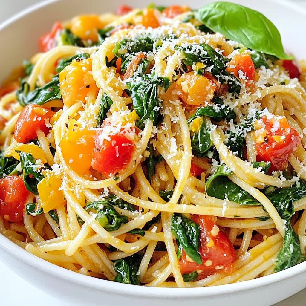 - 8 oz (225g) whole wheat spaghetti - 2 tablespoons olive oil - 3 cloves garlic, minced - 1 small onion, diced - 4 cups fresh spinach, roughly chopped - 1 can (14 oz) diced tomatoes, drained - 1 teaspoon dried basil - 1 teaspoon dried oregano - Salt and pepper to taste - ¼ teaspoon red pepper flakes (optional for heat) - ½ cup grated Parmesan cheese (or a plant-based alternative) - Fresh basil leaves for garnish - ½ teaspoon lemon zest for brightness - ¼ cup sliced black olives for a salty kick - A handful of pine nuts for crunch - A splash of balsamic vinegar for depth This dish is packed with nutrients. Whole wheat spaghetti provides fiber and energy. Spinach is rich in iron and vitamins A and C. Tomatoes offer antioxidants, beneficial for heart health. Olive oil adds healthy fats. Here’s a quick look at the nutrition per serving (about 1 cup): - Calories: 350 - Protein: 12g - Carbohydrates: 50g - Fat: 12g - Fiber: 7g - Sugars: 5g This meal is not just tasty; it also supports a balanced diet. Enjoy the health benefits while relishing the rich flavors! {{ingredient_image_1}} First, boil a large pot of salted water. Add 8 oz of whole wheat spaghetti. Cook it until al dente, following the package instructions. This usually takes about 8 to 10 minutes. After cooking, reserve ½ cup of the pasta water. Drain the spaghetti and set it aside for later. Next, heat 2 tablespoons of olive oil in a large skillet over medium heat. Once the oil is hot, add 1 small diced onion. Sauté it until soft and see-through, which takes about 4 to 5 minutes. After that, mix in 3 cloves of minced garlic. Cook for another 1 to 2 minutes. Watch closely so it doesn’t burn. Now, add 4 cups of roughly chopped fresh spinach. Stir it until wilted, which should take about 2 to 3 minutes. Once the spinach is wilted, it's time to add more flavor. Stir in 1 can of drained diced tomatoes, 1 teaspoon each of dried basil and dried oregano, and some salt and pepper to taste. If you like heat, add ¼ teaspoon of red pepper flakes. Let this mixture simmer for about 5 to 7 minutes. This helps the flavors blend. Next, add the drained spaghetti to the skillet. Toss everything together well. If it feels too dry, slowly add some of the reserved pasta water until it reaches the right consistency. Finally, mix in ½ cup of grated Parmesan cheese. Stir until it melts throughout the dish. Taste and adjust seasoning if needed. Serve hot, garnished with fresh basil leaves and extra cheese if you like. Enjoy your healthy and flavorful spinach tomato pasta! To enhance the taste of your spinach tomato pasta, use fresh ingredients. Fresh spinach brings a vibrant taste. Fresh tomatoes can add sweetness and depth. Use good quality olive oil for a rich flavor. Don’t skip the garlic; it adds a lovely aroma. Dried herbs like basil and oregano boost the taste. For more depth, try adding a splash of balsamic vinegar. If you like heat, add more red pepper flakes. Start with a small amount and taste as you go. You can also use fresh chili for a different flavor. For milder flavors, skip the red pepper flakes. Balance spicy with a sprinkle of sugar if needed. Always taste your dish before serving to get it just right. Whole wheat spaghetti is my go-to for this dish. It adds fiber and a nutty flavor. You can also use gluten-free pasta if you prefer. Cook the pasta until al dente for the best texture. Reserve some pasta water to adjust the sauce later. This water helps bind the sauce to the pasta. Remember, the right pasta can make a big difference! Pro Tips Choose Fresh Ingredients: Using fresh spinach and high-quality tomatoes will elevate the flavor of this dish significantly. Adjust the Spice Level: If you enjoy a bit of heat, feel free to increase the amount of red pepper flakes or even add a pinch of cayenne pepper. Don’t Skip the Pasta Water: The reserved pasta water is starchy and helps to create a silky sauce that clings to the spaghetti. Experiment with Herbs: Fresh herbs like basil or parsley can be added at the end for an extra burst of flavor and freshness. {{image_2}} You can boost the nutrition of your Spinach Tomato Pasta by adding proteins. Chicken breast, shrimp, or ground turkey all work well. Cook the protein in the skillet before adding the vegetables. For a plant-based option, try chickpeas or lentils. They add protein and fiber to the dish. While the base recipe is delicious, you can switch up the sauce. A creamy white sauce can create a rich flavor. Alternatively, a pesto sauce gives a fresh twist. You can even blend the tomatoes with basil for a smooth sauce. Explore different flavors to keep your meals exciting! Making this dish vegetarian or vegan is easy. For the cheese, try a plant-based alternative. Nutritional yeast can also give a cheesy flavor without dairy. If you want more veggies, add bell peppers or zucchini. They add color and nutrients while keeping the dish light and tasty. After making your spinach tomato pasta, let it cool. Place leftovers in an airtight container. This keeps it fresh for up to three days. Always label the container with the date to track freshness. When you're ready to eat, just grab it from the fridge. To reheat, use a skillet over medium heat. Add a splash of water or olive oil to keep it moist. Stir frequently until it's hot all the way through. You can also use a microwave. Heat it in short bursts of 30 seconds, stirring in between. Check if it’s hot enough before serving. If you want to save some for later, freezing works great. Place the cooled pasta in a freezer-safe bag or container. Remove as much air as possible before sealing. This helps prevent freezer burn. You can freeze it for up to three months. When you're ready to eat, thaw it in the fridge overnight before reheating. Yes, you can use fresh tomatoes. Choose ripe tomatoes for great flavor. Chop about 2-3 medium tomatoes. Cook them down for 8-10 minutes. This will help them break down and blend well with the pasta. Fresh tomatoes give a nice, bright taste to the dish. You may need a bit more salt since fresh tomatoes can be less salty than canned ones. Spinach tomato pasta pairs well with many sides. Here are some great options: - Garlic bread for a crunchy treat. - A simple green salad with a light dressing. - Roasted vegetables for extra color and flavor. - Grilled chicken or shrimp for added protein. These sides enhance your meal and make it more filling. To make this dish gluten-free, swap the whole wheat spaghetti for gluten-free pasta. There are many options like brown rice or quinoa pasta. Cook them according to package instructions. Check the labels to ensure they fit your dietary needs. You can enjoy the same great taste without the gluten! This blog post covered all key areas for making delicious spinach tomato pasta. You learned about ingredients, prep steps, and tips to boost flavor. We also explored variations and storage methods to keep your dish fresh. Remember, cooking is about being creative. Don’t hesitate to try new ingredients and adjustments to suit your taste. Enjoy your pasta journey!