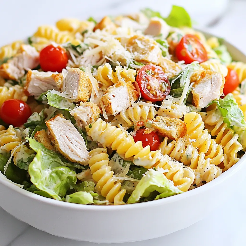 To make a tasty Chicken Caesar Pasta Salad, you need these key ingredients: - 2 cups rotini pasta - 1 cup cooked chicken breast, diced - 1 cup romaine lettuce, chopped - ½ cup cherry tomatoes, halved - ¼ cup grated Parmesan cheese - 2 tablespoons Caesar dressing - 2 tablespoons Greek yogurt - 1 tablespoon lemon juice - Salt and black pepper, to taste - ¼ cup croutons (for garnish) These ingredients blend well to create a fresh and creamy salad. You can add more flavor and texture with these optional ingredients: - Sliced olives for a briny touch - Avocado for extra creaminess - Cooked bacon bits for a smoky crunch - Red onion slices for a bit of bite - Fresh herbs like basil or parsley for brightness Feel free to mix and match based on your taste. If you don't have some ingredients, here are easy swaps: - Use penne pasta instead of rotini. - Swap grilled chicken for rotisserie chicken. - Replace romaine with spinach or kale. - Use any cheese if you lack Parmesan, like feta or mozzarella. - You can substitute Caesar dressing with ranch or Italian dressing. These swaps will still keep your salad delicious and satisfying. {{ingredient_image_1}} First, cook 2 cups of rotini pasta. Follow the package instructions. Aim for al dente, so it stays firm. Once cooked, drain the pasta and rinse it under cold water. This step cools it down quickly. It also helps prevent sticking. Set the pasta aside while you prepare the other ingredients. Next, gather your chicken and veggies. Use 1 cup of cooked chicken breast and dice it into bite-sized pieces. In a large bowl, add the chicken, 1 cup of chopped romaine lettuce, and ½ cup of halved cherry tomatoes. This mix adds color and crunch to your salad. Now, let’s make the dressing. In a small bowl, whisk together 2 tablespoons of Caesar dressing, 2 tablespoons of Greek yogurt, and 1 tablespoon of lemon juice. Add salt and black pepper to taste. Whisk until smooth. This dressing gives the salad a creamy and tangy flavor. Add the cooled pasta to the large bowl with the chicken and veggies. Pour the dressing over the top. Gently toss everything together until well mixed. You want each piece to be coated in dressing. Then, sprinkle in ¼ cup of grated Parmesan cheese and toss lightly again. This adds a nice cheesy flavor. When ready to serve, taste the salad. Adjust the seasoning if needed. For a crunchy finish, top it with ¼ cup of croutons. Serve the salad in a large bowl or on individual plates. You can garnish with extra Parmesan cheese and a few whole cherry tomatoes for a nice look. Enjoy your delicious Chicken Caesar Pasta Salad! To get a creamy texture, use both Caesar dressing and Greek yogurt. The yogurt adds a nice tang. Mix them well in a bowl before adding to the salad. This helps blend the flavors together. If you want it creamier, add more yogurt. Just be careful not to overdo it! When tossing your salad, be gentle. You want to mix the pasta and veggies without crushing them. Start by adding the dressing to the pasta first. Then, add the veggies and chicken. Use two large spoons or forks to lift and fold the ingredients. This keeps everything intact and helps coat every piece. If you want to make this salad lighter, swap out some dressing for more yogurt. For a vegan version, use tofu instead of chicken and plant-based dressing. You can also add more veggies like bell peppers or cucumbers for crunch. Adjust the cheese or leave it out for a dairy-free option. Pro Tips Cook Pasta Al Dente: To ensure the pasta retains its shape and texture, cook it until al dente. This means it should be firm to the bite but not hard. Chill Ingredients: For a refreshing taste, chill your chicken and vegetables before mixing. This will enhance the overall flavor of the pasta salad. Dress Just Before Serving: To avoid sogginess, add the dressing to the salad just before serving. This keeps the ingredients crisp and fresh. Customize Your Greens: Feel free to mix in other greens like spinach or kale for added nutrition and flavor. This adds variety to your salad! {{image_2}} To make a vegetarian version, skip the chicken. Instead, use chickpeas or tofu for protein. Both options are filling and tasty. You can also add more veggies like bell peppers or cucumbers. These add color and crunch to your salad. Don't forget to keep the Caesar dressing, as it adds great flavor. If you need a gluten-free option, switch out the rotini pasta. Use gluten-free pasta made from rice or corn. These pastas work well and taste great. You can also use spiralized zucchini for a fresh twist. Just make sure any dressing you use is gluten-free too. To give this salad extra flavor, try adding some fresh herbs. Chopped basil or parsley works well with the dish. You can also toss in some olives or capers for a briny taste. For a bit of heat, add red pepper flakes. This will spice things up without overpowering the dish. To keep your Chicken Caesar Pasta Salad fresh, place it in an airtight container. Make sure to cover it well. You can store it in the fridge for later meals. This helps to keep the flavors intact and the pasta from getting mushy. Try to consume it within three days for the best taste. Reheating pasta salad can be tricky. I suggest eating it cold for the best flavor. If you prefer it warm, heat it gently in a pan. Add a bit of olive oil or extra dressing to keep it moist. Avoid using the microwave, as it can make the pasta soggy. Chicken Caesar Pasta Salad can last in the fridge for three to four days. If you notice any off smells or changes in texture, it’s best to toss it out. For longer storage, consider freezing the salad without the dressing. It can last in the freezer for up to two months, but the texture may change when thawed. Yes, you can make Chicken Caesar Pasta Salad ahead of time. This dish tastes great cold. I suggest making it a few hours before serving. Just keep it in the fridge. The flavors mix well when it sits. Absolutely! You can add any veggies you like. Bell peppers, cucumbers, or spinach work well too. Just chop them up small. Mix them in at the same time as the other veggies. This makes the salad even more colorful and tasty. If you want a change, try ranch or Italian dressing. Both add a nice flavor. You can also use a yogurt-based dressing for a lighter option. Just make sure it matches the taste you want. To make a lighter version, use less dressing. You can replace some dressing with extra Greek yogurt. This keeps it creamy but cuts down on calories. You can also use whole wheat pasta for more fiber. This blog post covered the essentials for making a Chicken Caesar Pasta Salad. We outlined the main ingredients, with options for substitutions and enhancements. You learned step-by-step instructions for cooking each part, and tips to achieve the perfect creamy texture. We also explored variations, storage, and answered common FAQs. Embrace your creativity in the kitchen. Experiment with flavors, make it your own, and enjoy every bite.