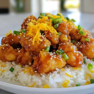 - 1 pound boneless, skinless chicken thighs - 1/2 cup cornstarch - 1/2 cup all-purpose flour - 1/2 cup orange juice - 1 tablespoon soy sauce - 1/4 cup granulated sugar - 1 tablespoon rice vinegar - 1 teaspoon grated fresh ginger - 1 clove garlic, minced This recipe shines with simple yet flavorful ingredients. For the chicken, I love using boneless, skinless thighs. They stay juicy and tender, making every bite delightful. The cornstarch and flour mix gives the chicken a crispy exterior. This crunch is key to mimicking the beloved takeout dish. For the orange sauce, fresh orange juice is a must. It brings zesty brightness to the dish. The soy sauce adds a savory touch, while the sugar balances sweetness. Rice vinegar, ginger, and garlic enhance the flavor profile, making it rich and complex. These ingredients combine to create that famous sweet and tangy flavor. Each component plays a role in building layers of taste. You can easily find these items at your local grocery store. I recommend using fresh ginger for the best flavor. It elevates the dish, making it even more special. Enjoy gathering your ingredients, and get ready for a tasty cooking adventure! {{ingredient_image_1}} To start, gather your ingredients. In a bowl, mix together: - 1/2 cup cornstarch - 1/2 cup all-purpose flour - 1 teaspoon baking powder - Salt and pepper to taste In another bowl, whisk together: - 1 large egg, beaten - 1/4 cup water Take your chicken thighs, cut into bite-sized pieces. Dip each piece into the egg wash. Then, coat it in the dry mix. Make sure every piece is covered well. Lay the coated chicken aside as you prepare to fry. Now, heat 1/4 cup vegetable oil in a large skillet over medium-high heat. You want the oil hot, but not smoking. Carefully add the chicken pieces in batches. Fry them for about 5 to 6 minutes. You want them golden brown and cooked through. Once done, remove the pieces and let them drain on paper towels. In a saucepan, combine the following ingredients: - 1/2 cup orange juice - 1 tablespoon soy sauce - 1/4 cup granulated sugar - 1 tablespoon rice vinegar - 1 teaspoon grated fresh ginger - 1 clove garlic, minced - 1 teaspoon sesame oil - Zest of 1 orange Cook this mixture over medium heat. Stir it often until the sugar dissolves. Then, mix 1 teaspoon cornstarch with 2 teaspoons water. Stir this into the sauce to thicken it. Cook for another 2 to 3 minutes. When it thickens, remove it from the heat. Now, toss the fried chicken in the orange sauce until each piece is well coated. You’re almost ready to serve your dish! Using fresh ingredients is key for great taste. Fresh chicken enhances flavor and texture. Opt for real orange juice, not from a carton. It adds brightness that is hard to beat. Balancing sweetness and acidity is vital. Too much sugar can overpower the dish. Use just enough sugar to complement the tangy orange. A splash of rice vinegar brings in that needed zing. For the best crispy chicken, use a deep pan. Oil should be hot before adding chicken. Fry in batches to avoid crowding. This way, each piece gets nice and crispy. To make a thicker sauce, stir in the cornstarch-water mix slowly. Let it cook until it bubbles and thickens. This makes the sauce cling to the chicken better. Garnishing makes your dish look special. A sprinkle of orange zest adds color and aroma. Chopped green onions or sesame seeds also look great on top. Serve the chicken over steamed rice. This adds a nice base and balances flavors. You can add sautéed veggies on the side for a pop of color and nutrition. Pro Tips Perfect Frying Temperature: Ensure the oil is hot enough before adding the chicken. The ideal temperature is around 350°F (175°C) to achieve a crispy exterior without absorbing too much oil. Flavor Boost: For an extra layer of flavor, marinate the chicken pieces in a mixture of soy sauce, garlic, and ginger for 30 minutes before coating and frying. Thicker Sauce: If you prefer a thicker sauce, add a bit more cornstarch mixed with water while cooking the orange sauce until it reaches your desired consistency. Garnish for Presentation: Consider garnishing the finished dish with toasted sesame seeds and thinly sliced green onions for an appealing and vibrant look. {{image_2}} You can create a baked orange chicken. This method cuts down on oil and fat. Simply coat the chicken with the mix and bake it at 400°F for 20-25 minutes. It will still taste great! Or try using tofu or vegetables instead of chicken. Tofu absorbs the sauce well. Cut it into cubes and follow the same steps as chicken. For veggies, use bell peppers or broccoli. This adds color and nutrition. Want to spice things up? Make a spicy orange chicken. Add red pepper flakes or sriracha to the orange sauce. This gives a nice kick without losing the sweet flavor. You can also mix in other citrus fruits. Try lemon or lime juice for a twist. This adds a unique taste that pairs well with the orange. You’ll enjoy a fresh and zesty dish! For a fun twist, try orange chicken lettuce wraps. Use large lettuce leaves to hold the chicken. This makes a light, crunchy meal great for lunch or dinner. Another idea is to serve orange chicken in bowls with quinoa. Quinoa adds protein and fiber. Top with chopped green onions and sesame seeds for a tasty meal that looks good too! To store your orange chicken properly, let it cool down first. This step helps prevent sogginess. Use an airtight container to keep the dish fresh. In the fridge, it lasts about three to four days. Be sure to check for any signs of spoilage before eating. When you’re ready to enjoy leftovers, reheating is key. The best way is to use an oven. Preheat the oven to 350°F. Place the chicken on a baking sheet for about 10 minutes. This method keeps the chicken crispy. If you use a microwave, heat in short bursts. This way, the chicken stays moist but can lose some crunch. For long-term storage, freezing is a great option. First, let the chicken cool down completely. Then, place it in a freezer-safe bag or container. It can last up to three months in the freezer. When you want to eat it, move it to the fridge overnight to thaw. Reheat it in the oven for the best texture. Yes, you can use chicken breasts. However, thighs have more fat. This fat gives a richer flavor and juiciness. Breasts can dry out if overcooked. If you prefer breasts, watch the cooking time closely. Cut the pieces small to help them cook evenly. You can use other citrus juices like lemon or lime. Pineapple juice works too for a sweet twist. For a less sweet flavor, try apple cider vinegar mixed with water. Adjust the sugar in the sauce if needed. This keeps the sauce balanced and tasty. To make this dish gluten-free, use gluten-free flour. You can find blends at most stores. For soy sauce, choose a gluten-free version. Some brands offer tamari sauce, which is a good option. Ensure all your ingredients are labeled gluten-free for safety. In this blog post, I broke down how to make delicious orange chicken. We reviewed the key ingredients like chicken thighs, cornstarch, and fresh orange juice, plus steps for frying and making the sauce. I also shared tips for the best flavor, cooking methods, and variations, like healthier options and different ways to serve it. In the end, you'll have a tasty dish that’s fun to make and can fit your needs. Enjoy your cooking!