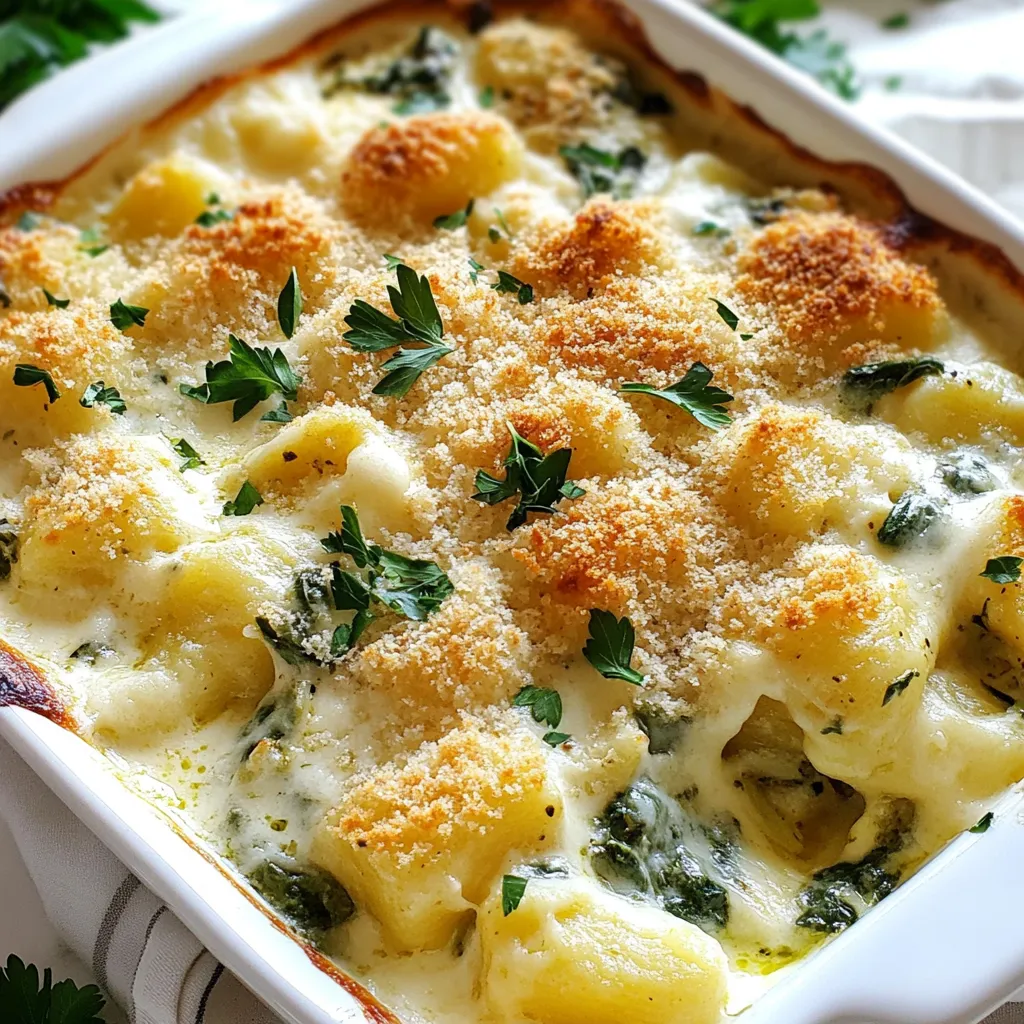 - 1 lb potato gnocchi - 1 cup fresh spinach, chopped - 1 cup frozen artichoke hearts, thawed and roughly chopped - 1 cup cream cheese, softened - 1 cup sour cream - 1 cup shredded mozzarella cheese - ½ cup grated Parmesan cheese - 2 cloves garlic, minced - 1 teaspoon onion powder - ½ teaspoon chili flakes (optional) - Salt and pepper, to taste - 1 tablespoon olive oil - ½ cup breadcrumbs (for topping) - Fresh parsley, chopped (for garnish) This dish starts with gnocchi, a soft Italian dumpling made from potatoes. It adds a fun texture and fills you up. Next, fresh spinach adds a bright green color and healthy nutrients. Frozen artichokes bring a unique flavor, making this bake special. For the creamy base, we use cream cheese and sour cream. These ingredients make the dish rich and smooth. Mozzarella and Parmesan cheese add a gooey, cheesy topping that melts perfectly in the oven. Seasonings play a big role too. Garlic brings a bold taste, and onion powder adds depth. Chili flakes give a slight kick, but you can skip them if you prefer mild flavors. A bit of salt and pepper rounds out the taste. Finally, we drizzle olive oil for a bit of richness and crisp the top with breadcrumbs. It gives the bake a crunchy texture that contrasts nicely with the creamy filling. Fresh parsley on top adds a pop of color and flavor. Each ingredient shines, making your Spinach Artichoke Gnocchi Bake a true comfort dish. {{ingredient_image_1}} 1. Preheat your oven to 375°F (190°C). This warm temperature helps the dish cook evenly and become bubbly. 2. Boil the gnocchi. In a large pot of boiling salted water, add 1 lb of potato gnocchi. Cook them until they float to the top, about 2-3 minutes. Once done, drain and set aside. Gnocchi are light and fluffy, making them perfect for this dish. 3. Sauté the garlic and spinach. In a skillet, heat 1 tablespoon of olive oil over medium heat. Add 2 cloves of minced garlic and sauté for about 1 minute until you smell the aroma. Then, stir in 1 cup of chopped fresh spinach. Cook for another 2-3 minutes until it wilts. This step brings out the flavors. 4. Mix the cream cheese and other ingredients. In a mixing bowl, combine 1 cup of softened cream cheese, 1 cup of sour cream, 1 teaspoon of onion powder, and ½ teaspoon of chili flakes (if you want some heat). Add half of the shredded mozzarella and grated Parmesan cheese. Season with salt and pepper to taste. This creamy mixture binds everything together. 1. Combine the gnocchi with the vegetable mixture. Gently fold the cooked gnocchi, sautéed spinach, and artichoke hearts into the cream cheese mixture until everything is well coated. This will create a delicious and rich filling. 2. Transfer to the baking dish. Take the gnocchi mixture and pour it into a greased 9x13 inch baking dish. Spread it evenly to ensure even cooking. 3. Top with cheese and breadcrumbs. Sprinkle the remaining mozzarella, Parmesan cheese, and ½ cup of breadcrumbs over the top. This will create a crispy, golden crust when baked. 1. Bake the dish. Place the baking dish in the preheated oven and bake for about 25-30 minutes. You want it to be bubbly and golden on top. 2. Final touches and garnishing. Once done, remove it from the oven and let it sit for 5 minutes. This resting time helps set the dish. Before serving, garnish with freshly chopped parsley for a pop of color and flavor. To cook gnocchi, use a big pot with salted water. Bring it to a boil. When you add the gnocchi, watch for them to float. This means they are ready, usually in about 2-3 minutes. Drain them well to avoid water in your bake. To keep your dish from being too watery, avoid overcooking the spinach. Cook it just until it wilts. Also, make sure to thoroughly drain the artichoke hearts. If needed, you can pat them dry with a paper towel. This helps keep the bake creamy, not soggy. For added flavor, try herbs like basil, oregano, or thyme. Fresh herbs can really lift the dish. You can also add a pinch of nutmeg for warmth. If you want to change the cheese, consider using goat cheese or feta. They give a tangy twist and a different texture. For a creamy feel, cream cheese works great. Mix and match to find your favorite taste! Pro Tips Use Fresh Spinach: Fresh spinach not only adds vibrant color but also enhances the flavor profile of the dish. You can substitute with frozen spinach, but make sure to thaw and drain it well to avoid excess moisture. Perfectly Cooked Gnocchi: Be careful not to overcook the gnocchi. They should be cooked until they float to the top, which indicates they are done. Overcooking can lead to a mushy texture. Customize the Cheese: Feel free to mix different types of cheese based on your preference. Adding a bit of goat cheese or feta can introduce a unique flavor to the dish. Breadcrumb Topping: For an extra crunch, consider using panko breadcrumbs instead of regular breadcrumbs. You can also mix in some herbs or grated Parmesan to elevate the topping. {{image_2}} To make this dish fit your needs, try some swaps. If you need gluten-free options, use gluten-free gnocchi. Many brands offer this choice, so look for one that you like. For those who avoid dairy, you can use cashew cream in place of cream cheese. A dairy-free sour cream is also a good option. Many stores carry these alternatives, making it easy to adapt the dish. You can add more taste to your Spinach Artichoke Gnocchi Bake. For a protein boost, try adding cooked chicken or shrimp. Simply cook the protein separately and mix it in with the gnocchi and veggies. This way, you get a heartier meal. You can also toss in other vegetables. Bell peppers, mushrooms, or even zucchini work great. Just chop them up and sauté them with the spinach and garlic. This adds color and flavor to your dish. Feel free to experiment with your favorite veggies! After you enjoy your Spinach Artichoke Gnocchi Bake, store any leftovers in an airtight container. This keeps the dish fresh and tasty. Place it in the fridge as soon as it cools. It will stay good for about 3 to 4 days. You can freeze the unbaked dish for later. To do this, prepare the gnocchi mixture as normal but don’t bake it. Instead, cover it tightly with plastic wrap and foil. This helps prevent freezer burn. It can last up to 2 months in the freezer. When you're ready to eat, thaw it in the fridge overnight. Bake it as usual, but add an extra 10 minutes to the baking time. Check the center to ensure it's hot and bubbly. Enjoy your comforting dish again! Yes, you can prepare this dish ahead of time. Cook the gnocchi and mix it with the spinach and artichoke blend. Then, place it in a baking dish. Cover it and store in the fridge. You can bake it the next day. Just add a few extra minutes to the baking time. This dish pairs well with a light salad. A fresh green salad with a vinaigrette is a great choice. You might also enjoy garlic bread on the side. It complements the creamy texture of the bake. The dish is ready when the top is golden and bubbly. You can check it by inserting a knife in the center. If it comes out hot, the dish is done. Let it cool for a few minutes before serving. This helps the flavors settle. This blog post covered a delicious Spinach Artichoke Gnocchi Bake. We explored key ingredients like gnocchi, creamy cheeses, and tasty seasonings. I provided step-by-step instructions that make cooking easy and enjoyable. You learned valuable tips to enhance flavor and storage advice for leftovers. Cooking this dish lets you experiment with unique variations. Have fun adding your favorite proteins or veggies. This meal is perfect for gatherings or a cozy night in. Enjoy every bite and share it with loved ones.