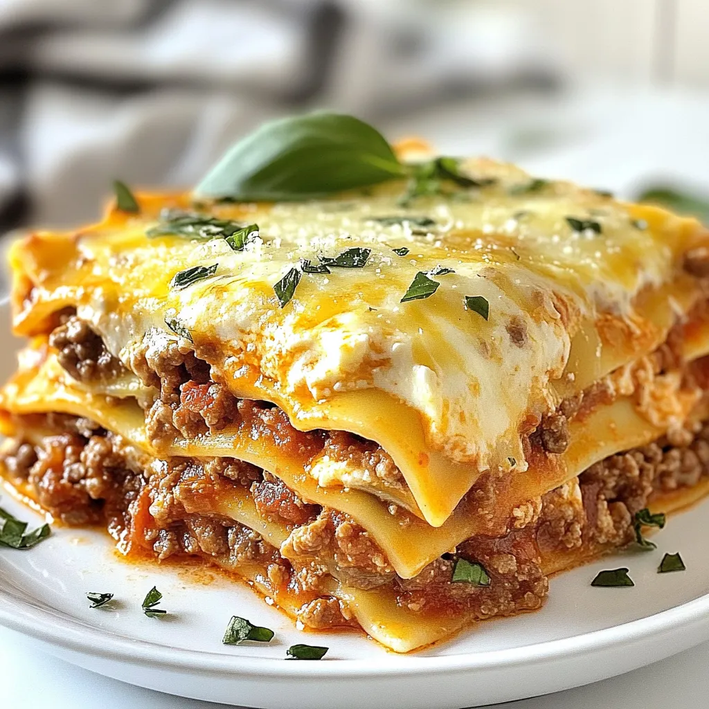 To make homemade lasagna, you will need the following ingredients: - 12 lasagna noodles - 1 pound ground beef - 1 onion, diced - 2 cloves garlic, minced - 1 can (28 oz) crushed tomatoes - 2 tablespoons tomato paste - 1 teaspoon dried basil - 1 teaspoon dried oregano - Salt and pepper to taste - 15 oz ricotta cheese - 1 egg - 3 cups shredded mozzarella cheese - 1 cup grated Parmesan cheese - Fresh basil leaves for garnish Each ingredient plays a key role in making your lasagna taste great. The noodles hold everything together. The ground beef adds a hearty flavor. The cheeses provide creaminess and richness. The herbs give the dish its fresh taste. You can customize your lasagna to fit your taste. Here are some optional ingredients you might consider: - Spinach for added nutrition - Zucchini slices for texture - Mushrooms for an earthy flavor - Italian sausage for more spice - Different cheeses like provolone or gouda - Bell peppers for a sweet crunch Feel free to mix and match these options. They can change the flavor and texture of your dish. You can also make it your own. If you can’t find certain ingredients, here are some good substitutes: - Ground turkey or chicken instead of beef - Canned tomatoes can be swapped with fresh tomatoes - Greek yogurt can replace ricotta cheese - Low-fat cheese options for a lighter meal - Whole wheat or gluten-free noodles These substitutes can help you keep cooking even if you’re missing an ingredient. Always feel free to make the recipe suit your needs. {{ingredient_image_1}} Start by boiling water in a large pot. Add the lasagna noodles and cook them until they are al dente. This usually takes about 8 to 10 minutes. Be careful not to overcook them. Once cooked, drain the noodles in a colander. Rinse them with cold water to stop the cooking process. Set the noodles aside on a clean surface or parchment paper. This helps prevent them from sticking together. In a skillet, heat some oil over medium heat. Add one pound of ground beef and cook it until it turns brown. Drain any extra fat from the skillet. Next, add one diced onion and two minced garlic cloves. Cook these until the onion becomes soft and clear. Then, add a can of crushed tomatoes and two tablespoons of tomato paste. Sprinkle in one teaspoon each of dried basil and oregano. Season this mixture with salt and pepper. Let it simmer on low for about 20 minutes. This allows all the flavors to blend well together. Grab a 9x13 inch baking dish. Start by spreading a thin layer of the meat sauce on the bottom. Place a layer of lasagna noodles on top of the sauce. Next, spread half of your ricotta cheese mixture over the noodles. Add one-third of the mozzarella cheese on top of the ricotta. Then, pour another layer of the meat sauce over the cheese. Repeat this process one more time. Finish with a final layer of noodles, topped with the last of the meat sauce, mozzarella, and grated Parmesan cheese. Cover the dish with aluminum foil, but make sure it does not touch the cheese. Bake in your preheated oven for 25 minutes. After that, remove the foil and bake for another 15 minutes until the cheese is bubbly and golden. Let the lasagna cool for about 10 to 15 minutes before slicing. Garnish with fresh basil leaves for a beautiful finish. To make a rich meat sauce, start by browning the ground beef. This step adds deep flavor. Drain any fat to keep your sauce from being greasy. Next, cook onions until they are soft and clear. This makes the sauce taste sweet. Add minced garlic for a nice aroma. Then, stir in crushed tomatoes and tomato paste. The paste thickens the sauce and adds depth. Use dried basil and oregano for flavor. Simmer the sauce for about 20 minutes. This lets all the flavors mix well. Taste and adjust with salt and pepper. For a creamy filling, mix ricotta cheese with one egg. This keeps the cheese smooth and helps it set. Add a pinch of salt for taste. The egg binds the cheese and gives a nice texture. When layering, don't skip the mozzarella. It melts beautifully and adds stretch. Make sure to spread the layers evenly. This way, every bite has a mix of flavors. For the top layer, use more mozzarella and some grated Parmesan. This creates a golden, bubbly finish. To save time, use no-boil lasagna noodles. They cook in the oven, cutting prep time. You can also make the meat sauce ahead of time. Store it in the fridge or freeze it for later. If you're short on time, layer your lasagna in a smaller dish. This makes it cook faster. Lastly, let the baked lasagna cool for just a few minutes before slicing. This helps the layers stay together when serving. Pro Tips Use Fresh Herbs: Fresh basil can elevate the flavor of your lasagna. Add some to the meat sauce or sprinkle on top before serving for a burst of freshness. Layering Technique: Ensure even cooking by staggering the lasagna noodles in each layer. This helps the layers meld together beautifully. Rest Before Serving: Allow your lasagna to sit for 10-15 minutes after baking. This resting time helps the layers set, making it easier to slice and serve. Customize Your Cheese: Feel free to mix different cheeses like provolone or fontina with mozzarella for a unique flavor profile. Experiment for your perfect blend! {{image_2}} For a hearty vegetarian lasagna, I skip the meat. I use layers of fresh veggies instead. Think zucchini, spinach, and bell peppers. You can sauté them with garlic for added flavor. Replace the meat sauce with a rich marinara sauce. Use the same layers of ricotta and mozzarella. This dish still packs a punch and pleases all. To make vegan lasagna, swap out dairy products for plant-based options. Use tofu instead of ricotta. Blend it with lemon juice and nutritional yeast for a creamy texture. Choose a vegan mozzarella or skip the cheese altogether. A rich tomato sauce with mushrooms adds depth. This version is just as tasty and kind to the planet. For gluten-free lasagna, I opt for gluten-free noodles. Many brands offer great options that mimic traditional pasta. You can also use thin slices of eggplant or zucchini as layers. Just ensure you salt the veggies to reduce moisture. This creates a lovely lasagna that keeps the flavors you love without the gluten. To store leftover lasagna, let it cool to room temperature. Place it in an airtight container. Make sure to cover the container tightly. This keeps the lasagna fresh for up to four days. If you plan to eat it later, store it in the fridge. Label the container with the date. This way, you know how long it has been there. Freezing lasagna is easy. First, let it cool completely. Cut it into portions if you want to reheat only some. Wrap each portion tightly in plastic wrap. Then, place the wrapped slices in a freezer-safe bag. Squeeze out as much air as you can. You can freeze lasagna for up to three months. Don’t forget to label the bag with the date! For reheating, the oven is best. Preheat your oven to 375°F (190°C). Place the lasagna in an oven-safe dish. Cover it with foil to keep moisture in. Heat for about 25 minutes or until hot. You can check the middle with a knife. If it’s warm there, it’s ready to eat! For a crispy top, remove the foil for the last 5 minutes. Enjoy your lasagna just like fresh! Yes, you can prepare lasagna ahead. Make it a day before and chill it in the fridge. Bake it the next day for a warm family meal. This helps the flavors blend well. Just add a few extra minutes to the baking time if it’s cold. To avoid soggy lasagna, cook the noodles until they are al dente. If you use wet ingredients, like fresh tomatoes, drain them first. Make sure to layer properly too. Start with a thin layer of sauce to keep the bottom from getting too wet. Common mistakes include overcooking noodles and using too much sauce. Not letting the lasagna rest before slicing is another mistake. This can make it fall apart. Always let it sit for 10-15 minutes after baking. This helps the layers hold up nicely. Making lasagna is simple and rewarding. We covered the key ingredients, cooking steps, and tips to enhance your dish. You can customize your lasagna for any diet, from vegetarian to gluten-free options. Storing and reheating leftover lasagna is easy with the right methods. Remember, practice is key to avoiding common mistakes. Try these techniques next time you cook. Your lasagna will surely impress friends and family. Enjoy your cooking journey and share your tasty creations!