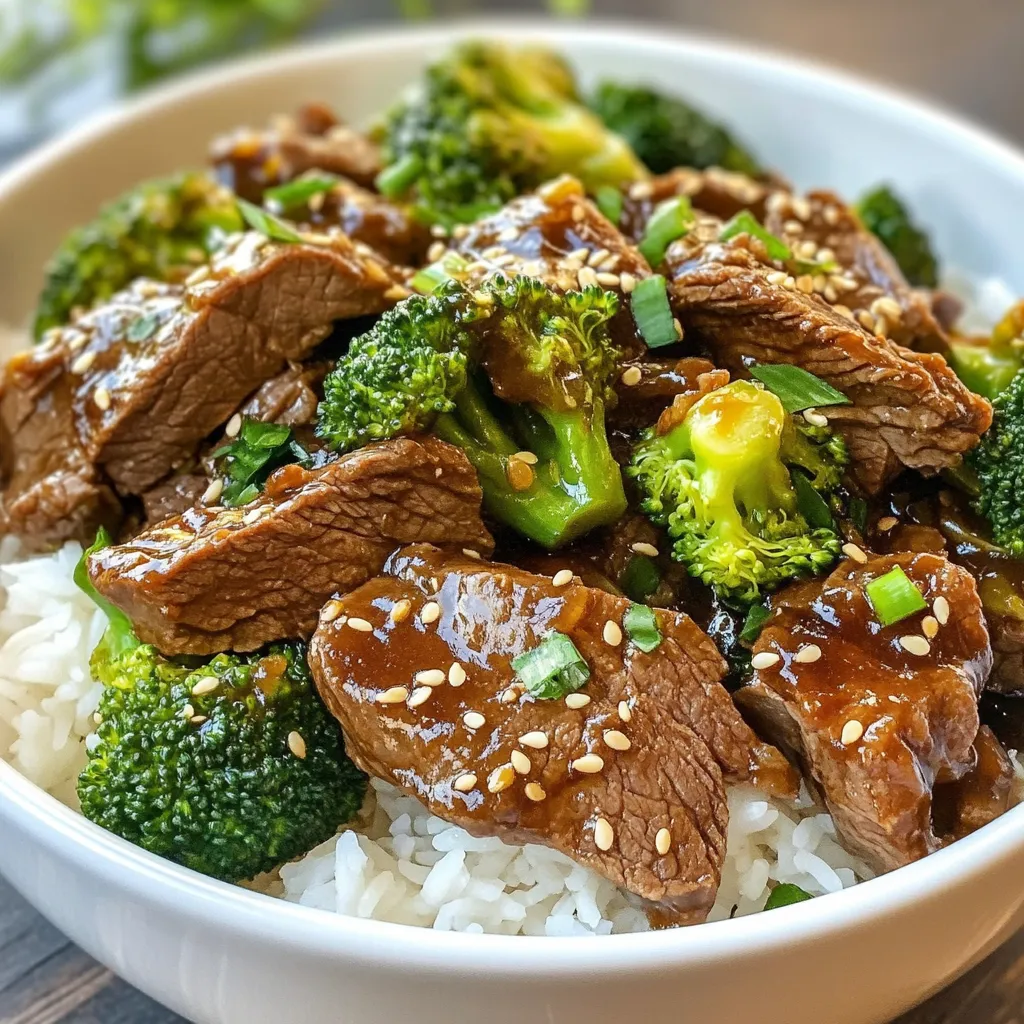 - 1.5 lbs flank steak, sliced against the grain - 2 cups broccoli florets - 1 cup beef broth - ¼ cup soy sauce (or tamari for gluten-free) - 2 tablespoons brown sugar - 2 tablespoons cornstarch (plus 1 tablespoon for thickening) - 1 tablespoon garlic, minced - 1 tablespoon ginger, minced - 2 tablespoons sesame oil - 1 tablespoon sesame seeds (for garnish) - Cooked rice or noodles (for serving) For this dish, I love using flank steak. It has great flavor and gets very tender in the crockpot. The broccoli brings a nice crunch and bright color. The beef broth adds depth. Soy sauce or tamari gives it that rich umami taste. Brown sugar rounds out the flavors, making it sweet and savory. Don't forget the cornstarch! It helps to thicken the sauce. Garlic and ginger are must-haves for a punch of flavor. Sesame oil adds a lovely nuttiness. Finally, sesame seeds make the dish look pretty when you serve it over rice or noodles. {{ingredient_image_1}} - Slicing the flank steak: Start with 1.5 lbs of flank steak. Slice it against the grain into thin strips. This helps the beef stay tender. - Measuring out liquids and seasonings: In a bowl, measure 1 cup of beef broth and ¼ cup of soy sauce. Add 2 tablespoons of brown sugar, 1 tablespoon of minced garlic, and 1 tablespoon of minced ginger. Finally, pour in 2 tablespoons of sesame oil. Whisk these together until well mixed. - Layering ingredients in the crockpot: Place the sliced flank steak at the bottom of the crockpot. Pour the sauce mixture over the beef. Make sure all the meat is coated well. - Cooking times for low and high settings: Cover the crockpot. Cook on low for about 6-7 hours. If you're short on time, cook on high for 3-4 hours. The beef should be tender when done. - Thickening the sauce with cornstarch: About 30 minutes before the dish is ready, mix 1 tablespoon of cornstarch with 2 tablespoons of water. This creates a slurry. Stir it into the crockpot. This will help thicken the sauce. - Adding broccoli at the right time: Add 2 cups of broccoli florets to the crockpot during the last 15 minutes. Stir gently to combine. Cover again to let the broccoli steam and become tender. Marinating the beef makes a big difference. I suggest marinating it for at least an hour. You can mix soy sauce, garlic, ginger, and a bit of brown sugar. This helps the beef soak up all the great flavors. Adjust the sweetness by adding more or less brown sugar. If you prefer a sweeter taste, add a little more. To avoid mushy broccoli, add it near the end of cooking. I recommend adding broccoli florets in the last 15 minutes. This keeps them bright and crisp. For the best sauce, use cornstarch to thicken it. Mix one tablespoon of cornstarch with water to make a slurry. Stir this into the sauce about half an hour before it's done. This gives you a nice, thick sauce. Cooked rice or noodles go great with this dish. They soak up the sauce well. For a touch of color, sprinkle sesame seeds on top. You can also add chopped green onions for a fresh look. Serve it all in deep bowls for a cozy feel. A drizzle of extra sesame oil adds flavor and shine. Pro Tips Cutting the Beef: Always slice the flank steak against the grain for maximum tenderness. Broccoli Timing: Add the broccoli during the last 15 minutes to retain its bright color and crunch. Thickening the Sauce: For a thicker sauce, allow the cornstarch slurry to simmer for a few minutes after adding it to the crockpot. Serving Suggestions: Pair with jasmine rice or udon noodles for a more authentic Asian-inspired meal. {{image_2}} You can switch flank steak with chicken or tofu. Chicken will cook fast. Use boneless, skinless chicken thighs or breasts. For tofu, choose firm or extra-firm. Cut it into cubes for the best texture. Adjust your cooking time based on the protein. Cook chicken on low for 4-5 hours or high for 2-3 hours. Tofu needs less time. Cook it on low for about 3 hours. Add fun veggies to your dish! Bell peppers bring sweetness, while carrots add crunch. Slice them thin to cook well in the crockpot. You can mix them in at the same time as broccoli. Want more heat? Add chili flakes or a splash of sriracha. Start with a small amount, then taste. You can always add more if you like it spicy! Make this dish gluten-free easily. Swap soy sauce for tamari. It has the same great taste without gluten. For low-sodium options, use low-sodium beef broth and soy sauce. You can also cut back on the brown sugar for a healthier twist. If you want it low-carb, skip the rice or noodles and serve it over steamed veggies instead. After enjoying your beef and broccoli, store any leftovers properly. Here are some best practices: - Refrigeration: Place the cooled dish in an airtight container. This keeps the food fresh for up to 3-4 days. Always label your container with the date. - Freezing: If you want to keep it longer, freeze the leftovers. Use freezer-safe bags or containers. Properly sealed, it can last up to 3 months. Make sure to remove as much air as possible to prevent freezer burn. When it's time to enjoy your leftovers, you have a couple of easy options. - Microwave: This method is quick and simple. Place your portion in a bowl. Cover it loosely with a lid or wrap. Heat for 1-2 minutes, stirring halfway. Check that it is hot all the way through. - Stovetop: For better texture, use the stovetop. Place your beef and broccoli in a pan over medium heat. Stir it gently. Add a splash of water or broth if it seems dry. Heat for about 5-7 minutes until warmed through. Keep these tips in mind to ensure your dish stays flavorful and enjoyable! Crockpot Beef and Broccoli takes 6-7 hours on low and 3-4 hours on high. Cooking on low gives the beef more time to become tender. If you're in a hurry, high will still yield great results. Yes, you can use frozen broccoli. However, it may change the texture. It can make the broccoli softer. If using frozen, add it during the last 15-20 minutes of cooking. This helps it warm through without getting too mushy. Crockpot Beef and Broccoli pairs well with several sides. Here are some ideas: - Steamed rice: White or brown rice absorbs the sauce well. - Noodles: Rice noodles or egg noodles are great choices. - Vegetable stir-fry: Lightly stir-fried veggies can add freshness. - Salad: A simple green salad can balance the meal. These options enhance your meal's flavor and texture. This blog post guided you through making Crockpot Beef and Broccoli. We covered key ingredients, step-by-step preparation, and cooking tips. You learned how to adjust flavors and textures to enhance the dish. We also discussed variations for different diets and the best storage solutions. Now you can create a delicious meal with ease. Enjoy your cooking and share this flavorful dish with friends!