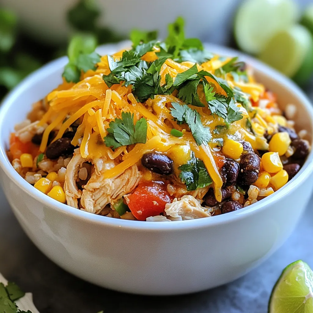 - 1 lb boneless, skinless chicken breasts - 1 cup brown rice - 1 (15 oz) can black beans, drained and rinsed - 1 (15 oz) can corn, drained - 1 medium red bell pepper, diced - 1 medium onion, diced - 2 cloves garlic, minced - 1 (14.5 oz) can diced tomatoes with green chilies - 1 tablespoon olive oil These main ingredients form the heart of your burrito bowls. The chicken provides a tasty base, while the rice adds substance. The beans and corn offer fiber and texture. Fresh veggies like bell pepper and onion add crunch and zing. - 1 tablespoon chili powder - 1 teaspoon cumin - 1 teaspoon paprika - 1 teaspoon onion powder - Salt and pepper to taste The spices bring warmth and depth. Chili powder adds heat, while cumin gives an earthy note. Paprika lends a hint of sweetness. Onion powder boosts the overall flavor, and salt and pepper tie it all together. - 1 cup shredded cheddar cheese - Fresh cilantro, for garnish - Lime wedges, for serving Garnishes bring your dish to life. The cheese melts over the hot chicken, adding creaminess. Cilantro adds freshness and color. A squeeze of lime brightens every bite, making each bowl pop with flavor. {{ingredient_image_1}} To start, place the chicken breasts at the bottom of the slow cooker. This helps keep the meat moist. Next, rinse the brown rice under cold water. Once the water runs clear, layer the rice over the chicken. This will absorb the flavors. Now, add the black beans and corn on top of the rice. Then, toss in the diced red bell pepper, onion, and minced garlic. These veggies add great taste and color. Finally, pour the can of diced tomatoes over all the ingredients. The juices will make everything delicious. In a small bowl, mix the chili powder, cumin, paprika, onion powder, salt, and pepper. This blend gives the dish a nice kick. Sprinkle this spice mix evenly over the ingredients in the slow cooker. Next, drizzle the olive oil over the top. This adds richness and flavor to the meal. Cover the slow cooker with its lid. Set it to low for 6-7 hours or high for 3-4 hours. Make sure the chicken reaches 165°F (74°C) inside. Once cooked, carefully take out the chicken. Use two forks to shred it into bite-sized pieces. Return the shredded chicken to the slow cooker and mix everything well. This ensures every bite is full of flavor. After that, serve the burrito bowls in deep bowls. Top with shredded cheddar cheese and garnish with fresh cilantro. Add a lime wedge on the side for a zesty finish. Enjoy your tasty creation! - Ensure chicken reaches 165°F for safe eating. Use a food thermometer for accuracy. - Different slow cookers heat at different rates. Adjust cooking time as needed. - If using a newer model, it might cook faster than older ones. - Layer your burrito bowls for a vibrant look. Use deep bowls to show off colors. - Serve in bowls that showcase the layers. Clear glass bowls work well. - Top with fresh cilantro for a pop of green and a squeeze of lime. - Try different cheese options like Monterey Jack or pepper jack for a kick. - Add toppings like avocado, sour cream, or diced jalapeños for more flavor. - Fresh herbs like cilantro or parsley brighten up the dish. Pro Tips Use Frozen Chicken: Frozen chicken breasts can be used directly in the slow cooker without thawing, making prep even easier. Customize the Veggies: Feel free to add or substitute with your favorite vegetables such as zucchini or spinach for extra nutrition. Spice It Up: Adjust the spice levels by adding jalapeños or chipotle peppers for a smoky heat that enhances the flavors. Make It Ahead: This dish can be made a day in advance; simply store in the fridge and reheat for a quick meal. {{image_2}} You can easily swap chicken for tofu or tempeh. Both are great sources of protein. Tofu absorbs flavors well, making it a tasty choice. Tempeh has a nutty taste and adds texture. You can also add more veggies to the mix. Try zucchini, carrots, or spinach for extra color and nutrients. This makes your bowl even more filling and healthy. For a gluten-free meal, use gluten-free grains. Quinoa or cauliflower rice works well. They provide a nice base without any gluten. Always check labels on canned goods to avoid hidden gluten. This ensures your meal stays safe and delicious for everyone. Do you like it hot? You can adjust the spice in your burrito bowls. Add more chili powder or sprinkle in some cayenne pepper. This gives the dish a nice kick. If you want more heat, mix in hot sauce or chopped jalapeños. Just be careful; start with a little and taste as you go. You can always add more heat later! To keep your Slow Cooker Chicken Burrito Bowls fresh, follow these steps: - Let the dish cool down to room temperature. - Use airtight containers to store the leftovers. - Refrigerate within two hours of cooking to prevent bacteria growth. - Enjoy the leftovers within 3 to 4 days for the best taste. To reheat your burrito bowls without losing flavor, I suggest these methods: - Microwave: Place servings in a bowl. Cover with a damp paper towel. Heat for 1-2 minutes, stirring halfway. - Stovetop: Heat in a pan over medium heat, stirring often until warmed through. This keeps the texture nice. Freezing your burrito bowls makes for a quick meal later. Here’s how to do it right: - Divide the dish into portions. Use freezer-safe containers or bags. - Label each container with the date for easy tracking. - Freeze for up to three months for the best quality. - To defrost, place the container in the fridge overnight. Reheat as mentioned above for the best results. You can store these burrito bowls in the fridge for up to four days. Keep them in an airtight container. This helps keep the flavors fresh. Make sure to reheat them well before eating. Yes, you can cook this on the stovetop. Use a large pot and add all the ingredients. Bring it to a boil, then lower the heat. Let it simmer for about 30-40 minutes. Make sure the chicken reaches 165°F (74°C) before serving. Burrito bowls taste great with: - Tortilla chips with salsa - A simple green salad - Mexican corn salad - Guacamole These sides enhance the meal and add more flavors. Absolutely! Brown rice works well in many slow cooker recipes. It adds a nutty flavor and is healthy. Just remember to adjust cooking times. Brown rice takes longer to cook than white rice. To lower the calories, try these tips: - Use skinless chicken thighs instead of breasts. - Reduce the amount of cheese or skip it. - Add more vegetables and less rice. These changes make the dish lighter without losing taste. This blog post covers a delicious slow cooker chicken burrito bowl. We discussed the key ingredients, including chicken, rice, beans, and spices. Each step, from preparation to cooking, sets you up for success. Tips enhance flavor and presentation, while variations cater to different diets. Lastly, we shared storage and reheating guidelines for leftovers. In conclusion, this recipe offers convenience and taste. You can easily customize it to suit your needs. Enjoy the process and the meal with family and friends. Happy cooking!