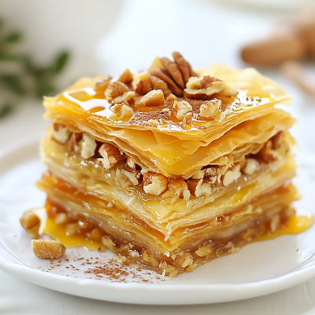 - 1 cup honey - 1 cup walnuts, finely chopped - 1 cup almonds, finely chopped - 1 package phyllo dough (approximately 16 oz), thawed - 1 cup unsalted butter, melted - Extra chopped nuts for topping - Cinnamon for garnishing - Baking dish - Mixing bowls - Saucepan For my Greek Honey Pie, I use simple yet rich ingredients. Honey gives it sweetness and warmth. Walnuts and almonds add a nice crunch and flavor. Phyllo dough creates a flaky texture that everyone loves. Butter brings it all together, keeping the layers rich and moist. You can also add extra nuts on top for a lovely finish. A sprinkle of cinnamon can enhance its warm taste. To make this pie, you will need a sturdy baking dish. Mixing bowls help to blend your nut filling. A saucepan is key for making the sweet syrup that soaks into the pie. Gather these ingredients and tools, and you’re ready to create this delicious dessert! {{ingredient_image_1}} 1. Preheat your oven to 350°F (175°C). This helps the pie cook evenly. 2. Grease a deep baking dish with some melted butter. This stops the pie from sticking. 3. Unfold the phyllo dough and cover it with a damp towel to keep it moist. Place one sheet in the dish and brush it with melted butter. 4. Repeat this layering process with 6 to 8 sheets of phyllo. Each layer should be brushed with butter. 1. In a bowl, mix the chopped walnuts, chopped almonds, ground cinnamon, and vanilla extract. Spread half of this nut mixture over the phyllo. 2. Add 3 to 4 more sheets of phyllo on top, buttering each layer. 3. Once you have layered about 6 to 8 more sheets, add the rest of the nut mixture. 4. Finish with more phyllo layers, using the same method until you've used all your phyllo. Make sure the top has about 6 sheets. 1. For the syrup, gather these ingredients: - 1 cup honey - ½ cup sugar - ¼ cup water - 1 teaspoon lemon juice 2. In a saucepan, combine all these ingredients. Heat the mixture until it gently boils. 3. Simmer for about 10 minutes until it thickens a little. Let it cool. 1. Before baking, cut the pie into diamond or square shapes. 2. Bake for 35 to 40 minutes until the top is golden brown and crispy. 3. Once baked, immediately pour the cooled syrup over the pie. This allows the syrup to soak in well. 4. Let the pie sit for at least 30 minutes before serving. This waiting time helps the flavors blend. To get the best phyllo layers, you must keep the dough moist. When you take it out, cover it with a damp towel. This stops it from drying out while you work. Buttering each layer is key. Use a brush to spread melted butter evenly on each sheet. This adds flavor and helps the layers stay crispy. To make the syrup just right, you want it thick but not sticky. Simmering it for about ten minutes works well. Stir it often to avoid burning. Once it thickens, let it cool before pouring it over the pie. This cooling step is very important. It helps the syrup soak into the pie better. When it comes to plating, presentation matters. Use a bright plate to make the pie stand out. You can garnish it with whole nuts on top and a sprinkle of cinnamon. This adds a nice touch and makes it look fancy. For the best experience, serve it with a scoop of vanilla ice cream or a dollop of whipped cream. Pro Tips Use Fresh Nuts: For the best flavor, use fresh walnuts and almonds. Toasting them lightly before adding to the mixture can enhance their nuttiness. Layering Technique: Ensure each layer of phyllo dough is brushed generously with melted butter to achieve a flaky and crispy texture throughout the pie. Cool the Syrup: Allow the honey syrup to cool before pouring it over the hot pie. This helps the syrup soak in better, resulting in a moister dessert. Presentation Matters: For an elegant touch, garnish the pie with a sprinkle of cinnamon and extra chopped nuts before serving. {{image_2}} You can change the nuts in Greek Honey Pie. Try using pistachios or pecans instead of walnuts and almonds. - Pistachios: These add a lovely green color and a unique taste. - Pecans: Their buttery flavor brings a different richness. You can also mix different nuts. Combining walnuts, almonds, and pistachios gives a fun texture. This makes each bite exciting and full of flavor. To make this pie more flavorful, add orange zest or spices like nutmeg. - Orange Zest: This brightens the dish with a fresh aroma. - Spices: Nutmeg or cardamom can add warmth and depth. You can also infuse the syrup with herbs. Rosemary or thyme adds a nice twist. Just simmer the herbs in your syrup for the last few minutes of cooking. This will give your honey syrup an aromatic boost. If you need a gluten-free version, use gluten-free phyllo dough. Many stores carry it now. - Substitution: Make sure to follow the same layering method as regular phyllo. - Baking: Check the baking time, as gluten-free dough may cook faster. Try these variations to make the Greek Honey Pie your own. Each change can make it special and delightful. To keep your Greek Honey Pie fresh, store it in the fridge. Place it in an airtight container or cover it tightly with plastic wrap. This helps prevent it from drying out. You can enjoy it for about 5 to 7 days after baking. If you want to freeze the pie, wrap it well in plastic wrap. Then, place it in a freezer-safe bag or container. This keeps it safe from freezer burn. The pie can last up to 3 months in the freezer. When you're ready to eat, let it thaw in the fridge overnight. To reheat the pie, preheat your oven to 350°F (175°C). Place the pie on a baking sheet. Cover it with foil to avoid burning the top. Heat it for about 15-20 minutes. This method keeps the crust crispy and the filling warm. Enjoy your delicious dessert like it's fresh out of the oven! Yes, you can make Greek Honey Pie ahead of time. Prepare the pie and bake it. Let it cool completely. Then, cover it well with plastic wrap. Store it in the fridge for up to three days. To serve, simply pour the syrup over it just before slicing. This keeps it fresh and tasty. Baklava and Greek Honey Pie share some ingredients but differ in structure. Baklava has more layers of phyllo and usually includes honey syrup between layers. Greek Honey Pie has fewer layers and a thick nut filling. The nut mixture is the star here, while baklava focuses more on the phyllo texture. Greek Honey Pie lasts about three days when stored in the fridge. Keep it covered to prevent it from drying out. If you leave it at room temperature, consume it within two days. The honey syrup helps keep it moist, but it’s best fresh. Absolutely! You can change the nuts to suit your taste. Try pistachios or hazelnuts for a different flavor. You can also mix nuts for a unique crunch. Just keep the total amount the same, about two cups of nuts. This way, you still maintain the pie's texture and taste. In this post, I shared how to make a delicious Greek Honey Pie. You learned about the key ingredients like honey, nuts, and phyllo dough. I provided easy steps for preparing, baking, and making syrup. Plus, I included tips for perfect layers and tasty variations like gluten-free options. With these insights, you can create a perfect dessert for any occasion. Enjoy experimenting, and I hope your pie turns out amazing!