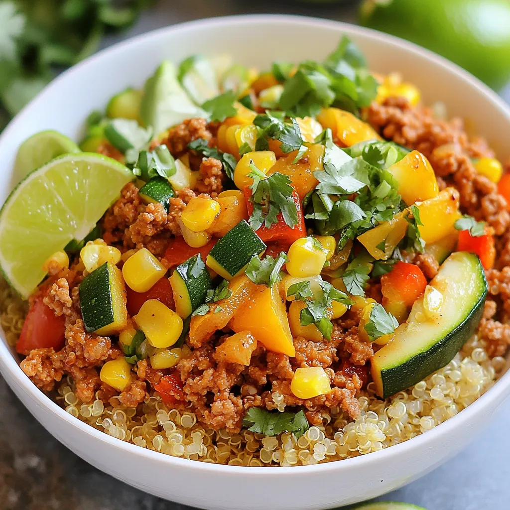 - 1 lb ground chicken - 1 cup cooked quinoa - 1 cup bell peppers (red and yellow), diced - 1 small zucchini, diced - ½ cup corn kernels (fresh or frozen) Ground chicken is lean and cooks quickly. It absorbs flavors well, making it ideal for this dish. Cooked quinoa adds a nutty taste and provides fiber. Fresh vegetables like bell peppers, zucchini, and corn add crunch and color. These ingredients make the bowl healthy and satisfying. - 2 tablespoons soy sauce (or tamari for gluten-free) - 1 tablespoon sesame oil - 1 tablespoon fresh ginger, grated - 2 cloves garlic, minced - Salt and pepper to taste Soy sauce gives a salty, umami flavor. Tamari is a great gluten-free choice. Sesame oil adds richness and a nutty aroma. Fresh ginger and garlic bring warmth and depth. Salt and pepper enhance all the flavors. These seasonings make the meal pop. - 2 green onions, chopped - Fresh cilantro, for garnish - Lime wedges, for serving Chopped green onions add a fresh crunch. Fresh cilantro gives a burst of color and flavor. Lime wedges add brightness to each bite. These garnishes elevate the dish, making it look and taste amazing. Enjoy your meal with these finishing touches! {{ingredient_image_1}} To start, I heat 1 tablespoon of sesame oil in a large skillet over medium heat. Then, I add 2 cloves of minced garlic and 1 tablespoon of grated ginger. I sauté these for 1-2 minutes until they smell amazing. The garlic and ginger make the dish taste great and give it a nice aroma. Next, I add 1 pound of ground chicken to the skillet. Using a spatula, I break it up and cook it. I keep stirring until the chicken turns brown and is fully cooked, which takes about 5-7 minutes. I season it with salt and pepper to bring out the flavor. After the chicken is cooked, I stir in 1 cup of diced bell peppers, 1 small diced zucchini, and ½ cup of corn. I let these cook for 4-5 minutes. This step helps the vegetables soften just a bit. Then, I pour 2 tablespoons of soy sauce over the mixture and stir well. I let it cook for another 1-2 minutes to mix the flavors. Now it’s time to assemble the bowls! I place a serving of 1 cup of cooked quinoa at the bottom of each bowl. Then, I top it with the savory ground chicken mixture. Lastly, I garnish with chopped green onions and fresh cilantro. I also serve lime wedges on the side for an extra burst of flavor. This final touch adds brightness to the dish and makes it look beautiful. - Ensuring even cooking: Cook ground chicken over medium heat. This helps it brown nicely. Stir often to break it up. This way, you avoid any raw spots. - Tips for seasoning: Season early. Add salt and pepper to the chicken as it cooks. This helps the flavors blend well. For a kick, try adding some chili flakes or a dash of soy sauce while it cooks. - Storing cooked ingredients: Let the chicken mixture cool before storing. Use airtight containers. It keeps well in the fridge for up to three days. For longer storage, you can freeze it. - Reheating tips: Reheat on the stove for the best taste. Add a splash of water or broth to keep it moist. You can also use the microwave. Heat in short bursts to avoid overcooking. - Ideal pairing options: Serve your ground chicken over quinoa for a healthy base. You can also use brown rice or cauliflower rice for variety. Add fresh lime wedges for a zesty finish. Top with extra veggies or avocado for a colorful bowl. Pro Tips Use Fresh Ingredients: Opt for fresh bell peppers and zucchini to enhance the flavor and texture of your dish. Customize Your Veggies: Feel free to swap in any vegetables you have on hand, like spinach or carrots, for added variety. Perfectly Cooked Quinoa: Rinse quinoa before cooking to remove bitterness and ensure a fluffy texture. Enhance with Spices: Consider adding spices like paprika or chili flakes for an extra depth of flavor. {{image_2}} You can make your ground chicken bowls exciting by adding different vegetables. Try carrots, snap peas, or broccoli for a crunch. Each veggie adds a new taste and color. You can also switch up the sauces. Instead of soy sauce, use teriyaki for a sweet twist. A drizzle of spicy mayo adds heat and flavor. If you want variety, use turkey or beef instead of chicken. Both meats cook well and blend nicely with the veggies. For a vegetarian option, try tofu or tempeh. Press the tofu to remove excess water for better texture. Crumble or cube it, then follow the same steps as for chicken. While quinoa is great, you can use brown rice for a heartier bowl. Cauliflower rice is a low-carb choice if you want to lighten it up. Both options work well and soak up the flavors. To keep your ground chicken bowls fresh, use airtight containers. Let the food cool before sealing. Place the leftovers in the fridge. They stay safe for up to three days. When you’re ready to eat, just reheat the portion you want. You can freeze the ground chicken bowls too. Divide the meal into individual portions. Use freezer-safe containers or bags. Make sure to label them with the date. For best results, eat within three months. To thaw, move the container from the freezer to the fridge the night before. This method helps keep the food safe and tasty. If you need it faster, you can use the microwave. Just make sure to heat it until it’s hot all the way through. In the fridge, ground chicken bowls last about three days. If you freeze them, they can last up to three months. Always check for any signs of spoilage before eating, like a strange smell or color. Yes, you can make Ground Chicken Bowls ahead of time. This is great for meal prep. Cook the chicken and veggies as planned. Let them cool before storing. Place them in airtight containers. You can keep them in the fridge for up to four days. When you are ready to eat, just reheat the mixture. Serve it over fresh quinoa. This saves time on busy nights. If you want to swap quinoa, try brown rice. It has a nutty taste and works well. You can also use cauliflower rice for a low-carb option. It cooks quickly and adds great texture. Another option is farro, a chewy grain that adds depth. Each substitute brings a different flavor. Choose what you like best. Yes, this recipe can be gluten-free. Just use tamari instead of soy sauce. Tamari is a gluten-free soy sauce that tastes great. Always check labels to ensure no gluten in other ingredients. This way, you can enjoy the dish without worry. Gluten-free options let everyone join in on the fun! Ground chicken bowls are tasty and easy to make. You start with ground chicken, quinoa, and fresh veggies. Season them with soy sauce, sesame oil, ginger, and garlic. Then, serve with green onions, cilantro, and lime. Use my cooking tips for great results. You can switch up flavors and ingredients, making these bowls your own. Store leftovers properly to enjoy later. Now, get cooking and have fun exploring different combinations! Your perfect ground chicken bowl awaits.