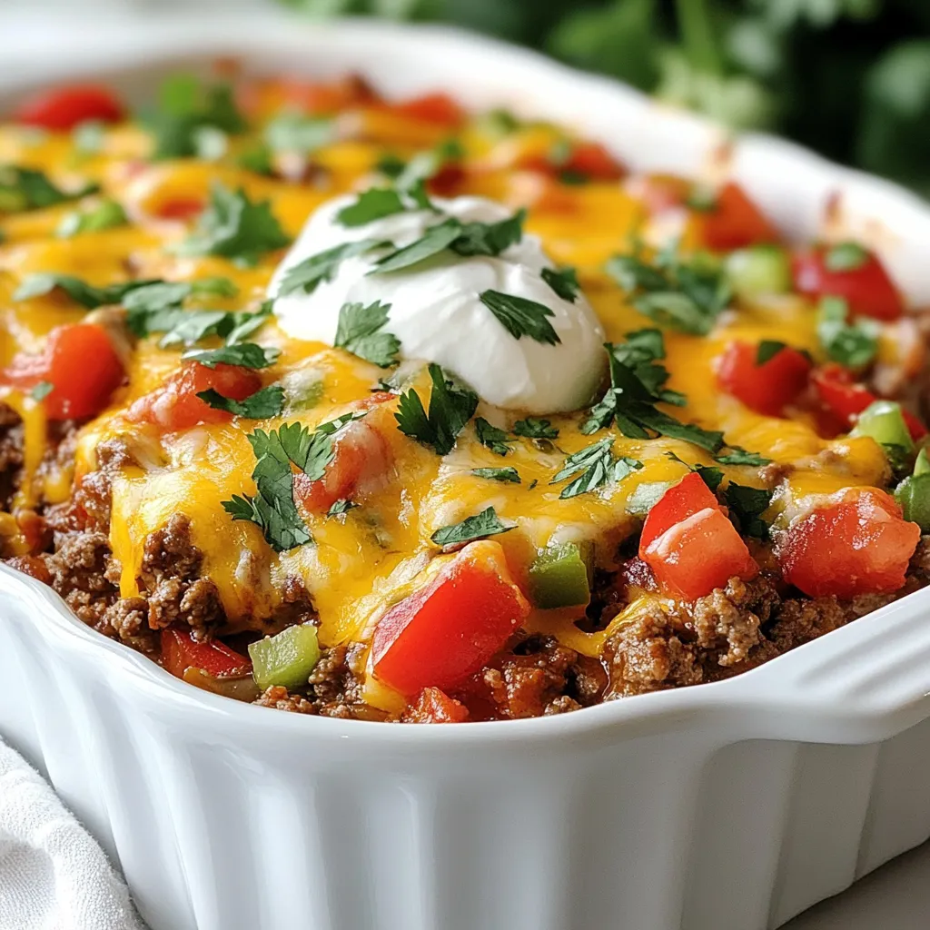 To make a tasty Keto Mexican Casserole, you need these simple ingredients: - 1 lb ground beef or turkey - 1 small onion, diced - 2 cloves garlic, minced - 1 cup bell peppers, diced (any color) - 1 can (14 oz) diced tomatoes (no added sugars) - 1 can (4 oz) green chilies, diced - 1 teaspoon chili powder - 1 teaspoon cumin - 1 teaspoon paprika - Salt and pepper to taste - 2 cups cauliflower rice (fresh or frozen) - 1 cup shredded Mexican cheese blend - ½ cup sour cream (for serving) - Fresh cilantro for garnish These ingredients make the dish filling and flavorful. You can use either ground beef or turkey based on your taste. The diced tomatoes add moisture while the green chilies give a nice kick. I love using fresh bell peppers for color and crunch. The spices like chili powder, cumin, and paprika bring warmth and depth to the casserole. Cauliflower rice keeps it low-carb and adds a great texture. Don’t forget to top it with shredded cheese for that gooey goodness! Sour cream adds creaminess when you serve it, and fresh cilantro gives a fresh pop of flavor. With these ingredients, you’re set to create a delicious meal that is both easy and satisfying. {{ingredient_image_1}} Start by gathering all your ingredients. You will need: - 1 lb ground beef or turkey - 1 small onion, diced - 2 cloves garlic, minced - 1 cup bell peppers, diced (any color) - 1 can (14 oz) diced tomatoes (no added sugars) - 1 can (4 oz) green chilies, diced - 1 teaspoon chili powder - 1 teaspoon cumin - 1 teaspoon paprika - Salt and pepper to taste - 2 cups cauliflower rice (fresh or frozen) - 1 cup shredded Mexican cheese blend - ½ cup sour cream (for serving) - Fresh cilantro for garnish Make sure to wash your veggies well. Chop the onion, garlic, and bell peppers. Heat a large skillet over medium heat. Add the ground beef or turkey. Cook it until it turns brown. Use a spatula to break it up as it cooks. After the meat is brown, add the diced onion and minced garlic. Cook for about 3 to 4 minutes. The onion should become soft and clear. Next, add the diced bell peppers, diced tomatoes, and green chilies. Stir everything together. Season the mix with chili powder, cumin, paprika, salt, and pepper. Cook for another 5 minutes until it heats through. In a large bowl, mix the cooked meat and veggie mix with the cauliflower rice. Stir well to combine all the flavors. Next, grease a 9x13-inch baking dish. Spoon the mix into the dish evenly. Now, sprinkle the shredded Mexican cheese blend over the top. This cheese will melt and create a delicious crust. Preheat your oven to 350°F (175°C). Once ready, place the casserole in the oven. Bake for 20 to 25 minutes. You want the cheese to melt and bubble up nicely. When it's done, take it out of the oven. Let the casserole cool for a few minutes. Serve warm with a dollop of sour cream on top. Garnish with fresh cilantro for a nice touch. Enjoy your meal! To get the best texture, start with fresh ingredients. Use fresh cauliflower rice if you can. It adds a nice crunch. If you prefer frozen, make sure to drain any excess moisture. This keeps your casserole from getting soggy. Cook your meat until it is just browned. This helps keep it tender. Mixing the meat with the veggies well is key. It ensures every bite is full of flavor. When it’s time to serve, don’t skip the sour cream! It adds creaminess and a nice tang. Fresh cilantro on top gives it a fresh taste. You can also add sliced avocado or jalapeños for a kick. Serve it hot right from the oven for the best flavor. You can even use tortilla chips for a crunchy side. For low-carb sides, try a simple salad. A mix of greens with lime dressing works well. Roasted asparagus or zucchini also pairs nicely. You can serve it with a side of guacamole to enhance the flavors. These sides keep your meal light while adding more color. Enjoy your flavorful meal with these tasty sides! Pro Tips Choose Lean Meat: Opt for lean ground beef or turkey to keep the casserole light and healthy, reducing excess fat without sacrificing flavor. Customize Your Veggies: Feel free to add or substitute other vegetables like zucchini or mushrooms for additional nutrition and flavor diversity. Make Ahead: Prepare the casserole in advance and store it in the fridge. Bake it when ready for a quick, satisfying meal. Spice It Up: Adjust the spice levels by adding more chili powder or a pinch of cayenne pepper for those who enjoy a bit of heat. {{image_2}} To make a vegetarian version, swap out the meat. Use 2 cups of mixed beans instead. Black beans or pinto beans work well. You can also add more vegetables. Consider using zucchini, mushrooms, or spinach. These will add texture and flavor. Keep the spices the same for that great taste. The cheese and sour cream will still make it creamy. If you want to skip dairy, try coconut cream. It can replace sour cream. For cheese, use a dairy-free cheese blend. Nutritional yeast is a great way to add a cheesy flavor. You can also use cashew cream for a rich taste. It gives a creamy texture without dairy. Just make sure to check the labels for hidden sugars. For a lighter option, use ground chicken or turkey. Both work nicely in this dish. You can also try plant-based meats. These can give you the same texture as beef. Make sure to season them well. The spices bring out the best flavors in any meat substitute. Adjust cooking times as needed for different meats. To store leftovers, let the casserole cool down. Place it in an airtight container. It will keep in the fridge for about three to four days. Make sure to cover it well. This keeps the flavors fresh and tasty. When you’re ready to enjoy the leftovers, preheat your oven to 350°F (175°C). Place the casserole in an oven-safe dish. Cover it with foil to prevent drying. Heat for about 15-20 minutes or until warm. You can also use the microwave. Just heat it for one to two minutes at a time. You can freeze the casserole for later use. First, let it cool completely. Then, cut it into servings. Wrap each piece tightly in plastic wrap. Place the wrapped pieces in a freezer-safe bag. This helps keep them fresh for up to three months. When you want to eat it, thaw it overnight in the fridge. Then reheat as mentioned above. Enjoy your meal anytime! This Keto Mexican Casserole is low in carbs and high in protein. Each serving has about 300 calories. It also contains around 20 grams of protein and only 6 grams of carbs. The fat content is about 22 grams, making it great for a keto diet. You get a good amount of fiber from the cauliflower and veggies too. Yes, you can use fresh cauliflower! Just chop it into small pieces. If you want, you can pulse it in a food processor. This will make it more rice-like. Fresh cauliflower gives a nice crunch to the dish. Just remember to cook it a bit longer if you like it softer. To spice it up, add more chili powder or diced jalapeños. You can also use spicy salsa instead of regular diced tomatoes. Another option is to sprinkle red pepper flakes on top before baking. Adjust the heat to your liking for a tasty kick! Absolutely! This casserole is perfect for meal prep. You can make it ahead of time and store it in the fridge for up to four days. Just reheat it in the oven or microwave when you are ready to eat. It keeps its flavor and texture well, making it a great choice for busy days. This blog post covers a tasty Keto Mexican casserole. We reviewed its key ingredients and detailed steps. You learned tips for perfecting the dish and even explored variations. Storing leftovers and reheating methods help you enjoy it later. In summary, this dish is simple, delicious, and flexible for your needs. Try it out and enjoy a flavorful meal that fits your lifestyle. Create your perfect casserole today!