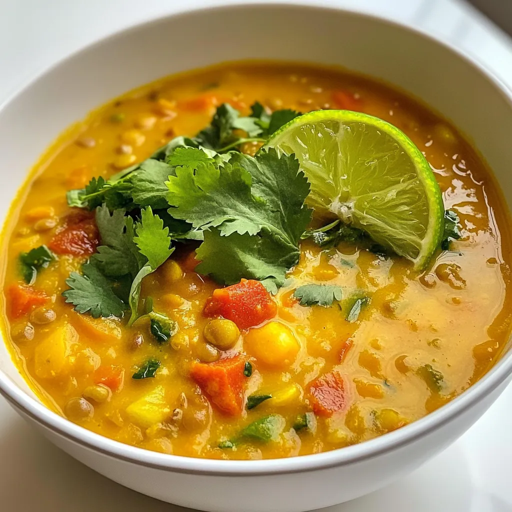 - 1 cup dried green or brown lentils, rinsed - 1 tablespoon coconut oil - 1 medium onion, diced - 3 cloves garlic, minced - 1 tablespoon fresh ginger, minced - 1 can (14 oz) coconut milk - 4 cups vegetable broth - 1 medium carrot, diced - 1 red bell pepper, diced The heart of my Coconut Curry Lentil Soup lies in the lentils. They provide a great texture and protein. I prefer using green or brown lentils because they hold their shape well. Coconut oil is key for sautéing the aromatics. The sweet scent of the oil fills your kitchen with warmth. Coconut milk adds a rich creaminess. It balances the spices and makes the soup smooth. Vegetable broth enhances the flavor, making every spoonful delightful. Don't forget the veggies! Carrots and red bell peppers bring color and crunch. - 2 tablespoons red curry paste - 1 teaspoon turmeric powder - Salt and pepper to taste Spices transform this soup into something special. Red curry paste gives it a bold kick. I love how it blends with the coconut milk. Turmeric adds a golden hue and earthy flavor. Adjust salt and pepper to make it just right for your taste. - Fresh cilantro for garnish - Juice of 1 lime Garnishes make the soup look pretty and add freshness. I always sprinkle fresh cilantro on top. The bright green adds a nice pop. A squeeze of lime juice right before serving brightens the flavors. It’s a perfect finishing touch that wakes up the dish. {{ingredient_image_1}} First, you need to sauté the onion, garlic, and ginger. In a large pot, heat 1 tablespoon of coconut oil over medium heat. Add 1 medium diced onion and cook for about 5 minutes. You want it to be soft and see-through. Next, stir in 3 minced garlic cloves and 1 tablespoon of minced ginger. Cook for about 1 more minute. You should smell a nice aroma. This step builds the soup's base. Now, it's time to mix in the spices. Add 2 tablespoons of red curry paste and 1 teaspoon of turmeric powder. Stir this well with the onion mixture for 2 minutes. This helps release the flavor. Then, pour in 14 ounces of coconut milk and 4 cups of vegetable broth. Stir until everything blends nicely. Bring the soup to a boil. You’ll see bubbles forming, which means it's ready for the next step. After the soup boils, add 1 cup of rinsed lentils, 1 diced carrot, and 1 diced red bell pepper. Lower the heat and cover the pot. Let it simmer for 25-30 minutes. You can check if the lentils are tender. If they are, season the soup with salt and pepper to your taste. Right before serving, stir in the juice of 1 lime. This adds a fresh flavor. Don't forget to garnish with fresh cilantro for a nice touch. To enhance your soup, add extra lime juice. The lime brightens the taste. You can also boost flavor with more spices. Try adding a pinch of cayenne for heat. Balance the spice levels to suit your taste. If it's too spicy, add more coconut milk. Sautéing the onion, garlic, and ginger is key. Cook them until soft and fragrant. This step builds flavor for your soup. Simmering is also crucial. Keep the heat low for a creamy consistency. Stir occasionally to prevent sticking. This soup pairs well with rice or warm naan. Serve it in bowls and top with fresh cilantro. A lime wedge on the side adds a nice touch. For a pop of color, sprinkle with chopped bell pepper. Enjoying the soup hot makes it even better! Pro Tips Use Fresh Ingredients: Fresh garlic, ginger, and vegetables will enhance the flavor of your soup significantly. Adjust the Spice Level: If you prefer a milder soup, start with half the amount of red curry paste and adjust to taste. Let It Rest: Allowing the soup to rest for a few minutes after cooking can help the flavors meld together even more. Experiment with Toppings: Try adding toasted coconut flakes, chopped peanuts, or a dollop of yogurt for added texture and flavor. {{image_2}} You can easily make this soup vegan and gluten-free. The main ingredients are already plant-based. Just ensure your vegetable broth is gluten-free. For low-sodium options, use low-sodium broth. This helps limit salt while keeping flavor. If you want to switch up the lentils, feel free. You can use red or yellow lentils instead of green or brown. They cook faster and make the soup creamier. Adding extra veggies is fun too! Try spinach, kale, or sweet potatoes. You can also toss in cooked chicken or tofu for added protein. To change the flavor, play with herbs and spices. Adding fresh basil or cilantro can brighten the soup. If you like more heat, add chili flakes or a diced jalapeño. Different curry pastes can also change things up. Green curry paste gives a fresh taste, while yellow curry paste adds warmth. Experimenting is key to finding your perfect bowl! To keep your Coconut Curry Lentil Soup fresh, store it in an airtight container. Place it in the fridge. It stays good for about 3 to 5 days. Before serving, check for any off smells or changes in color. Freezing is a great way to save time. You can freeze the soup in portions. Use freezer-safe containers or bags. It keeps well for up to 3 months. When you want to enjoy it, thaw in the fridge overnight. To reheat, use a pot on the stove or a microwave. Stir well to ensure even heating. You can get creative with leftover soup. Try using it as a sauce over rice or quinoa. You can also blend it for a creamy dip. If you want a new taste, add fresh veggies or protein. Adjust spices to keep it exciting. This way, you waste less and enjoy more! You can thicken your soup using flour or cornstarch. First, mix one tablespoon of flour or cornstarch with two tablespoons of cold water to make a slurry. Stir this mixture into the soup while it simmers. Let it cook for a few more minutes until it thickens. If you want a creamier soup, blend a portion of the soup and mix it back in. This method gives you a nice texture while keeping the flavors rich. Yes, you can make this soup in advance. It stores well in the fridge for about four days. To prepare it for later, let the soup cool completely. Then, place it in an airtight container and refrigerate. You can also freeze it for up to three months. To reheat, simply thaw in the fridge overnight and warm it on the stove. This soup often tastes better the next day, as the flavors meld together. This soup pairs well with several side dishes. Here are some great options: - Steamed rice or quinoa for a hearty meal - Warm naan or pita bread for dipping - A fresh salad with a light vinaigrette for balance - Roasted vegetables for added texture and flavor These pairings enhance the meal and make it even more enjoyable. This blog post offers a simple guide to making Coconut Curry Lentil Soup. You learned about key ingredients, like lentils, coconut milk, and spices. I shared steps for preparation and cooking. Tips on flavor, serving, and storage will help you create the perfect dish. Remember, cooking is about fun and exploration. Don’t hesitate to try new ingredients and make this recipe your own! Enjoy your journey in the kitchen!