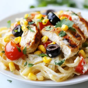 - 2 boneless, skinless chicken breasts - 8 oz fettuccine pasta - 1 cup heavy cream - 1 teaspoon chili powder - 1 teaspoon smoked paprika - 1 teaspoon garlic powder - 1 cup grated Parmesan cheese - ½ cup diced tomatoes - ½ cup corn For this dish, the main ingredients bring a rich taste. The chicken breasts provide protein and a juicy bite. Fettuccine pasta serves as a perfect base for the creamy sauce. Heavy cream makes the sauce thick and dreamy. The seasonings add spice and depth. Chili powder gives a warm kick. Smoked paprika adds a touch of smokiness. Garlic powder boosts the flavor even more. For extra texture and taste, we use additional ingredients. Grated Parmesan cheese melts into the sauce. Diced tomatoes add freshness and color. Corn brings a sweet crunch. Together, these ingredients make a fantastic meal that everyone will enjoy. {{ingredient_image_1}} How do I season the chicken breasts? Start with two boneless, skinless chicken breasts. Sprinkle them with one teaspoon each of chili powder, smoked paprika, and garlic powder. Add salt and pepper to taste. Make sure to coat both sides well. This mix gives the chicken a tasty kick. How do I cook the chicken in a skillet? Heat one tablespoon of olive oil in a large skillet over medium-high heat. Once the oil is hot, add the seasoned chicken breasts. Cook them for about 5 to 7 minutes on each side. The chicken should be golden brown and cooked through. Remove it from the skillet and let it rest for a few minutes before slicing. How do I boil fettuccine to al dente? While the chicken rests, bring a pot of water to a boil. Add 8 ounces of fettuccine pasta and cook it according to the package instructions. You want it to be al dente, which means it should be firm but not hard. What should I do after draining the pasta? Once the pasta is cooked, drain it using a colander. Set the pasta aside while you prepare the sauce. How do I combine heavy cream and Parmesan? In the same skillet where you cooked the chicken, lower the heat to medium. Pour in 1 cup of heavy cream. Use a spatula to scrape any bits stuck to the bottom of the pan. This adds flavor. After that, stir in 1 cup of grated Parmesan cheese until it melts and becomes creamy. What should I add to the sauce next? Now, add ½ cup of corn and ½ cup of diced tomatoes to the sauce. Stir for about 3 minutes until everything is heated through. Make sure it all mixes well. Now you're ready to toss in the cooked pasta and sliced chicken. Enjoy your Southwest Chicken Alfredo! To cook chicken perfectly, start by seasoning both sides well. Use chili powder, smoked paprika, garlic powder, salt, and pepper. This adds flavor and helps the chicken brown nicely. When you finish cooking the chicken, let it rest for a few minutes. Resting helps the juices stay inside. This makes the chicken tender and easy to slice. For a creamy sauce, use heavy cream. Heat it gently in the skillet after cooking the chicken. Stir in the grated Parmesan cheese slowly. This helps it melt smoothly. You can adjust the sauce thickness by adding a bit more cream or some pasta water. If it’s too thick, just add a splash of water until you reach your desired consistency. To make your dish pop, add garnishes like sliced black olives and fresh cilantro. These not only look great but also enhance the flavor. Pair Southwest Chicken Alfredo with a simple side salad or garlic bread. This adds freshness and balances the meal. Enjoy the colors and flavors on your plate! Pro Tips Rest the Chicken: Letting the chicken breasts rest after cooking allows the juices to redistribute, making the meat more tender and flavorful. Perfectly Cooked Pasta: Always cook your fettuccine al dente; it should be firm to the bite. This texture holds up better when mixed with the creamy sauce. Customize the Heat: If you like more spice, consider adding diced jalapeños or a dash of cayenne pepper to the sauce for an extra kick. Fresh Herbs Matter: Using fresh cilantro not only enhances flavor but also adds a pop of color. Always add it just before serving for the best aroma. {{image_2}} You can change the protein in this dish. Shrimp or tofu work well. Shrimp cooks fast and adds great flavor. Tofu is a perfect choice for a vegan option. You can also swap the fettuccine pasta. Use gluten-free pasta for a tasty alternative. Want to add some heat? A pinch of cayenne pepper does the trick. You can also mix in more veggies. Bell peppers add sweetness, while spinach gives a nice color. Both boost the dish's nutrition too. If you want a lower-fat version, use less cream. You can replace it with milk or a plant-based cream. For a vegan adaptation, skip the chicken and cheese. Use nutritional yeast for a cheesy flavor. These swaps keep the dish delicious and healthy. To store leftovers, let the dish cool first. Place it in an airtight container. This keeps it fresh and prevents odors. I prefer glass containers, as they are safe and easy to clean. You can store the dish for up to three days in the fridge. The safest way to reheat is in the oven. Set it to 350°F (175°C) and cover the dish with foil. This keeps the moisture in. You can also use the microwave, but cover it to avoid splatter. Reheat in short bursts to keep the texture. To freeze, make sure the dish cools completely first. Use freezer-safe containers or bags. This helps avoid freezer burn. Label the containers with the date. You can freeze it for up to three months. To thaw, move it to the fridge overnight. Reheat gently on the stove for best results. Southwest Chicken Alfredo is a creamy pasta dish. It combines fettuccine with seasoned chicken. The flavors reflect the Southwest U.S., known for its bold tastes. You have spices like chili powder and smoked paprika. This dish brings a fun twist to classic Alfredo. Yes, you can prepare Southwest Chicken Alfredo in advance. Cook the chicken and pasta, then store them separately. You can also make the sauce early. Keep everything in the fridge until you are ready to serve. Just reheat the chicken and pasta together. To add heat, use more chili powder or cayenne pepper. You can also add jalapeños for a fresh kick. Extra toppings like sliced black olives or diced avocado boost the flavor. Fresh cilantro adds a nice touch too. We explored making delicious Southwest Chicken Alfredo together. We covered the key ingredients like chicken, fettuccine, and cream. You learned step-by-step how to prepare and cook everything perfectly. Tips on improving flavor and texture helped make your dish shine. We even discussed tasty variations and storage solutions. Now, you're ready to impress anyone with this dish. The combination of flavors and textures will make every bite a delight. Enjoy creating your own masterpiece!