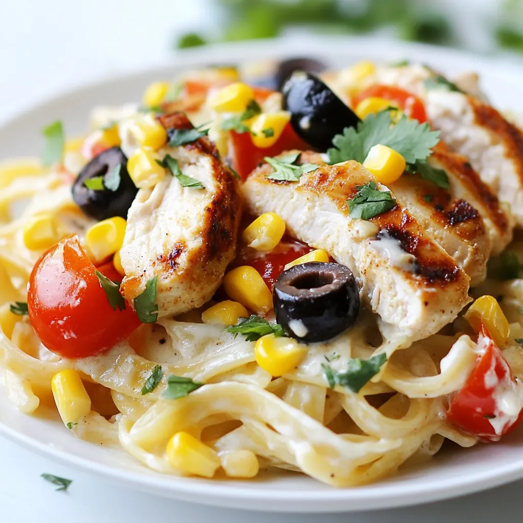 - 2 boneless, skinless chicken breasts - 8 oz fettuccine pasta - 1 cup heavy cream - 1 teaspoon chili powder - 1 teaspoon smoked paprika - 1 teaspoon garlic powder - 1 cup grated Parmesan cheese - ½ cup diced tomatoes - ½ cup corn For this dish, the main ingredients bring a rich taste. The chicken breasts provide protein and a juicy bite. Fettuccine pasta serves as a perfect base for the creamy sauce. Heavy cream makes the sauce thick and dreamy. The seasonings add spice and depth. Chili powder gives a warm kick. Smoked paprika adds a touch of smokiness. Garlic powder boosts the flavor even more. For extra texture and taste, we use additional ingredients. Grated Parmesan cheese melts into the sauce. Diced tomatoes add freshness and color. Corn brings a sweet crunch. Together, these ingredients make a fantastic meal that everyone will enjoy. {{ingredient_image_1}} How do I season the chicken breasts? Start with two boneless, skinless chicken breasts. Sprinkle them with one teaspoon each of chili powder, smoked paprika, and garlic powder. Add salt and pepper to taste. Make sure to coat both sides well. This mix gives the chicken a tasty kick. How do I cook the chicken in a skillet? Heat one tablespoon of olive oil in a large skillet over medium-high heat. Once the oil is hot, add the seasoned chicken breasts. Cook them for about 5 to 7 minutes on each side. The chicken should be golden brown and cooked through. Remove it from the skillet and let it rest for a few minutes before slicing. How do I boil fettuccine to al dente? While the chicken rests, bring a pot of water to a boil. Add 8 ounces of fettuccine pasta and cook it according to the package instructions. You want it to be al dente, which means it should be firm but not hard. What should I do after draining the pasta? Once the pasta is cooked, drain it using a colander. Set the pasta aside while you prepare the sauce. How do I combine heavy cream and Parmesan? In the same skillet where you cooked the chicken, lower the heat to medium. Pour in 1 cup of heavy cream. Use a spatula to scrape any bits stuck to the bottom of the pan. This adds flavor. After that, stir in 1 cup of grated Parmesan cheese until it melts and becomes creamy. What should I add to the sauce next? Now, add ½ cup of corn and ½ cup of diced tomatoes to the sauce. Stir for about 3 minutes until everything is heated through. Make sure it all mixes well. Now you're ready to toss in the cooked pasta and sliced chicken. Enjoy your Southwest Chicken Alfredo! To cook chicken perfectly, start by seasoning both sides well. Use chili powder, smoked paprika, garlic powder, salt, and pepper. This adds flavor and helps the chicken brown nicely. When you finish cooking the chicken, let it rest for a few minutes. Resting helps the juices stay inside. This makes the chicken tender and easy to slice. For a creamy sauce, use heavy cream. Heat it gently in the skillet after cooking the chicken. Stir in the grated Parmesan cheese slowly. This helps it melt smoothly. You can adjust the sauce thickness by adding a bit more cream or some pasta water. If it’s too thick, just add a splash of water until you reach your desired consistency. To make your dish pop, add garnishes like sliced black olives and fresh cilantro. These not only look great but also enhance the flavor. Pair Southwest Chicken Alfredo with a simple side salad or garlic bread. This adds freshness and balances the meal. Enjoy the colors and flavors on your plate! Pro Tips Rest the Chicken: Letting the chicken breasts rest after cooking allows the juices to redistribute, making the meat more tender and flavorful. Perfectly Cooked Pasta: Always cook your fettuccine al dente; it should be firm to the bite. This texture holds up better when mixed with the creamy sauce. Customize the Heat: If you like more spice, consider adding diced jalapeños or a dash of cayenne pepper to the sauce for an extra kick. Fresh Herbs Matter: Using fresh cilantro not only enhances flavor but also adds a pop of color. Always add it just before serving for the best aroma. {{image_2}} You can change the protein in this dish. Shrimp or tofu work well. Shrimp cooks fast and adds great flavor. Tofu is a perfect choice for a vegan option. You can also swap the fettuccine pasta. Use gluten-free pasta for a tasty alternative. Want to add some heat? A pinch of cayenne pepper does the trick. You can also mix in more veggies. Bell peppers add sweetness, while spinach gives a nice color. Both boost the dish's nutrition too. If you want a lower-fat version, use less cream. You can replace it with milk or a plant-based cream. For a vegan adaptation, skip the chicken and cheese. Use nutritional yeast for a cheesy flavor. These swaps keep the dish delicious and healthy. To store leftovers, let the dish cool first. Place it in an airtight container. This keeps it fresh and prevents odors. I prefer glass containers, as they are safe and easy to clean. You can store the dish for up to three days in the fridge. The safest way to reheat is in the oven. Set it to 350°F (175°C) and cover the dish with foil. This keeps the moisture in. You can also use the microwave, but cover it to avoid splatter. Reheat in short bursts to keep the texture. To freeze, make sure the dish cools completely first. Use freezer-safe containers or bags. This helps avoid freezer burn. Label the containers with the date. You can freeze it for up to three months. To thaw, move it to the fridge overnight. Reheat gently on the stove for best results. Southwest Chicken Alfredo is a creamy pasta dish. It combines fettuccine with seasoned chicken. The flavors reflect the Southwest U.S., known for its bold tastes. You have spices like chili powder and smoked paprika. This dish brings a fun twist to classic Alfredo. Yes, you can prepare Southwest Chicken Alfredo in advance. Cook the chicken and pasta, then store them separately. You can also make the sauce early. Keep everything in the fridge until you are ready to serve. Just reheat the chicken and pasta together. To add heat, use more chili powder or cayenne pepper. You can also add jalapeños for a fresh kick. Extra toppings like sliced black olives or diced avocado boost the flavor. Fresh cilantro adds a nice touch too. We explored making delicious Southwest Chicken Alfredo together. We covered the key ingredients like chicken, fettuccine, and cream. You learned step-by-step how to prepare and cook everything perfectly. Tips on improving flavor and texture helped make your dish shine. We even discussed tasty variations and storage solutions. Now, you're ready to impress anyone with this dish. The combination of flavors and textures will make every bite a delight. Enjoy creating your own masterpiece!