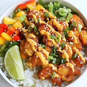 - 2 boneless, skinless chicken breasts, cut into bite-sized pieces - 1 cup cooked jasmine rice - ½ cup cornstarch - 2 tablespoons vegetable oil - ¼ cup mayonnaise - 2 tablespoons sweet chili sauce - 1 tablespoon sriracha (adjust for spice preference) - 1 teaspoon garlic powder - 1 teaspoon ginger powder - 1 cup mixed vegetables (e.g., bell peppers, carrots, snap peas) - 2 green onions, sliced - Sesame seeds for garnish - Salt and pepper to taste The chicken is the star of this dish. I like to use boneless, skinless breasts. They cook fast and stay juicy. Cutting the chicken into bite-sized pieces helps them cook evenly. Next is the rice. I prefer jasmine rice. It has a nice aroma and fluffy texture. You can cook it ahead of time to save time. The sauce is what makes this dish special. It combines mayonnaise, sweet chili sauce, and sriracha. This mix gives the chicken a creamy, spicy kick. Adjust the sriracha for more heat if you like it fiery. For seasoning, garlic and ginger powder add depth to the flavor. I also use a mix of colorful vegetables. Bell peppers, carrots, and snap peas add crunch and color. Finally, we have the garnishes. Green onions and sesame seeds add a nice touch. They make the dish look fancy and add flavor too. {{ingredient_image_1}} To start, season the chicken pieces with salt and pepper. This simple step adds flavor. Next, coat the chicken in cornstarch. This gives the chicken a crispy and crunchy texture. Make sure each piece is fully covered. It helps create a nice crust when cooked. Heat vegetable oil in a large skillet over medium-high heat. Once the oil is hot, add the coated chicken pieces. Cook for about 5-7 minutes until they turn golden brown. Make sure the chicken is cooked through. Remove the chicken and set it aside. In the same skillet, add a bit more oil if needed. Toss in the mixed vegetables like bell peppers and snap peas. Stir-fry for 3-5 minutes until they are tender but still crisp. This keeps the veggies bright and fresh. In a mixing bowl, combine mayonnaise, sweet chili sauce, sriracha, garlic powder, and ginger powder. Mix well until everything is smooth. You can adjust the sriracha for spiciness. If you like it hotter, add more sriracha. If you prefer it milder, use less. Now it's time to put it all together. Serve cooked jasmine rice in bowls as the base. Top it with the spicy chicken and vegetable mixture. For garnish, sprinkle sliced green onions on top. Add sesame seeds for a nice crunch. This makes the dish look great and adds flavor. You can even add a slice of lime on the side for a fresh touch. Enjoy your colorful and tasty meal! To make the chicken crispy, start with cornstarch. Toss the chicken pieces in cornstarch until they are fully coated. This creates a nice crunch when fried. Heat the vegetable oil over medium-high heat. This temperature is key for getting that golden brown color. Cook the chicken for about 5-7 minutes until it is cooked through. Don't crowd the pan; it can make the chicken steam instead of fry. You can adjust the spice in your Bang Bang Chicken Bowl by changing the amount of sriracha. If you want it milder, use less sriracha. For more heat, add more. You might also try other sauces. Sweet chili sauce works well, or you can use a spicy mayo. Experiment and find what you like best! Pair your Spicy Bang Bang Chicken Bowl with fresh sides. A simple cucumber salad or steamed broccoli can balance the flavors. For presentation, layer the jasmine rice in the bowl first. Then, add the spicy chicken and veggies on top. This way, the bright colors shine through. A slice of lime on the side adds a nice touch and freshness! Pro Tips Perfectly Crispy Chicken: Ensure the chicken is well-coated with cornstarch to achieve that delightful crunch. Let it sit for a few minutes after coating to allow the cornstarch to adhere better. Customize Your Spice Level: Adjust the amount of sriracha in the sauce based on your heat preference. You can also add chopped fresh chilies for an extra kick! Vegetable Variety: Use a mix of your favorite vegetables for more flavor and texture. Broccoli, zucchini, or snap peas work great in this dish! Garnish for Flavor: Don’t skip the sesame seeds and green onions! They add not only a pop of color but also enhance the flavor and crunch of the dish. {{image_2}} You can easily change some ingredients in this dish. - Alternative proteins: Instead of chicken, try shrimp or tofu. Shrimp cooks fast and adds a nice flavor. Tofu gives a great texture and absorbs sauce well. - Different rice options: Jasmine rice is tasty, but you can use brown rice or quinoa for a nutritious twist. Both options add a hearty texture and flavor. If you want a vegan or vegetarian take, here’s how to do it. - Substituting chicken with tofu: Use firm tofu instead of chicken. Cut it into cubes and press it to remove extra moisture. This helps it fry better and soak up flavors. - Plant-based sauce alternatives: Replace mayonnaise with vegan mayo. This keeps the creaminess and taste while making it suitable for plant-based diets. You can also use coconut cream for a unique flavor. You can enjoy this dish in fun ways. - Wraps or tacos: Use lettuce leaves or tortillas to make wraps. This gives a fresh crunch and makes a great handheld meal. - Salad bowl version: For a lighter option, serve the chicken and veggies over a bed of greens. Add some cucumber and avocado for extra flavor and freshness. To keep your Spicy Bang Bang Chicken Bowl fresh, use an airtight container. Glass or BPA-free plastic works well. Allow the dish to cool before sealing. Store it in the fridge for up to three days. This keeps the chicken and rice tasty without drying them out. When you want to enjoy leftovers, the best way is to use a skillet. Heat it on medium. Add a splash of water or broth to keep it moist. Stir frequently until heated through. You can also use a microwave. Place the bowl in the microwave, cover it loosely, and heat it for one to two minutes. Check that it's hot all the way through to enjoy the best flavor and texture. To add more heat, you can: - Use extra sriracha in the sauce. - Add red pepper flakes to the chicken while cooking. - Mix in chopped fresh chili peppers. You can also try different spicy sauces. Gochujang or chili garlic sauce works great. Both add great flavor and heat. Yes, you can prepare this dish ahead of time. Here are some tips: - Cook the chicken and veggies in advance. Store them separately. - Keep the sauce in a sealed container in the fridge. You can store the cooked chicken and vegetables for up to three days. Just reheat them in a pan before serving. If you don't have jasmine rice, here are some alternatives: - Basmati rice has a nice flavor and aroma. - Brown rice is a healthy option with more fiber. - Quinoa is another great choice for a protein boost. Each of these options will work well in this dish. Bang Bang Chicken comes from China. It is a popular dish in many Asian cuisines. The name "Bang Bang" comes from the sound of the meat being pounded to tenderize it. It's a fun, tasty dish that has gained fans worldwide. This article shows you how to make a tasty Bang Bang Chicken Bowl. We covered key ingredients, like chicken and rice, plus sauces and spices. You learned step-by-step instructions, from prepping chicken to final assembly. I shared tips for perfect crispiness and ways to customize your dish. Remember, cooking is fun and can be creative. Play with flavors and make this bowl your own! Enjoy your meal and share it with others for a delightful experience.