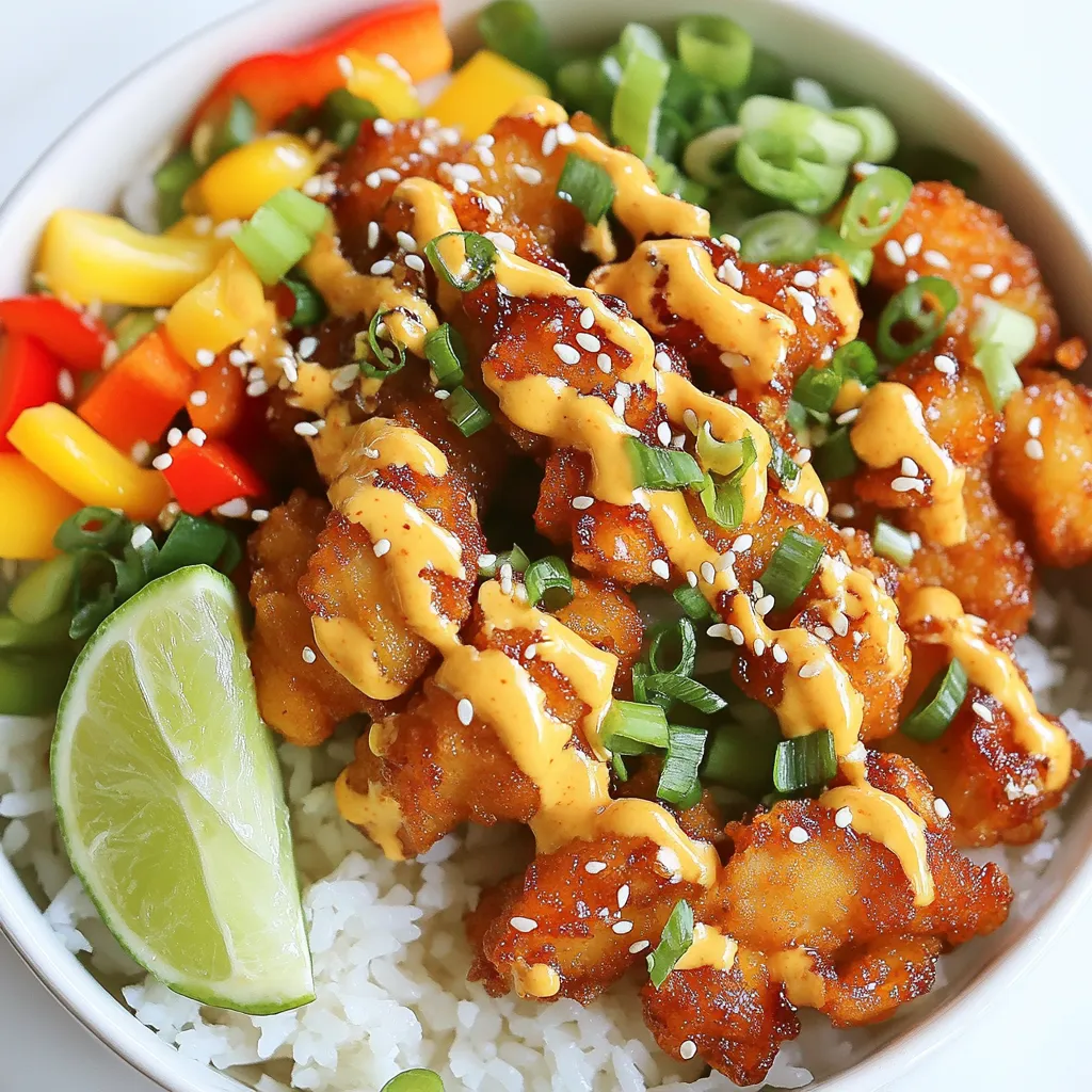 - 2 boneless, skinless chicken breasts, cut into bite-sized pieces - 1 cup cooked jasmine rice - ½ cup cornstarch - 2 tablespoons vegetable oil - ¼ cup mayonnaise - 2 tablespoons sweet chili sauce - 1 tablespoon sriracha (adjust for spice preference) - 1 teaspoon garlic powder - 1 teaspoon ginger powder - 1 cup mixed vegetables (e.g., bell peppers, carrots, snap peas) - 2 green onions, sliced - Sesame seeds for garnish - Salt and pepper to taste The chicken is the star of this dish. I like to use boneless, skinless breasts. They cook fast and stay juicy. Cutting the chicken into bite-sized pieces helps them cook evenly. Next is the rice. I prefer jasmine rice. It has a nice aroma and fluffy texture. You can cook it ahead of time to save time. The sauce is what makes this dish special. It combines mayonnaise, sweet chili sauce, and sriracha. This mix gives the chicken a creamy, spicy kick. Adjust the sriracha for more heat if you like it fiery. For seasoning, garlic and ginger powder add depth to the flavor. I also use a mix of colorful vegetables. Bell peppers, carrots, and snap peas add crunch and color. Finally, we have the garnishes. Green onions and sesame seeds add a nice touch. They make the dish look fancy and add flavor too. {{ingredient_image_1}} To start, season the chicken pieces with salt and pepper. This simple step adds flavor. Next, coat the chicken in cornstarch. This gives the chicken a crispy and crunchy texture. Make sure each piece is fully covered. It helps create a nice crust when cooked. Heat vegetable oil in a large skillet over medium-high heat. Once the oil is hot, add the coated chicken pieces. Cook for about 5-7 minutes until they turn golden brown. Make sure the chicken is cooked through. Remove the chicken and set it aside. In the same skillet, add a bit more oil if needed. Toss in the mixed vegetables like bell peppers and snap peas. Stir-fry for 3-5 minutes until they are tender but still crisp. This keeps the veggies bright and fresh. In a mixing bowl, combine mayonnaise, sweet chili sauce, sriracha, garlic powder, and ginger powder. Mix well until everything is smooth. You can adjust the sriracha for spiciness. If you like it hotter, add more sriracha. If you prefer it milder, use less. Now it's time to put it all together. Serve cooked jasmine rice in bowls as the base. Top it with the spicy chicken and vegetable mixture. For garnish, sprinkle sliced green onions on top. Add sesame seeds for a nice crunch. This makes the dish look great and adds flavor. You can even add a slice of lime on the side for a fresh touch. Enjoy your colorful and tasty meal! To make the chicken crispy, start with cornstarch. Toss the chicken pieces in cornstarch until they are fully coated. This creates a nice crunch when fried. Heat the vegetable oil over medium-high heat. This temperature is key for getting that golden brown color. Cook the chicken for about 5-7 minutes until it is cooked through. Don't crowd the pan; it can make the chicken steam instead of fry. You can adjust the spice in your Bang Bang Chicken Bowl by changing the amount of sriracha. If you want it milder, use less sriracha. For more heat, add more. You might also try other sauces. Sweet chili sauce works well, or you can use a spicy mayo. Experiment and find what you like best! Pair your Spicy Bang Bang Chicken Bowl with fresh sides. A simple cucumber salad or steamed broccoli can balance the flavors. For presentation, layer the jasmine rice in the bowl first. Then, add the spicy chicken and veggies on top. This way, the bright colors shine through. A slice of lime on the side adds a nice touch and freshness! Pro Tips Perfectly Crispy Chicken: Ensure the chicken is well-coated with cornstarch to achieve that delightful crunch. Let it sit for a few minutes after coating to allow the cornstarch to adhere better. Customize Your Spice Level: Adjust the amount of sriracha in the sauce based on your heat preference. You can also add chopped fresh chilies for an extra kick! Vegetable Variety: Use a mix of your favorite vegetables for more flavor and texture. Broccoli, zucchini, or snap peas work great in this dish! Garnish for Flavor: Don’t skip the sesame seeds and green onions! They add not only a pop of color but also enhance the flavor and crunch of the dish. {{image_2}} You can easily change some ingredients in this dish. - Alternative proteins: Instead of chicken, try shrimp or tofu. Shrimp cooks fast and adds a nice flavor. Tofu gives a great texture and absorbs sauce well. - Different rice options: Jasmine rice is tasty, but you can use brown rice or quinoa for a nutritious twist. Both options add a hearty texture and flavor. If you want a vegan or vegetarian take, here’s how to do it. - Substituting chicken with tofu: Use firm tofu instead of chicken. Cut it into cubes and press it to remove extra moisture. This helps it fry better and soak up flavors. - Plant-based sauce alternatives: Replace mayonnaise with vegan mayo. This keeps the creaminess and taste while making it suitable for plant-based diets. You can also use coconut cream for a unique flavor. You can enjoy this dish in fun ways. - Wraps or tacos: Use lettuce leaves or tortillas to make wraps. This gives a fresh crunch and makes a great handheld meal. - Salad bowl version: For a lighter option, serve the chicken and veggies over a bed of greens. Add some cucumber and avocado for extra flavor and freshness. To keep your Spicy Bang Bang Chicken Bowl fresh, use an airtight container. Glass or BPA-free plastic works well. Allow the dish to cool before sealing. Store it in the fridge for up to three days. This keeps the chicken and rice tasty without drying them out. When you want to enjoy leftovers, the best way is to use a skillet. Heat it on medium. Add a splash of water or broth to keep it moist. Stir frequently until heated through. You can also use a microwave. Place the bowl in the microwave, cover it loosely, and heat it for one to two minutes. Check that it's hot all the way through to enjoy the best flavor and texture. To add more heat, you can: - Use extra sriracha in the sauce. - Add red pepper flakes to the chicken while cooking. - Mix in chopped fresh chili peppers. You can also try different spicy sauces. Gochujang or chili garlic sauce works great. Both add great flavor and heat. Yes, you can prepare this dish ahead of time. Here are some tips: - Cook the chicken and veggies in advance. Store them separately. - Keep the sauce in a sealed container in the fridge. You can store the cooked chicken and vegetables for up to three days. Just reheat them in a pan before serving. If you don't have jasmine rice, here are some alternatives: - Basmati rice has a nice flavor and aroma. - Brown rice is a healthy option with more fiber. - Quinoa is another great choice for a protein boost. Each of these options will work well in this dish. Bang Bang Chicken comes from China. It is a popular dish in many Asian cuisines. The name "Bang Bang" comes from the sound of the meat being pounded to tenderize it. It's a fun, tasty dish that has gained fans worldwide. This article shows you how to make a tasty Bang Bang Chicken Bowl. We covered key ingredients, like chicken and rice, plus sauces and spices. You learned step-by-step instructions, from prepping chicken to final assembly. I shared tips for perfect crispiness and ways to customize your dish. Remember, cooking is fun and can be creative. Play with flavors and make this bowl your own! Enjoy your meal and share it with others for a delightful experience.