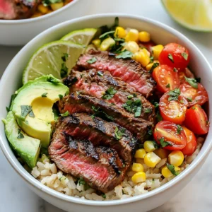 To make the perfect cilantro lime steak bowls, gather these key items: - 1 lb flank steak - 2 cups cooked brown rice - 1 cup cherry tomatoes, halved - 1 avocado, diced - 1 cup corn (fresh or frozen) - ½ red onion, thinly sliced - Lime wedges for serving These ingredients create a colorful and tasty bowl that is sure to please. The flank steak adds a rich flavor. The brown rice provides a hearty base. Fresh veggies add crunch and brightness. A great marinade makes all the difference. Here’s what you need: - ¼ cup fresh lime juice - ¼ cup olive oil - ½ cup fresh cilantro, chopped - 2 cloves garlic, minced - 1 teaspoon cumin - 1 teaspoon chili powder - Salt and pepper to taste Mix these ingredients to create a zesty marinade. The lime juice adds tang, while olive oil gives richness. Cilantro brings a fresh taste. Garlic, cumin, and chili powder add depth and warmth. Toppings can elevate your dish. Consider these fresh options: - Extra cilantro for garnish - Sliced jalapeños for heat - Crumbled feta or cotija cheese for creaminess These toppings can enhance flavor and texture. Extra cilantro boosts freshness. Sliced jalapeños add spice. Cheese brings a creamy touch. These simple additions make your steak bowl even more delightful. {{ingredient_image_1}} To start, take a medium bowl. Add ¼ cup of fresh lime juice. Then, pour in ¼ cup of olive oil. Next, chop ½ cup of fresh cilantro and add it to the bowl. Mince 2 cloves of garlic and toss that in too. Sprinkle in 1 teaspoon of cumin and 1 teaspoon of chili powder. Finally, season with salt and pepper. Mix everything well. This marinade will bring great flavor to the steak. Get a resealable plastic bag. Place the 1 lb flank steak inside. Pour the marinade over the steak and seal the bag tightly. Make sure the steak is fully coated. Place the bag in the refrigerator. Let it marinate for at least 30 minutes. For even more flavor, let it sit for up to 2 hours. Remember, the longer it marinates, the better it tastes. Now, preheat your grill or grill pan over medium-high heat. Take the steak out of the bag and let any extra marinade drip off. Place the steak on the grill. Cook for about 5-6 minutes on one side. Flip it and grill for another 5-6 minutes. Use a meat thermometer to check the doneness. Aim for 135°F for medium-rare. When done, remove the steak and let it rest for about 5 minutes. This helps keep it juicy. Slice the steak against the grain into thin strips. Grab your serving bowls. Start by adding 2 cups of cooked brown rice to each bowl. Next, layer the sliced steak on top. Add 1 cup of halved cherry tomatoes. Then, include 1 diced avocado and 1 cup of corn. Don’t forget to add thinly sliced red onion. For extra flavor, drizzle any leftover marinade over the top. Serve with lime wedges on the side. Enjoy your colorful and delicious steak bowls! To make a great marinade, mix fresh lime juice, olive oil, and chopped cilantro. Add minced garlic for a kick. Cumin and chili powder bring warmth and depth. Adjust salt and pepper to fit your taste. Let the steak soak in this flavor for at least 30 minutes. For even more flavor, marinate it for up to 2 hours. The longer it sits, the better it tastes. Grill your steak over medium-high heat. Cooking time will change based on thickness. For medium-rare, grill for about 5-6 minutes on each side. Use a meat thermometer for best results. Aim for 135°F for medium-rare. Let the steak rest for 5 minutes after grilling. This helps keep it juicy. Then slice it thin against the grain for the best bite. When serving, start with a base of cooked brown rice in each bowl. Layer on the sliced steak, then add cherry tomatoes, diced avocado, corn, and red onion. Drizzle boiled leftover marinade or fresh lime juice on top. This adds flavor and makes it look nice. Serve with lime wedges on the side for a fresh touch. A colorful bowl is not only tasty but also fun to eat! Pro Tips Marinating Time: For the best flavor, marinate the flank steak for at least 1 hour, but up to 2 hours is ideal. This allows the flavors to penetrate deeply. Resting the Steak: Always let the grilled steak rest for about 5 minutes before slicing. This helps the juices redistribute, making the meat more tender and juicy. Cooking Temperature: For perfectly cooked steak, use a meat thermometer. Aim for 135°F for medium-rare, and adjust cooking time based on your desired doneness. Fresh Ingredients: Use fresh cilantro, lime juice, and ripe avocados for the best flavor. Fresh ingredients elevate the dish and provide a vibrant taste. {{image_2}} If you want a vegetarian option, use grilled portobello mushrooms instead of steak. They soak up flavors well. You can also use marinated tofu for a protein-rich choice. For a grain-free meal, serve everything in lettuce wraps. This adds a nice crunch and keeps it light. Feel free to swap out the flank steak for chicken or shrimp. Both cook quickly and taste great with the marinade. You can add more veggies, like bell peppers or zucchini, for extra color and nutrition. If you like spice, add jalapeños or switch to a spicy salsa instead of plain tomatoes. You can serve these bowls in many ways. For a fun twist, make a wrap using large tortillas. Just add the rice, steak, and toppings, then roll it up. You can also turn this into a salad. Start with a base of greens, then layer on the rice, steak, and all your favorite toppings. This makes a fresh and light meal. To store leftover steak, first let it cool. Then, wrap it tightly in foil or plastic wrap. You can also place it in an airtight container. This will help keep it fresh. Store the steak in the fridge for up to three days. If you want to keep it longer, freeze it for up to three months. Just be sure to label the container with the date. When you're ready to eat, you can reheat the steak easily. The best way is to use a skillet. Heat it over medium heat and add a splash of water or broth. This will help keep the steak moist. Place the sliced steak in the skillet and cover it with a lid. Heat for about 5-7 minutes or until warmed through. You can also use the microwave. Place the steak on a plate and cover it with a damp paper towel. Heat for 1-2 minutes, checking every 30 seconds. To keep your ingredients fresh, store them properly. For cilantro, keep it in a jar with water like a flower. Cover the leaves with a plastic bag and put it in the fridge. For avocados, keep them at room temperature until ripe. Once ripe, store them in the fridge. Cherry tomatoes taste best at room temperature, so store them on the counter. For corn, if using fresh, keep it in the fridge and use it within a few days. If using frozen, store it in the freezer until ready to use. To make the steak more tender, you can marinate it longer. Letting it soak for two hours helps break down tough fibers. Use an acid, like lime juice, which softens the meat. Always slice the steak against the grain. This method shortens the fibers and gives a better texture. Yes, you can use other cuts of steak. Skirt steak or sirloin work well too. Each cut has a unique flavor and texture. Just remember that cooking times may change based on thickness. You can serve various sides with your steak bowls. Here are some tasty options: - Black beans for added protein - Grilled vegetables for extra flavor - A fresh green salad for crunch - Tortilla chips for a fun twist You can store the bowls in the fridge for about three days. Make sure to keep them in airtight containers. To enjoy them later, reheat the steak gently to avoid drying it out. Cilantro lime steak bowls combine fresh flavors and easy steps. You learned about key ingredients, simple cooking methods, and clever tips. These bowls are not just delicious; they are also customizable. You can make them fit your tastes or dietary needs. Try different toppings or wraps for fun twists. Remember to store leftovers properly for the best taste. With these ideas, you'll impress family or friends at your next meal. Enjoy cooking and sharing this tasty dish!