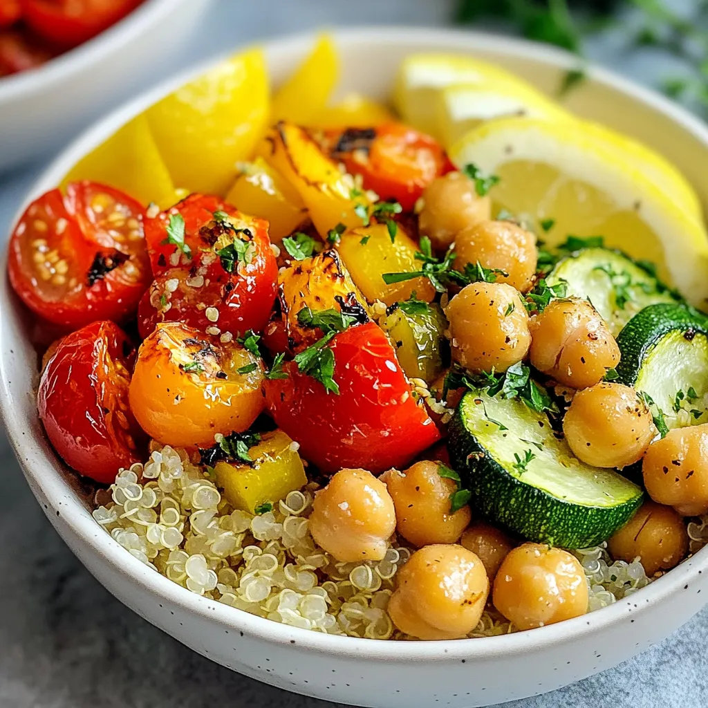- Chickpeas and Vegetables - 1 can (15 oz) chickpeas, drained and rinsed - 2 cups mixed bell peppers (red, yellow, green), diced - 1 medium zucchini, chopped - 1 cup cherry tomatoes, halved - 1 red onion, cut into wedges - Seasonings - 2 tablespoons olive oil - 1 teaspoon garlic powder - 1 teaspoon smoked paprika - ½ teaspoon cumin - Salt and pepper to taste - Base and Garnish - 2 cups cooked quinoa or brown rice - Fresh parsley for garnish - Lemon wedges for serving Using these ingredients gives the bowls a great taste and vibrant colors. The chickpeas bring protein, while the veggies add crunch and flavor. You can mix and match veggies based on your favorites. The seasonings make every bite tasty and exciting. I love using quinoa or brown rice as the base. They make the meal hearty and filling. Fresh parsley on top adds a nice touch, and lemon wedges give a zesty kick. You can feel good knowing that every bite is healthy and delicious! {{ingredient_image_1}} Preheating the Oven First, set your oven to 425°F (220°C). This heat helps the veggies get tender and golden. Veggie and Chickpea Mixing In a big bowl, mix these items: - 1 can (15 oz) chickpeas, drained and rinsed - 2 cups mixed bell peppers, diced - 1 medium zucchini, chopped - 1 cup cherry tomatoes, halved - 1 red onion, cut into wedges Next, drizzle on 2 tablespoons of olive oil. Then, add 1 teaspoon garlic powder, 1 teaspoon smoked paprika, and ½ teaspoon cumin. Don't forget to add salt and pepper to taste. Toss everything well until all the veggies and chickpeas get coated. Baking Instructions Spread the mix evenly on a large baking sheet lined with parchment paper. This keeps them from sticking. Roast for about 25-30 minutes. Stirring Tips Halfway through roasting, take the sheet out and stir the veggies. This step ensures even cooking and nice caramelization. Bowl Construction Once the veggies and chickpeas are done, let them cool for a few minutes. In each bowl, start with a base of 2 cups cooked quinoa or brown rice. Then, add a generous scoop of the roasted mix. Garnishing To finish, sprinkle fresh parsley on top. Add lemon wedges on the side. A squeeze of lemon gives a bright flavor that enhances the dish. Ensuring Crispiness To make your vegetables crispy, use a hot oven. Preheat it to 425°F (220°C). Spread the veggies in a single layer on your baking sheet. This helps them brown evenly. Stir halfway through roasting. This keeps them from sticking and helps them cook well. Flavor Enhancements Add more flavor by using fresh herbs. Basil or thyme work great. You can also mix in a splash of balsamic vinegar before serving. This adds a nice tang. Try different spices like cayenne pepper for heat or oregano for depth. Bowl Styling Ideas Use colorful bowls to show off your dish. A bright bowl makes the food pop. Layer the ingredients for a nice look. Start with a base of quinoa or rice. Then, add the roasted veggies and chickpeas on top. Finally, sprinkle fresh parsley for a touch of green. Serving Suggestions Serve with lemon wedges for a fresh burst of flavor. A drizzle of olive oil just before serving adds richness. You can also serve with a side salad or some crusty bread to make it a full meal. Pro Tips Roasting Veggies: For a more intense flavor, try marinating the chickpeas and vegetables in the olive oil and spices for at least 30 minutes before roasting. Quinoa Cooking: To enhance the flavor of your quinoa or brown rice, cook it in vegetable broth instead of water for added depth. Colorful Presentation: Arrange the roasted veggies and chickpeas in a rainbow pattern on top of your base for a visually stunning dish. Make it a Meal Prep: This dish stores well in the fridge, making it perfect for meal prep. Just reheat and enjoy throughout the week! {{image_2}} Different Vegetables You can mix and match many vegetables in this dish. Try using carrots, broccoli, or sweet potatoes. Each vegetable brings its own taste and texture. For a twist, add some spinach or kale after roasting. This adds color and nutrients. Alternative Bases If quinoa or brown rice is not your style, swap them for farro or couscous. Both options work well and add different flavors. You can even use a bed of greens like arugula or spinach for a lighter meal. This change gives a fresh crunch to your bowl. Vegan Options This recipe is already vegan as it contains no animal products. To boost protein, add more chickpeas or toss in some black beans. You can also top it with avocado or tahini for creaminess and flavor. Gluten-Free Adjustments If you need a gluten-free meal, stick with quinoa or rice. Both are naturally gluten-free and work great as a base. Always check the labels of any packaged ingredients to be safe. This way, you can enjoy your meal without worry. To keep your roasted vegetable chickpea bowls fresh, follow these steps: - Refrigeration Guidelines: Place leftovers in an airtight container. Store them in the fridge for up to 4 days. Make sure to cool the dish before sealing the container. This prevents moisture buildup. - Freezing Instructions: If you want to keep leftovers longer, freeze them. Use a freezer-safe bag or container. Squeeze out air to avoid freezer burn. They can last up to 3 months in the freezer. When you're ready to eat, thaw in the fridge overnight. To enjoy your roasted vegetable chickpea bowls again, reheating is key: - Best Methods for Reheating: The oven is best for even heating. Preheat it to 350°F (175°C). Place your bowl on a baking sheet and cover it with foil. Heat for 15-20 minutes. You can also use a microwave. Place your bowl in a microwave-safe dish. Heat in short bursts, stirring in between. - Ensuring Quality After Storage: To keep the flavors fresh, add a splash of lemon juice before serving. This brightens the dish. Check the texture as well; if it seems dry, drizzle a bit of olive oil. Enjoy the deliciousness! Yes, you can use frozen vegetables. They save time and add convenience. Just make sure to thaw them first. Pat them dry to avoid excess moisture. This helps ensure your veggies roast well and get that nice caramelized look. To boost protein in your Roasted Vegetable Chickpea Bowls, add extra chickpeas. You can also mix in some cooked lentils or tofu. Another great option is to top the bowls with a dollop of Greek yogurt or a sprinkle of feta cheese. These additions not only add protein but also enhance the dish's flavor. Roasted Vegetable Chickpea Bowls are very versatile. You can serve them warm or chilled. They pair well with a squeeze of fresh lemon for brightness. Try adding a drizzle of tahini or your favorite dressing for extra flavor. For a side, consider serving a light salad or some pita bread to complete the meal. This blog post shared how to create delicious roasted vegetable chickpea bowls. We covered the key ingredients, step-by-step instructions, and handy tips for cooking and presentation. You learned about ingredient swaps and dietary modifications, ensuring everyone can enjoy this dish. Lastly, we discussed the best ways to store and reheat leftovers for quality meals later. Keep these ideas in mind to impress your family and friends with tasty, healthy bowls!