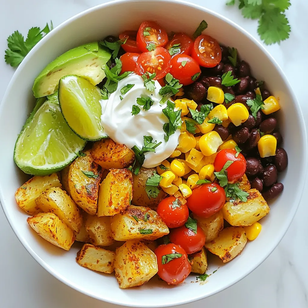 To make a Loaded Potato Taco Bowl, you will need: - 4 medium-sized potatoes, diced - 1 tablespoon olive oil - 1 teaspoon garlic powder - 1 teaspoon smoked paprika - Salt and pepper to taste - 1 cup black beans, rinsed and drained - 1 cup corn kernels (fresh, frozen, or canned) - 1 cup cherry tomatoes, halved - 1 avocado, diced - 1 cup shredded cheddar cheese - ½ cup sour cream or Greek yogurt - Fresh cilantro, chopped (for garnish) - Lime wedges (for serving) When measuring your ingredients, be precise for the best taste. Use medium potatoes for even cooking. One tablespoon of olive oil coats the potatoes nicely. Use one teaspoon each of garlic powder and smoked paprika to give flavor. Rinse the black beans well to remove extra salt. You can use fresh, frozen, or canned corn. For the tomatoes, halving them makes a nice bite-sized addition. Aim for one avocado, diced, to add creaminess. Shredded cheddar cheese should be one cup. The sour cream or Greek yogurt is half a cup to finish the bowl. Lastly, have fresh cilantro and lime wedges ready for garnish. You can swap out ingredients if needed. Instead of regular potatoes, you can use sweet potatoes for a sweeter taste. If you prefer, you can use vegetable oil instead of olive oil. For garlic powder, you could use fresh garlic if you want a stronger flavor. If you lack smoked paprika, regular paprika works well. You can change black beans for pinto beans or chickpeas. If you don't like corn, leave it out or use diced bell peppers. For a different cheese, try Monterey Jack. Instead of sour cream, you can use plain yogurt or a dairy-free option. {{ingredient_image_1}} Start by preheating your oven to 425°F (220°C). This step is key for crispy potatoes. Next, take four medium-sized potatoes and dice them into small pieces. In a large bowl, add the diced potatoes. Pour in one tablespoon of olive oil. Add one teaspoon of garlic powder, one teaspoon of smoked paprika, salt, and pepper to taste. Toss everything together until the potatoes are well-coated. Now, spread the seasoned potatoes in a single layer on a baking sheet. This helps them roast evenly. Place the baking sheet in your preheated oven. Roast the potatoes for 25 to 30 minutes. Make sure to flip them halfway through the cooking time. You want them golden brown and crispy on the outside. Keep an eye on them to avoid burning. While the potatoes roast, prepare your taco toppings. In another bowl, combine one cup of rinsed black beans, one cup of corn kernels, and one cup of halved cherry tomatoes. Season this mix with a pinch of salt and pepper. Once the potatoes are ready, it’s time to build your taco bowl. Layer the roasted potatoes as the base, then add the black bean and corn mixture. Top it off with diced avocado, one cup of shredded cheddar cheese, and a dollop of sour cream or Greek yogurt. Garnish with fresh chopped cilantro and serve with lime wedges on the side for extra flavor. To make crispy potatoes, start by preheating your oven to 425°F (220°C). Cut your potatoes into small cubes. This helps them cook faster and get crispy. Toss the diced potatoes with olive oil, garlic powder, smoked paprika, salt, and pepper in a bowl. Use enough oil to coat them well. Spread the potatoes on a baking sheet in a single layer. Bake for 25-30 minutes. Don’t forget to flip them halfway. This helps all sides get brown and crunchy. You can make your Loaded Potato Taco Bowl even better with extras. Try adding fresh toppings like diced jalapeños or sliced radishes for crunch. Serve with lime wedges for a zesty kick. You can also offer sides like tortilla chips or a simple salad. This adds more color and flavor to your meal. Pair it with a refreshing drink, like lemonade or iced tea, to balance the flavors. Here are some dos and don'ts to keep in mind: Dos: - Do use fresh ingredients for the best taste. - Do experiment with spices to find your favorite flavors. - Do let your potatoes cool for a few minutes before serving. This helps them stay crispy. Don'ts: - Don't overcrowd the baking sheet with potatoes. They need space to crisp up. - Don't skip the lime wedges. They add a nice touch. - Don't rush the cooking time. Give the potatoes time to get golden brown. Pro Tips Choose the Right Potatoes: Opt for russet or Yukon gold potatoes for the best texture and flavor in your taco bowl. Enhance the Flavor: Marinate the black beans in lime juice and cumin for extra flavor before adding them to your bowl. Texture Matters: For a crunchier topping, consider adding some crushed tortilla chips or fried onions on top before serving. Customize Your Bowl: Feel free to add other toppings like jalapeños, or a drizzle of hot sauce for an extra kick! {{image_2}} You can easily make this dish vegetarian or vegan. For a vegetarian bowl, keep the cheese and sour cream. Use Greek yogurt for a tangy flavor. If you want a vegan version, skip the cheese and sour cream. Instead, use a vegan yogurt or cashew cream. Adding extra veggies like bell peppers or zucchini adds more flavor and nutrition. Want to make your taco bowl heartier? Add protein! Grilled chicken, beef, or shrimp work well. You can also try tofu for a plant-based option. Cook the protein with spices for added taste. This makes your meal more filling and satisfying. Toppings can change your bowl's vibe. Add jalapeños for spice or diced onions for crunch. Swap cherry tomatoes for pico de gallo for a fresh twist. Try different cheeses like pepper jack for heat. Don’t forget lime juice for zest! Each choice makes the dish unique and fun. To store your Loaded Potato Taco Bowl, first let it cool. Place the leftovers in an airtight container. Keep the potatoes and toppings separate if you can. This helps keep the potatoes crispy. Use a container that fits well in your fridge. For the best taste, eat leftovers within three days. When ready to eat, preheat your oven to 350°F (175°C). Spread the potatoes on a baking sheet. Heat them for about 10-15 minutes. This keeps them crispy. You can also microwave the toppings for 1-2 minutes. Just make sure to cover them to keep moisture in. - Potatoes: Store raw potatoes in a cool, dark place for 1-2 weeks. - Black beans: If canned, they last 1-2 years unopened. After opening, eat within 3-4 days. - Corn: Fresh corn lasts 1-2 days in the fridge. Frozen corn lasts 8-12 months. - Cherry tomatoes: Store in the fridge for about 1 week. - Avocado: Whole avocados last 3-5 days at room temp. Once cut, use it within 1-2 days. - Cheddar cheese: Keep it sealed in the fridge for 1-2 weeks after opening. - Sour cream/Greek yogurt: Use within 1-2 weeks after opening. Knowing how to store and reheat your Loaded Potato Taco Bowl helps you enjoy it longer! You can change the toppings to fit your taste. Try using ground beef or chicken for meat. Add diced peppers or onions for more veggies. You can also swap black beans for pinto beans. For a kick, add jalapeños or hot sauce. Use different cheeses like Monterey Jack or queso fresco for variety. This taco bowl shines with fresh sides. A simple green salad adds crunch. Serve with tortilla chips and salsa for a classic touch. You can also pair it with guacamole for extra flavor. Cornbread or a light soup works well too. Mix and match to find your favorite combo! Yes, you can prep parts of this dish ahead. Roast the potatoes a day before and store them in the fridge. Prepare the toppings and keep them separate. Just warm the potatoes before serving. This makes it easy and quick for busy nights or gatherings. Absolutely! Sweet potatoes add a nice twist. They bring a sweet flavor that contrasts with the savory toppings. Just follow the same steps for roasting. Keep an eye on them, as they may cook faster. Enjoy the change in taste and texture! If you want a swap for sour cream, Greek yogurt works great. It has a similar texture and taste. You can also use cashew cream for a dairy-free option. For a tangy kick, try using a dollop of salsa or a splash of lime juice. This blog post covered how to make a Loaded Potato Taco Bowl. I shared the key ingredients, provided tips for crispiness, and offered various options. You learned about storage and reheating, plus answers to common questions. Remember, you can customize this dish for your taste. Experiment with toppings and ingredients to make it your own. Enjoy creating this tasty meal that combines flavors and textures! Happy cooking!