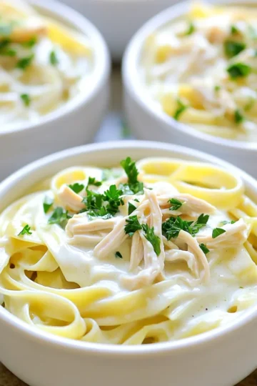 To make Slow Cooker Chicken Alfredo Pasta, you need some simple ingredients. Here’s the full list: - 1 pound boneless, skinless chicken breasts - 8 ounces fettuccine pasta - 2 cups heavy cream - 1 cup grated Parmesan cheese - 1 cup chicken broth - 4 cloves garlic, minced - 1 teaspoon Italian seasoning - Salt and pepper to taste - 2 tablespoons butter - Fresh parsley, chopped (for garnish) These ingredients come together to create a rich and creamy dish. The chicken breasts are the main star, while the fettuccine adds great texture. Heavy cream and Parmesan cheese give it that comforting, creamy flavor we all love. Garlic adds a nice kick, and Italian seasoning brings in warmth. Salt and pepper help to balance all the tastes. Don't forget the butter for richness and the parsley for a fresh touch! First, I season the chicken. I use salt, pepper, and Italian seasoning to add flavor. I place the boneless, skinless chicken breasts in the slow cooker. Next, I add the liquid ingredients. I pour in the chicken broth and heavy cream. Then, I add minced garlic and butter. I gently stir everything to mix well. Now, it's time to cook. I cover the slow cooker tightly. If I set it on low, it cooks for 6-7 hours. On high, it cooks for 3-4 hours. Covering the slow cooker is key. It keeps the heat in and helps the chicken cook evenly. About 30 minutes before serving, I make the pasta. I bring a large pot of salted water to a boil and add the fettuccine. I cook it according to the package instructions until it is al dente, then drain and set aside. Once the chicken is done, I remove it from the slow cooker. Using two forks, I shred the chicken into bite-sized pieces. I return the shredded chicken back to the slow cooker. Finally, I stir in the cooked fettuccine and grated Parmesan cheese. I mix everything well and let it cook for an additional 10-15 minutes. This warms everything through and blends the flavors perfectly. To make your Slow Cooker Chicken Alfredo Pasta extra tasty, use seasonings like: - Italian seasoning - Salt and pepper - Garlic powder You can also add ingredients to boost flavor. Consider: - Fresh spinach for a nutrient boost - Sun-dried tomatoes for a tangy kick - Mushrooms for earthy notes For this recipe, a good slow cooker is key. I recommend using: - 6-quart slow cooker for larger meals - Programmable slow cooker for ease of use You will need some basic utensils, such as: - Measuring cups for accuracy - A sharp knife for prepping - A large spoon for stirring Plating your dish well makes it more appealing. Here are some ideas: - Serve in shallow bowls for a cozy look - Sprinkle extra Parmesan on top for richness - Add a pinch of chopped parsley for color A drizzle of olive oil can enhance the dish's visual appeal. Small touches can make your meal look gourmet! {{image_2}} You can switch up the chicken for shrimp or sausage. Shrimp cooks quickly and adds a nice touch. Just toss it in the slow cooker for the last hour of cooking. For sausage, use Italian sausage. Slice it up and add it at the start. Both options bring great flavors to your meal. If you want a vegetarian twist, try using mushrooms or tofu in place of chicken. For mushrooms, use a mix of cremini and shiitake. They add a hearty texture and umami flavor. If you choose tofu, use firm tofu. Press it to remove excess moisture, then cube it. Add it to the slow cooker with the other ingredients for a creamy dish. While fettuccine is classic, you can use other pasta shapes too. Penne works well and holds sauce nicely. Bowtie pasta is fun and adds a playful look. Even whole wheat or gluten-free pasta can be used. Just adjust the cooking time based on the type of pasta you choose. This way, you can keep it interesting every time you make it! To keep your leftovers fresh, let them cool first. Place the chicken Alfredo pasta in an airtight container. This will help prevent moisture loss and keep flavors intact. Store it in the fridge for up to three days. Make sure to label the container with the date. This way, you know when to finish it. You can freeze this dish for later. First, let it cool completely. Then, transfer the pasta to a freezer-safe container. Seal it tightly to avoid freezer burn. This dish can last up to three months in the freezer. When you're ready to eat, thaw it in the fridge overnight. Reheat it on the stove over low heat. Add a splash of cream or broth to revive the sauce. In the fridge, your chicken Alfredo pasta lasts about three days. If you freeze it, you can keep it for three months. Always check for any signs of spoilage before eating. If it smells off or looks strange, it’s best to throw it away. Enjoy your tasty meal without worry! Cooking this dish takes about 6 to 7 hours on low. If you set it to high, it will take 3 to 4 hours. The chicken needs to reach a safe temperature to be tender. Always check that your chicken is fully cooked before serving. Yes, you can prep this meal ahead of time. You can season the chicken and add the liquids into the slow cooker the night before. Just cover it and store it in the fridge. In the morning, you can plug it in and let it cook while you go about your day. This dish pairs well with simple side salads or garlic bread. A fresh green salad with vinaigrette will balance the creaminess. You can also enjoy a glass of white wine or sparkling water with lemon. These drinks will enhance the flavors of the pasta. This blog post covered how to make Slow Cooker Chicken Alfredo Pasta. We looked at the key ingredients, step-by-step instructions, and tips to boost flavor. I shared storage methods and variations for your tastes. Now you can create a delicious meal with ease. Enjoy experimenting with different proteins and pasta shapes. Follow these steps for great results every time. You’re now ready to impress friends and family with your cooking skills!