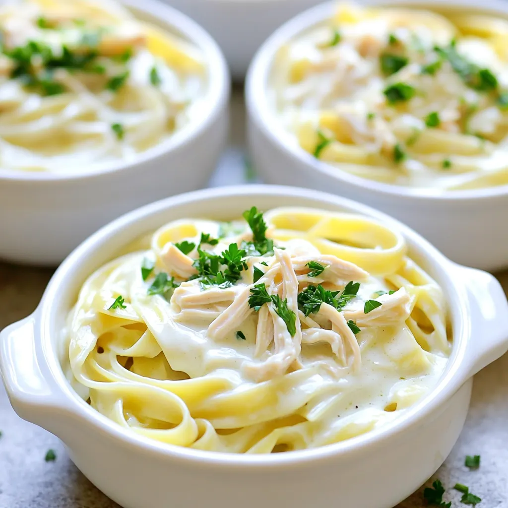 To make Slow Cooker Chicken Alfredo Pasta, you need some simple ingredients. Here’s the full list: - 1 pound boneless, skinless chicken breasts - 8 ounces fettuccine pasta - 2 cups heavy cream - 1 cup grated Parmesan cheese - 1 cup chicken broth - 4 cloves garlic, minced - 1 teaspoon Italian seasoning - Salt and pepper to taste - 2 tablespoons butter - Fresh parsley, chopped (for garnish) These ingredients come together to create a rich and creamy dish. The chicken breasts are the main star, while the fettuccine adds great texture. Heavy cream and Parmesan cheese give it that comforting, creamy flavor we all love. Garlic adds a nice kick, and Italian seasoning brings in warmth. Salt and pepper help to balance all the tastes. Don't forget the butter for richness and the parsley for a fresh touch! First, I season the chicken. I use salt, pepper, and Italian seasoning to add flavor. I place the boneless, skinless chicken breasts in the slow cooker. Next, I add the liquid ingredients. I pour in the chicken broth and heavy cream. Then, I add minced garlic and butter. I gently stir everything to mix well. Now, it's time to cook. I cover the slow cooker tightly. If I set it on low, it cooks for 6-7 hours. On high, it cooks for 3-4 hours. Covering the slow cooker is key. It keeps the heat in and helps the chicken cook evenly. About 30 minutes before serving, I make the pasta. I bring a large pot of salted water to a boil and add the fettuccine. I cook it according to the package instructions until it is al dente, then drain and set aside. Once the chicken is done, I remove it from the slow cooker. Using two forks, I shred the chicken into bite-sized pieces. I return the shredded chicken back to the slow cooker. Finally, I stir in the cooked fettuccine and grated Parmesan cheese. I mix everything well and let it cook for an additional 10-15 minutes. This warms everything through and blends the flavors perfectly. To make your Slow Cooker Chicken Alfredo Pasta extra tasty, use seasonings like: - Italian seasoning - Salt and pepper - Garlic powder You can also add ingredients to boost flavor. Consider: - Fresh spinach for a nutrient boost - Sun-dried tomatoes for a tangy kick - Mushrooms for earthy notes For this recipe, a good slow cooker is key. I recommend using: - 6-quart slow cooker for larger meals - Programmable slow cooker for ease of use You will need some basic utensils, such as: - Measuring cups for accuracy - A sharp knife for prepping - A large spoon for stirring Plating your dish well makes it more appealing. Here are some ideas: - Serve in shallow bowls for a cozy look - Sprinkle extra Parmesan on top for richness - Add a pinch of chopped parsley for color A drizzle of olive oil can enhance the dish's visual appeal. Small touches can make your meal look gourmet! {{image_2}} You can switch up the chicken for shrimp or sausage. Shrimp cooks quickly and adds a nice touch. Just toss it in the slow cooker for the last hour of cooking. For sausage, use Italian sausage. Slice it up and add it at the start. Both options bring great flavors to your meal. If you want a vegetarian twist, try using mushrooms or tofu in place of chicken. For mushrooms, use a mix of cremini and shiitake. They add a hearty texture and umami flavor. If you choose tofu, use firm tofu. Press it to remove excess moisture, then cube it. Add it to the slow cooker with the other ingredients for a creamy dish. While fettuccine is classic, you can use other pasta shapes too. Penne works well and holds sauce nicely. Bowtie pasta is fun and adds a playful look. Even whole wheat or gluten-free pasta can be used. Just adjust the cooking time based on the type of pasta you choose. This way, you can keep it interesting every time you make it! To keep your leftovers fresh, let them cool first. Place the chicken Alfredo pasta in an airtight container. This will help prevent moisture loss and keep flavors intact. Store it in the fridge for up to three days. Make sure to label the container with the date. This way, you know when to finish it. You can freeze this dish for later. First, let it cool completely. Then, transfer the pasta to a freezer-safe container. Seal it tightly to avoid freezer burn. This dish can last up to three months in the freezer. When you're ready to eat, thaw it in the fridge overnight. Reheat it on the stove over low heat. Add a splash of cream or broth to revive the sauce. In the fridge, your chicken Alfredo pasta lasts about three days. If you freeze it, you can keep it for three months. Always check for any signs of spoilage before eating. If it smells off or looks strange, it’s best to throw it away. Enjoy your tasty meal without worry! Cooking this dish takes about 6 to 7 hours on low. If you set it to high, it will take 3 to 4 hours. The chicken needs to reach a safe temperature to be tender. Always check that your chicken is fully cooked before serving. Yes, you can prep this meal ahead of time. You can season the chicken and add the liquids into the slow cooker the night before. Just cover it and store it in the fridge. In the morning, you can plug it in and let it cook while you go about your day. This dish pairs well with simple side salads or garlic bread. A fresh green salad with vinaigrette will balance the creaminess. You can also enjoy a glass of white wine or sparkling water with lemon. These drinks will enhance the flavors of the pasta. This blog post covered how to make Slow Cooker Chicken Alfredo Pasta. We looked at the key ingredients, step-by-step instructions, and tips to boost flavor. I shared storage methods and variations for your tastes. Now you can create a delicious meal with ease. Enjoy experimenting with different proteins and pasta shapes. Follow these steps for great results every time. You’re now ready to impress friends and family with your cooking skills!