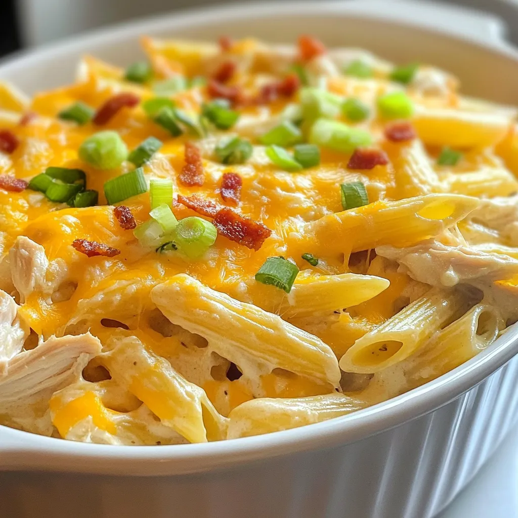- 8 ounces penne pasta - 2 cups cooked chicken, shredded - 1 package (8 oz) cream cheese, softened - 1 cup ranch dressing - 1 cup sharp cheddar cheese, shredded - 1 cup chicken broth For Crack Chicken Penne, you need a few key ingredients. First, penne pasta is the heart of this dish. It holds the creamy sauce well. Next, use cooked chicken, shredded for easy mixing. Cream cheese adds richness and creaminess. Ranch dressing gives a tangy flavor. Sharp cheddar cheese melts beautifully and enhances taste. Lastly, chicken broth ties everything together, making it saucy and smooth. - ½ teaspoon garlic powder - ½ teaspoon onion powder - ½ teaspoon black pepper - ¼ cup sliced green onions (for garnish) - ¼ cup crispy bacon bits (optional for garnish, omit for a pure crack flavor) Seasoning is essential for great taste. Garlic powder and onion powder boost flavor without overpowering. Black pepper adds a touch of heat. For garnish, sliced green onions bring freshness. If you want extra crunch, sprinkle bacon bits on top. They add a savory touch that many love. {{ingredient_image_1}} First, fill a large pot with water and add salt. Bring this water to a boil. Once boiling, add 8 ounces of penne pasta. Cook the pasta according to the package directions until it is al dente. This usually takes about 8-10 minutes. After it cooks, drain the pasta in a colander. Set the pasta aside while you make the sauce. Grab a large skillet and place it on medium heat. Add 2 cups of shredded cooked chicken to the skillet. Next, add 1 package of softened cream cheese and 1 cup of ranch dressing. Pour in 1 cup of chicken broth. Then, sprinkle ½ teaspoon of garlic powder, ½ teaspoon of onion powder, and ½ teaspoon of black pepper into the mix. Stir everything well. As the cream cheese melts, it will blend with the other ingredients, creating a rich sauce. Let this mixture simmer for 5-7 minutes. Stir gently until hot and well combined. Now, it’s time to mix in the penne. Add the drained pasta to the skillet. Toss the pasta in the creamy chicken mixture until it is fully coated. Next, fold in 1 cup of shredded sharp cheddar cheese. Stir until the cheese melts and the pasta becomes extra creamy. Once done, take it off the heat and let it sit for a minute before serving. To ensure a smooth sauce, always start with softened cream cheese. This helps it blend easily. Cook the sauce on medium heat. Stir gently while it heats. If the sauce is too thick, add more chicken broth. This keeps it creamy. Aim for a cooking time of 5 to 7 minutes. This allows the flavors to meld well. Be careful not to overcook the mixture. You want it hot, but not boiling. For ideal presentation, serve Crack Chicken Penne in a large bowl. You can also use individual plates. Top with sliced green onions and extra cheddar cheese. This makes the dish look vibrant and fresh. Recommended side dishes include a light salad or garlic bread. The salad adds crunch and freshness. Garlic bread offers a nice, buttery touch that pairs well. If you need alternatives for cream cheese, try Greek yogurt. It gives a similar creaminess with less fat. Another option is cottage cheese, blended until smooth. For dairy-free options, use non-dairy cream cheese. Almond or cashew-based options work well. You can also use coconut milk for a different flavor. This helps keep the dish creamy without dairy. Pro Tips Use Rotisserie Chicken: For a quicker prep time, use store-bought rotisserie chicken. It’s flavorful and saves you the hassle of cooking and shredding the chicken yourself. Customize Your Cheese: Feel free to experiment with different types of cheese like mozzarella or pepper jack for a unique flavor twist in your Crack Chicken Penne. Make It Ahead: This dish can be made ahead of time and stored in the fridge. Just reheat it on the stove over low heat, adding a splash of chicken broth if needed to loosen the sauce. Add Veggies: Boost the nutritional value by adding vegetables like spinach or bell peppers. Just sauté them in the skillet before adding the chicken mixture for extra flavor and texture. {{image_2}} To add a kick, you can include hot sauce or diced jalapeños. This gives your dish a bold flavor. You will taste the heat in every bite. The creamy sauce balances the spice, making it tasty and exciting. Adjust the amount of hot sauce based on your heat preference. For a veggie boost, mix in fresh spinach or bell peppers. This makes your dish healthier and adds vibrant colors. You may need to cook the veggies for a few extra minutes. Start by adding them to the skillet before the chicken mixture. This way, they soften up nicely while keeping their crunch. If you're watching carbs, try using zucchini noodles instead of pasta. Spiralize the zucchini into noodle shapes for a fun twist. Cook them briefly to keep their texture. You may want to reduce the amount of chicken broth, as zucchini releases water. This keeps your dish flavorful and creamy without being watery. To keep your Crack Chicken Penne fresh, place it in the fridge. Store leftovers in airtight containers. This prevents drying out and keeps flavors intact. Use shallow containers to cool the dish faster. Make sure to refrigerate within two hours of cooking. This keeps bacteria at bay. When reheating, aim to keep the creamy texture intact. The best way to reheat is on the stove. Heat over low to medium heat, stirring often. This helps warm your dish evenly. You can also use the microwave, but do so in short bursts. Stir between intervals to avoid hot spots. Yes, you can freeze Crack Chicken Penne! To freeze, use airtight containers or freezer bags. Remove as much air as possible. For best results, freeze it within two days of cooking. When ready to eat, thaw in the fridge overnight. Reheat gently to restore its creamy goodness. Crack Chicken is a creamy, flavorful dish made with shredded chicken. It gained fame on social media and is loved for its ease and taste. The name comes from its addictive flavor, making it hard to stop eating. This dish combines ranch dressing, cream cheese, and cheese to create a rich sauce. It’s perfect for busy weeknights, family dinners, or potlucks. Yes, you can prepare Crack Chicken Penne in advance. To do this, cook the penne and make the sauce ahead of time. Store them separately in the fridge. When you are ready to eat, simply reheat the sauce and combine it with the pasta. This method keeps everything fresh and tasty. Absolutely! Crack Chicken Penne is great for meal prep. Divide the dish into portions and store in airtight containers. This makes it easy to grab a meal when you're busy. It keeps well in the fridge for about 3 to 4 days. You can reheat it in the microwave or on the stove. Yes, you can scale the recipe for larger or smaller servings. Just multiply or divide the ingredients based on how many people you are serving. If you want to serve two, use half the ingredients. For eight servings, double everything. This makes it easy to fit any gathering or meal plan. In this blog post, we explored how to make Crack Chicken Penne. We covered the main ingredients, step-by-step cooking instructions, and helpful tips for perfecting your dish. You learned ways to add a twist or adapt the recipe for different diets. Enjoy experimenting with flavors and serving this comfort dish. It’s perfect for family meals or meal prep. With the right storage and reheating methods, your leftovers will taste just as good. Dive into this tasty dish, and make it your own!