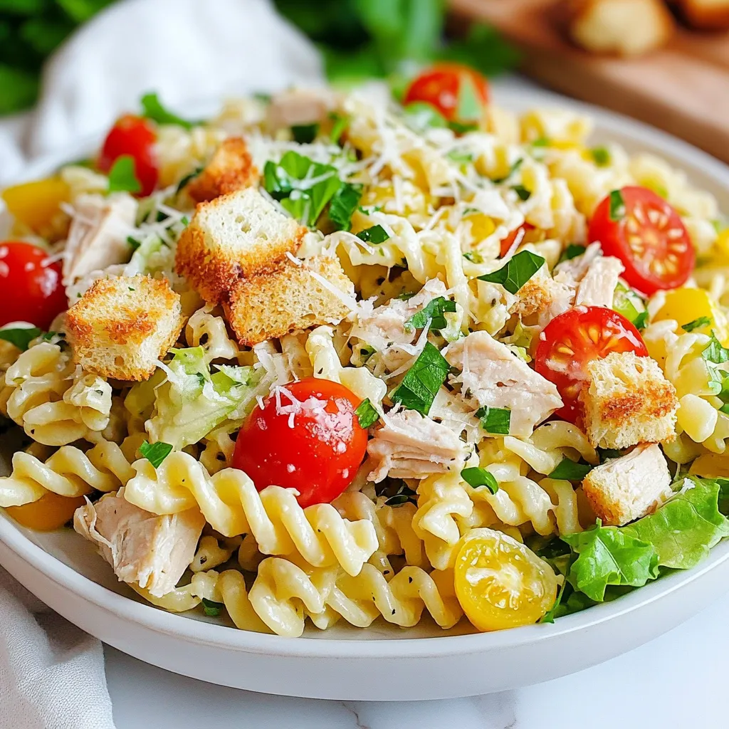 - 2 cups rotini pasta - 2 cups cooked chicken breast, shredded - 1 cup romaine lettuce, chopped - ½ cup cherry tomatoes, halved - ½ cup Caesar dressing - ¼ cup grated Parmesan cheese - ¼ cup croutons - 1 tablespoon lemon juice The main ingredients create a tasty base for the Chicken Caesar Pasta Salad. The rotini pasta provides a fun twist. It holds the dressing well, making each bite burst with flavor. The cooked chicken breast adds protein and a savory taste. Shredded chicken works best, as it mixes easily with pasta. Romaine lettuce adds a nice crunch and freshness. Meanwhile, halved cherry tomatoes give a pop of color and sweetness. Caesar dressing is key. It brings all the flavors together. Grated Parmesan cheese adds a rich taste, while croutons add a delightful crunch. A squeeze of lemon juice brightens the salad and enhances the flavors. - Fresh parsley - Other protein options You can add fresh parsley for color and a hint of flavor. It makes the dish look pretty too. If you want more protein, try using shrimp or turkey. These options can change the taste and feel of the salad. - Salt - Pepper Finally, don’t forget salt and pepper. These basic seasonings can make a big difference. Just a sprinkle can enhance the taste. Keep in mind that the dressing and cheese may add some saltiness, so taste before seasoning. {{ingredient_image_1}} - Boil the rotini pasta: Start by boiling a large pot of salted water. Add the rotini pasta and cook it until it is al dente. This usually takes about 8 to 10 minutes. Stir the pasta occasionally to prevent sticking. - Cooling the pasta: Once cooked, drain the pasta in a colander. Rinse it under cold water to stop the cooking process. This helps keep the pasta from getting mushy in your salad. Let it sit while you prepare the other ingredients. - Shredding cooked chicken breast: If you don’t have any cooked chicken prepared, you can roast or boil your chicken breast. After cooking, let it cool for a few minutes. Then use two forks to shred the chicken into bite-sized pieces. Set it aside for later. - Combining dressing and lemon juice: In a large mixing bowl, pour in the Caesar dressing. Add the tablespoon of lemon juice. Whisk them together until they blend well. This brings a fresh taste to your salad. - Tossing ingredients together: Add the cooled rotini pasta to the bowl with the dressing. Next, include the shredded chicken, chopped romaine lettuce, halved cherry tomatoes, and grated Parmesan cheese. Gently toss everything together. You want it evenly coated. - Final seasoning: After mixing, taste the salad. Add salt and pepper if needed. Remember, the dressing and cheese can add saltiness, so adjust carefully. Each step is simple and brings you closer to a tasty Chicken Caesar Pasta Salad. Enjoy the fun of making this easy recipe! To make the best Chicken Caesar Pasta Salad, cook the pasta al dente. This means the pasta should be firm, not too soft. Overcooked pasta can become mushy in the salad. After cooking, rinse the pasta under cold water to stop cooking and cool it down. Chill the salad before serving. This helps the flavors blend. Place it in the fridge for at least 30 minutes. The cold salad is refreshing, especially on warm days. Garnish with fresh parsley for color and taste. Just sprinkle it on top before serving. It adds a nice touch and bright flavor. Choose the right serving dish. A large platter works well for gatherings. Individual bowls are great for smaller meals. Both options make serving easy. Customize the dressing amounts to suit your taste. Some like it creamy, while others prefer less. Start with half a cup of Caesar dressing and adjust from there. For crunchy croutons, add them just before serving. If they sit too long, they can become soggy. Keep them separate until you are ready to eat. Pro Tips Cook Pasta Al Dente: Ensure the rotini pasta is cooked al dente for the best texture. This prevents the pasta from becoming mushy when mixed with the dressing. Use Fresh Ingredients: Fresh romaine lettuce and ripe cherry tomatoes enhance the flavor and texture of the salad. Opt for high-quality Caesar dressing for a richer taste. Chill Before Serving: For optimal flavor, chill the pasta salad in the fridge for at least 30 minutes before serving. This allows the flavors to meld beautifully. Customize Your Salad: Feel free to add other ingredients like bacon bits, olives, or avocado for additional flavor and texture variations. {{image_2}} You can change the pasta shape in this salad. Try penne, fusilli, or even farfalle. Each shape offers a fun twist. You can also switch up the protein. Use turkey, shrimp, or even grilled veggies. These options keep the salad fresh and exciting. Make your own Caesar dressing for a special touch. You’ll need garlic, anchovies, egg yolk, lemon juice, and Parmesan cheese. Blend these for a creamy mix. If you want a lighter option, use Greek yogurt instead of mayonnaise. This keeps the flavor while cutting calories. Add more veggies for crunch and color. Try bell peppers, cucumbers, or even avocado. They all add a lovely taste. You can also switch the cheese. Instead of Parmesan, use feta or goat cheese for a unique flavor twist. These changes add depth to your Chicken Caesar Pasta Salad. To keep your Chicken Caesar Pasta Salad fresh, store it in the fridge. Use airtight containers to prevent spills and keep the salad crisp. Glass containers work well, as do plastic ones. Make sure to cool the salad completely before sealing the container. This helps it stay fresh longer. You can enjoy this salad cold or warm. If you prefer it warm, the stovetop is best. Heat it gently in a skillet over low heat. Stir often to avoid burning. The microwave is also an option. Heat in short bursts, stirring in between. Be careful not to overheat, or the salad may get soggy. In the fridge, your Chicken Caesar Pasta Salad lasts about three to four days. After that, the quality starts to decline. Always check for any off smells or changes in texture before eating leftovers. For best taste, enjoy it within the first couple of days. Yes, you can use rotisserie chicken. It saves time and adds flavor. Rotisserie chicken is already cooked, so you can shred it quickly. This chicken is juicy and tender, making your salad taste great. Plus, it gives you more time to relax and enjoy your meal. Yes, this salad works well for meal prep. You can make it ahead and store it in the fridge. Here are some tips for meal prep: - Prep ingredients separately: Store pasta, chicken, and veggies apart from the dressing. - Mix before eating: Combine all ingredients just before you eat. This keeps the salad fresh. - Use airtight containers: This helps keep everything crisp and tasty. Absolutely! You can choose gluten-free pasta. Many brands offer tasty options made from rice or chickpeas. Check the labels to find the best choice for you. This way, you can enjoy the salad without gluten. This blog post covered how to make a delicious rotini Caesar salad. We discussed key ingredients like pasta, chicken, lettuce, and dressing. I shared step-by-step instructions to help you mix everything perfectly. We explored tips for enhancing flavor and variations to keep it fresh. Don't forget about storage tips to keep leftovers tasty. Now you have the tools to create your own salad. Enjoy experimenting with flavors and ingredients that fit your taste. Happy cooking!