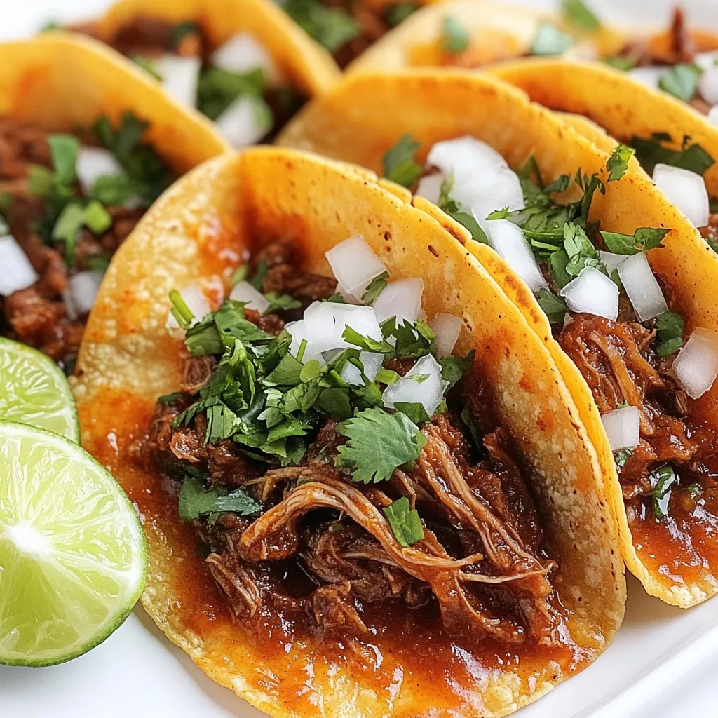 - 2 lbs beef chuck roast, cut into chunks - 4 dried guajillo chiles, seeds removed - 2 dried ancho chiles, seeds removed - 1 onion, quartered - 4 cloves garlic - 1 teaspoon cumin - 1 teaspoon oregano - ½ teaspoon black pepper - 4 cups beef broth - 2 bay leaves - Salt to taste - Corn tortillas - Chopped cilantro and onion for garnish - Lime wedges for serving For birria tacos, we need key ingredients that bring rich flavors. The beef chuck roast gives us tender meat after cooking. Dried guajillo and ancho chiles add a smoky taste. The onion and garlic are aromatics that boost flavor. Spices like cumin, oregano, and black pepper bring warmth and depth. Bay leaves add an extra layer of taste. Beef broth keeps the meat moist and flavorful. Don’t forget the salt to enhance all the flavors. Corn tortillas are essential for wrapping the shredded beef. Finally, garnish with chopped cilantro and onion. Lime wedges add a bright touch when serving. Each ingredient plays a part in making delicious birria tacos. {{ingredient_image_1}} Toasting the Guajillo and Ancho Chiles First, heat a dry skillet over medium heat. Add the guajillo and ancho chiles. Toast them for about 2-3 minutes. Watch closely so they do not burn. The goal is to bring out their rich flavor. Rehydrating the Chiles in Hot Water Once toasted, place the chiles in a pot. Cover them with hot water. Let them soak for 15-20 minutes. This step makes them soft and ready for blending. Blending Ingredients for the Sauce After the chiles are soft, drain them. Place them in a blender. Add onion, garlic, cumin, oregano, and black pepper. Pour in about 1 cup of beef broth. Blend until smooth. If the mix is too thick, add more broth. Achieving the Right Consistency You want the sauce to be smooth and pourable. If it’s too thick, keep adding broth. The right texture will coat the meat nicely during cooking. Searing the Beef Chuck Roast Take 2 lbs of beef chuck roast and cut it into chunks. Season with salt. Heat oil in a large pot over medium-high heat. Brown the beef on all sides for 5-7 minutes. This adds flavor. Simmering the Beef with Sauce Pour the blended sauce over the browned beef. Add the remaining beef broth and bay leaves. Stir well and bring it to a simmer. Cover the pot, reduce the heat, and cook for 2-3 hours. The beef should be tender and easy to shred. Proper Technique for Shredding After cooking, remove the beef from the pot. Use two forks to shred the beef. It should pull apart easily. Discard the bay leaves. Reserving Cooking Liquid Remember to save the cooking liquid. This broth adds flavor to your tacos. You can drizzle it over the beef when serving. Heating Corn Tortillas In a separate skillet, warm corn tortillas over medium heat. Heat them for about 30 seconds on each side. This makes them soft and pliable. Adding Shredded Beef and Toppings Take a warmed tortilla and add a generous amount of shredded beef in the center. Top with chopped cilantro and onions. If you like, drizzle some reserved broth on top for extra flavor. Serving Suggestions Serve your tacos with lime wedges on the side. A squeeze of lime adds a bright touch. Enjoy your delicious birria tacos! Toasting chiles is key. When you toast guajillo and ancho chiles, you release their rich flavors. Use a dry skillet over medium heat. Toast them for 2-3 minutes. Watch closely to avoid burning. After toasting, rehydrate them in hot water for about 15-20 minutes. This softens them and prepares them for blending. Perfecting the sauced beef is also essential. After toasting the chiles, blend them with onion, garlic, spices, and beef broth. Aim for a smooth sauce. This sauce will coat the beef and add depth to your tacos. When cooking, let the beef simmer for 2-3 hours. This makes it tender and easy to shred. Choose between corn or flour tortillas. Corn tortillas are traditional for birria tacos. They add a rustic touch and hold the beef well. Flour tortillas are softer and larger. They can also work, but they change the taco's flavor. Homemade tortillas are the best if you have time. They taste fresh and make your tacos special. Store-bought tortillas save time but may not match homemade quality. If you choose store-bought, warm them well before use. Avoid overcooking or undercooking the beef. Overcooking makes it dry, while undercooking leaves it tough. Cook the beef until it shreds easily. This is the perfect sign it’s done. Be careful with spice ratios. A little too much or too little can change the dish. Follow the recipe closely. Adjust spices to your taste, but start with the recommended amounts. This will help you create delicious, balanced flavors. Pro Tips Choosing the Right Cut: Opt for beef chuck roast for the best flavor and tenderness; it shreds beautifully after slow cooking. Chili Toasting: Toast the dried chiles gently to enhance their flavor, but be careful to avoid burning them, as this can lead to bitterness. Cooking Liquid: The reserved cooking liquid can be used as a delicious dipping broth for your tacos, adding extra flavor. Warm Tortillas: Always warm the tortillas before assembling the tacos to make them pliable and prevent tearing. {{image_2}} Birria tacos are very flexible. You can use more than just beef. Here are some great alternatives: - Lamb: This meat adds a rich flavor. It pairs well with the spices. - Chicken: Chicken birria is lighter and still full of taste. - Pork: Pork provides a sweet taste that blends nicely with the sauce. For plant-based options, try these: - Jackfruit: This fruit shreds well and takes on flavors easily. - Mushrooms: Use hearty mushrooms like portobello for a meaty texture. The sauce is key to birria tacos. You can change it up by: - Spicing It Up with Different Chiles: Try chipotle for heat. Use pasilla for a smoky taste. - Adding Additional Herbs and Spices: Cilantro brings freshness. Thyme or rosemary can add a unique twist. Experimenting with these options makes your tacos special. Toppings can elevate your birria tacos. Here are some fun ideas: - Unique Toppings to Try: Add diced avocado or pickled onions for extra flavor. crumbled cheese can add creaminess. - Suggestions for Sides: Serve with rice and beans or a fresh salad. Corn elote is also a great match. These variations help you explore different flavors while making birria tacos your own. After making Birria tacos, you might have some tasty leftovers. Here’s how to store them: - Best Practices for Refrigeration: Let the Birria cool down first. Place it in an airtight container. Store it in the fridge for up to 3 days. This keeps the flavors fresh and safe to eat. - Freezing Tacos and Meat: You can freeze the meat and tortillas separately. Wrap the meat tightly in plastic wrap. Then, put it in a freezer-safe bag. Store it for up to 3 months. For tortillas, stack them and wrap them in foil. This helps prevent freezer burn. When you're ready to enjoy your leftovers, reheating them properly is key. - Techniques for Maintaining Texture: To keep the meat juicy, reheat it on the stove. Add a splash of broth in a pan over low heat. Stir gently until warmed through. This keeps the meat from drying out. - Best Ways to Reheat Tacos: For the tortillas, warm them in a skillet. Heat each side for about 30 seconds. This makes them soft and pliable again. Once warm, fill them with the reheated meat and enjoy! Birria tacos come from Mexico. They use beef that cooks slowly in a rich sauce. The sauce has dried chiles, spices, and seasonings. This dish has roots in Jalisco, a state in western Mexico. Traditionally, people serve birria at special events. These tacos are unique because you dip them in the savory broth. Yes, you can! The Instant Pot speeds up cooking time. For tender beef, cook on high pressure for about 45 minutes. After cooking, let the pressure release naturally for 15 minutes. This method gives you the same rich flavors in less time. Great sides include rice, beans, or a fresh salad. You can also serve grilled vegetables. A cool drink pairs well, like horchata or agua fresca. These options balance the rich flavors of the tacos. You can tell the beef is done when it shreds easily with a fork. It should be tender, not tough. If the meat pulls apart without effort, it is ready. Cooking for about 2-3 hours on low heat helps achieve this perfect texture. In this post, we explored how to make delicious birria tacos. We covered key ingredients, step-by-step instructions, and helpful tips. The right spices and cooking methods enhance flavor. Remember to toast your chiles and choose suitable tortillas. Don't shy away from variations like different meats or toppings. Lastly, store any leftovers properly to keep them tasty. Making birria tacos is simple and rewarding. Enjoy this dish with family and friends for a great meal.