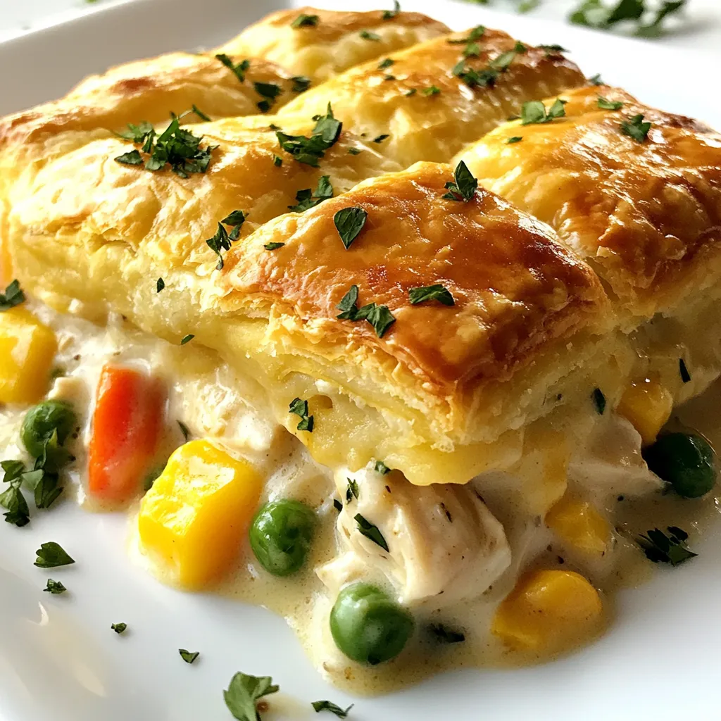 - 2 cups cooked chicken, shredded - 1 cup frozen mixed vegetables (peas, carrots, corn) - 1 cup cream of chicken soup - 1 cup chicken broth The base of this casserole is the cooked chicken. You can use rotisserie chicken for ease. The frozen mixed vegetables add color and nutrients. Cream of chicken soup brings creaminess and flavor, while chicken broth adds depth. - 1 teaspoon garlic powder - 1 teaspoon onion powder - 1 teaspoon dried thyme - Salt and pepper to taste - 1 teaspoon olive oil These seasonings boost the taste of your casserole. Garlic powder adds a nice kick. Onion powder gives it a sweet flavor. Thyme adds an earthy touch. Use salt and pepper to adjust to your liking. Olive oil helps to sauté the chicken and veggies. - 1 package (8 oz) refrigerated crescent roll dough - Fresh parsley, chopped (for garnish) The crescent roll dough is the star of the crust. It becomes flaky and golden when baked. Fresh parsley adds a splash of color and freshness to the dish. {{ingredient_image_1}} First, preheat your oven to 375°F (190°C). This step warms your oven so the casserole bakes evenly. Next, heat 1 teaspoon of olive oil in a large skillet over medium heat. This oil adds flavor and helps cook the chicken and veggies. In the skillet, add 2 cups of shredded cooked chicken and 1 cup of frozen mixed vegetables. Stir them well. Pour in 1 cup of cream of chicken soup and 1 cup of chicken broth. Mix everything together. Now, add 1 teaspoon of garlic powder, 1 teaspoon of onion powder, and 1 teaspoon of dried thyme. Season with salt and pepper to taste. Let this mixture simmer for about 5 minutes until it's hot. Pour the chicken and vegetable mixture into a greased 9x13 inch casserole dish. Spread it evenly across the bottom. Next, unroll the package of refrigerated crescent roll dough on a lightly floured surface. Use a rolling pin to gently roll each triangle into rectangles. Lay these rectangles over the chicken mixture, covering it completely. Place the casserole in your preheated oven. Bake for 25-30 minutes. Look for the crescent dough to be golden brown and puffed up. Once it’s done, remove it from the oven and let it cool for about 5 minutes before serving. This cooling time helps the filling set. Enjoy your delicious Chicken Pot Pie Casserole! To ensure a flaky crust, start with cold dough. This helps the dough rise better. When you roll out the crescent dough, do it gently. Avoid stretching it too much. This keeps the layers light and fluffy. To avoid a soggy bottom, make sure your filling is not too wet. Use only one cup of chicken broth. If your mixture looks too runny, simmer it longer. This helps the extra liquid cook off. Always let the casserole cool for a few minutes before serving. This allows it to set. One common mistake is overfilling the casserole. Stick to the amounts listed in the recipe. If you add too much filling, the dough may not cook right. Another mistake is not seasoning properly. Taste your filling before you pour it into the dish. Adjust the salt, pepper, or herbs as needed. Good seasoning makes all the difference in flavor. For ideal side dishes, consider serving a fresh salad. A simple green salad pairs well. You could also offer bread rolls. They soak up the extra sauce nicely. Pairing with salads or bread adds balance to your meal. The salad adds crunch, while the bread offers warmth. Both enhance the cozy feel of your chicken pot pie casserole. Pro Tips Use Rotisserie Chicken: For a quicker preparation, consider using store-bought rotisserie chicken instead of cooking your own. This saves time and adds wonderful flavor. Customize Your Vegetables: Feel free to mix and match the vegetables according to your preference. Broccoli, green beans, or bell peppers can add a different taste and texture. Make It Ahead: You can prepare the chicken and vegetable mixture a day in advance. Just assemble the casserole before baking to save time on busy nights. Check for Doneness: Baking times may vary based on your oven. Keep an eye on the crescent dough; it should be golden brown and puffed up for the best texture. {{image_2}} You can change the veggies in your chicken pot pie casserole. Try using: - Broccoli - Green beans - Bell peppers These options add color and taste. You can also switch proteins. Instead of chicken, use: - Turkey - Cooked ham - Tofu for a vegetarian twist If you need a gluten-free option, look for gluten-free crescent roll dough. Many brands offer this choice. For a healthier soup, swap the cream of chicken with: - Low-fat cream of mushroom - A homemade creamy soup These changes keep the dish tasty while fitting your needs. Boost the flavor with extra spices or herbs. Some great choices include: - Paprika - Rosemary - Basil You can also mix in cheese. Adding shredded cheddar or mozzarella gives a nice, creamy touch. Consider topping with breadcrumbs for crunch. These changes make your casserole even more delicious! You can store chicken pot pie casserole in the fridge for about three to four days. Make sure to let it cool first. Place it in an airtight container to keep it fresh. If you leave it uncovered, it may dry out. Label your container with the date. This helps you know how long it’s been stored. To freeze the casserole, let it cool completely. Then, wrap it tightly in plastic wrap or foil. You can also use a freezer-safe container. This will prevent freezer burn. It’s best to eat frozen portions within three months. To reheat, thaw it in the fridge overnight. Then, bake it at 350°F (175°C) until it’s hot all the way through. You can also microwave individual servings for a quick meal. For a meal, I suggest serving one to two cups per person. This can depend on how hungry everyone is. If you have a large gathering, you can easily double the recipe. Use a bigger dish to fit all the filling and dough. This way, everyone can enjoy a delicious serving. Yes, rotisserie chicken works well. It saves time and adds great flavor. Just shred the chicken and mix it with the other ingredients. This swap makes the cooking process quicker and easier. Baking the casserole takes about 25 to 30 minutes. You want the crescent roll dough to be golden brown and puffed. Keep an eye on it during the last few minutes. This ensures it comes out just right. Yes, you can prepare it ahead of time. Assemble the casserole and cover it. Store it in the fridge for up to 24 hours. When ready to bake, just pop it in the oven. You may need to add a few extra minutes to the baking time. The best way to reheat leftovers is to use the oven. Preheat it to 350°F (175°C). Place the casserole in an oven-safe dish and cover it. Heat for about 15 to 20 minutes. This keeps the crust nice and crisp. Absolutely! For a vegetarian option, swap the chicken for a mix of beans or extra veggies. You can use mushrooms or tofu for added protein. Replace the cream of chicken soup with a plant-based version. This keeps the dish tasty and filling. This chicken pot pie casserole combines simple ingredients for a comforting dish. You learned about the main components, seasonings, and crust choices. I shared tips to make the perfect casserole, common mistakes to avoid, and great serving ideas. Try ingredient swaps or dietary adjustments for variety. Store leftovers properly to enjoy them later. Making this dish is straightforward and rewarding. With these tips, you can create a meal that satisfies everyone at the table. Enjoy your cooking journey!