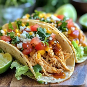- 2 cups cooked chicken, shredded - ½ cup honey - ½ cup BBQ sauce (preferably a smoky variant) - 1 tablespoon olive oil - 1 teaspoon garlic powder - 1 teaspoon smoked paprika - ½ teaspoon cumin - ½ teaspoon chili powder - Salt and pepper, to taste - 8 small corn or flour tortillas - 1 cup shredded lettuce - 1 cup diced tomatoes - ½ cup shredded cheese (cheddar or Mexican blend) - Fresh cilantro, for garnish - Lime wedges, for serving These ingredients make the honey BBQ chicken tacos both tasty and easy to prepare. The shredded chicken is the star, bringing in a savory flavor. Honey and BBQ sauce add a sweet and tangy kick. The spices like garlic powder and smoked paprika give depth. You can choose corn or flour tortillas based on your taste. They hold all the goodness inside. The toppings like lettuce, tomatoes, and cheese make each bite fresh and crunchy. Don’t forget the cilantro for that burst of flavor! Lime wedges on the side add a nice zesty touch. With these ingredients, you're on your way to a delicious meal. Just gather everything and let’s start cooking! {{ingredient_image_1}} To start, gather your ingredients. You need cooked chicken, honey, BBQ sauce, and spices. In a mixing bowl, combine 2 cups of shredded chicken with ½ cup of honey and ½ cup of BBQ sauce. Then, add 1 teaspoon of garlic powder, 1 teaspoon of smoked paprika, ½ teaspoon of cumin, and ½ teaspoon of chili powder. Add salt and pepper to taste. Mix everything well. Use a fork or spoon to ensure the chicken gets evenly coated. This helps the flavors blend nicely. You want every piece of chicken to have a bit of that sweet and smoky sauce. Next, heat 1 tablespoon of olive oil in a large skillet over medium heat. Make sure the oil is hot before adding the chicken mixture. This helps to lock in the flavors. Once the oil is hot, add your chicken mixture to the skillet. Stir occasionally with a spatula. Cook for about 5 to 7 minutes. You want the chicken to be heated through and slightly caramelized. This gives it a nice texture and flavor. While the chicken cooks, you can prepare your tortillas. You can warm 8 small corn or flour tortillas in a separate pan or microwave. The tortillas should be soft and pliable for easy folding. To assemble, place a generous portion of the BBQ chicken mixture in the center of each tortilla. Then, top it with 1 cup of shredded lettuce, 1 cup of diced tomatoes, and ½ cup of shredded cheese. For a fresh touch, garnish each taco with cilantro. Serve them with lime wedges on the side. Squeezing lime over the tacos adds a bright flavor that pairs well with the sweet BBQ chicken. Enjoy your meal! To make your Honey BBQ Chicken Tacos even better, try different BBQ sauce types. You can use a sweet sauce, a spicy one, or even a tangy variant. Each choice adds a new twist. You can also adjust the spices. If you like heat, add more chili powder or some hot sauce. For milder flavors, skip the chili powder or use less. When cooking the chicken, sauté it in a hot skillet. This method helps the flavors blend well. Keep stirring the chicken mixture often. It helps to cook evenly and prevents burning. To achieve caramelization, let the chicken sit for a moment before stirring. This technique gives the chicken a nice brown color and enhances the taste. For serving, think outside the box! You can arrange the tacos on a large platter. Add lime wedges and extra toppings on the side. This way, everyone can customize their tacos. For garnishing, use fresh cilantro to add color and flavor. You might also sprinkle some cheese on top for a nice finish. Remember, a fun presentation makes the meal even more enjoyable! Pro Tips Use Leftover Chicken: Shredded rotisserie chicken works perfectly for this recipe, saving you time and adding great flavor. Adjust Sweetness: If you prefer your tacos less sweet, reduce the honey in the sauce or use a barbecue sauce that is less sweet. Add Heat: For a spicy kick, consider adding diced jalapeños or a splash of hot sauce to the chicken mixture. Make Ahead: You can prepare the BBQ chicken mixture ahead of time and store it in the fridge for up to 3 days, making assembly quick and easy. {{image_2}} You can easily swap chicken for other proteins. Beef works well in these tacos. Use shredded beef for a rich flavor. You can also try using tofu. Tofu absorbs flavors well and offers a nice texture. For seafood lovers, shrimp is a great choice. Toss shrimp in the same honey BBQ mix. Cook them until they're pink and firm. Each option gives you a new twist on the classic taco. Toppings can take your tacos to the next level. Try adding avocado slices for creaminess. Pickled onions add a tangy crunch. You could also use jalapeños for some heat. Don’t forget about salsa! Fresh salsa brings a burst of flavor. For side dishes, consider serving corn on the cob. A fresh garden salad pairs nicely too. You can also serve tortilla chips with salsa for a fun crunch. Mixing in unique sauces can change the flavor profile. Try adding a bit of ranch dressing for a creamy touch. A drizzle of hot sauce can spice things up. If you love a tangy kick, mix in some lime juice. For a homemade dressing, combine Greek yogurt with lime and cilantro. This adds a fresh taste that complements the tacos well. Experiment with different sauces to find your perfect flavor! To keep your Honey BBQ Chicken Tacos fresh, store them properly. First, let them cool down. Place any leftover tacos in an airtight container. This helps keep moisture in and air out. You can store them in the fridge for up to three days. If you want to keep them longer, freezing is a good option. Wrap each taco tightly in plastic wrap. Then, place them in a freezer-safe bag. They will stay good in the freezer for up to three months. When you're ready to eat, just thaw them in the fridge overnight. Reheating your tacos can bring back their delicious flavor. You have a few good methods to choose from. The oven works well. Preheat it to 350°F (175°C). Place the tacos on a baking sheet for about 10-15 minutes. You can also use a skillet. Heat it on medium-low and add the tacos. Cook for about 3-5 minutes on each side. This method helps keep them crispy. If you're in a hurry, the microwave is easy too. Just place them on a microwave-safe plate. Heat in 30-second bursts until warm. After reheating, check the quality. Ensure the chicken is hot and the cheese is melted. Enjoy your tasty tacos just like the first time! Honey BBQ Chicken Tacos can last about 3 to 4 days in the fridge. To keep them fresh, store them in an airtight container. Always check for signs of spoilage. If the chicken looks off or smells strange, it's best to throw it away. Yes, you can make these tacos ahead. Prepare the chicken mixture and store it in the fridge. Warm it up when you're ready to eat. You can also pre-chop the veggies and keep them separate. This helps the tacos taste fresh when you assemble them. If you want a gluten-free option, use corn tortillas. For a low-carb choice, try using lettuce wraps. They add a nice crunch and keep the meal light. You can also use whole grain tortillas for a healthier twist. In this article, we explored the tasty world of Honey BBQ Chicken Tacos. We covered key ingredients like cooked chicken, honey, spices, and tortillas. We discussed step-by-step methods to prepare and cook the chicken, assemble the tacos, and serve them up. We also shared tips to enhance flavors and suggest fun variations. Remember, you can customize every part, from proteins to toppings. Enjoy these delicious tacos with your family and friends. Happy cooking!