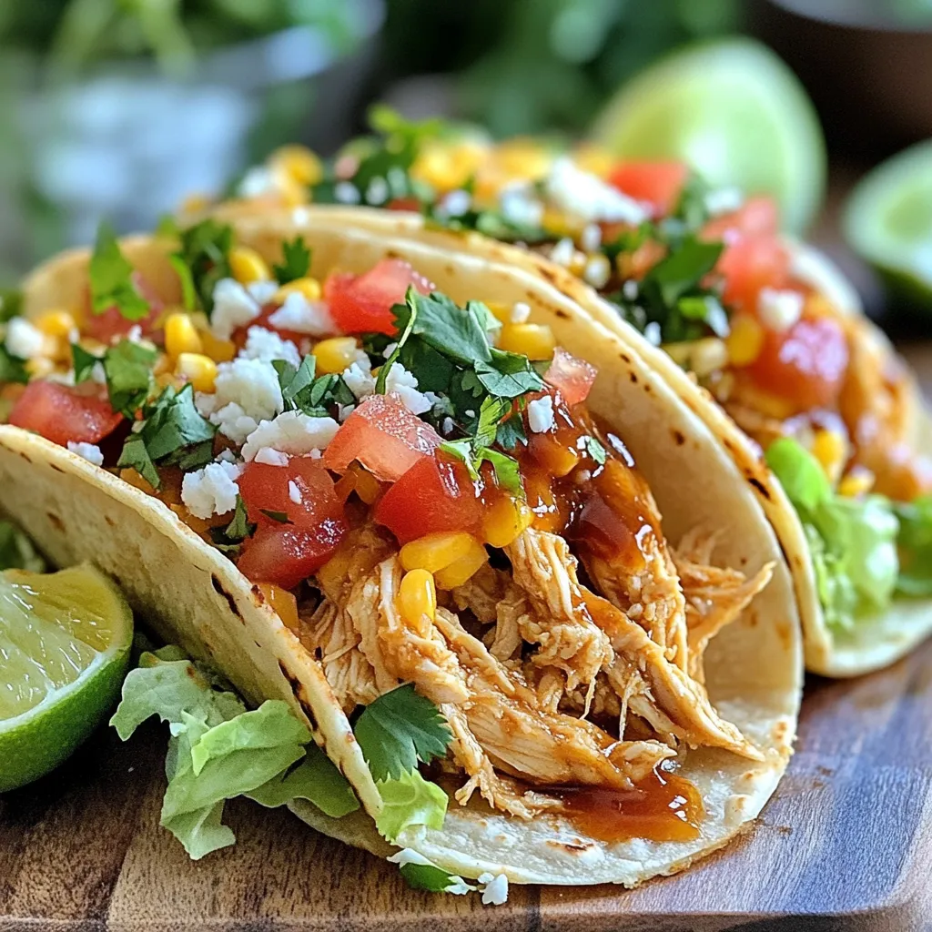 - 2 cups cooked chicken, shredded - ½ cup honey - ½ cup BBQ sauce (preferably a smoky variant) - 1 tablespoon olive oil - 1 teaspoon garlic powder - 1 teaspoon smoked paprika - ½ teaspoon cumin - ½ teaspoon chili powder - Salt and pepper, to taste - 8 small corn or flour tortillas - 1 cup shredded lettuce - 1 cup diced tomatoes - ½ cup shredded cheese (cheddar or Mexican blend) - Fresh cilantro, for garnish - Lime wedges, for serving These ingredients make the honey BBQ chicken tacos both tasty and easy to prepare. The shredded chicken is the star, bringing in a savory flavor. Honey and BBQ sauce add a sweet and tangy kick. The spices like garlic powder and smoked paprika give depth. You can choose corn or flour tortillas based on your taste. They hold all the goodness inside. The toppings like lettuce, tomatoes, and cheese make each bite fresh and crunchy. Don’t forget the cilantro for that burst of flavor! Lime wedges on the side add a nice zesty touch. With these ingredients, you're on your way to a delicious meal. Just gather everything and let’s start cooking! {{ingredient_image_1}} To start, gather your ingredients. You need cooked chicken, honey, BBQ sauce, and spices. In a mixing bowl, combine 2 cups of shredded chicken with ½ cup of honey and ½ cup of BBQ sauce. Then, add 1 teaspoon of garlic powder, 1 teaspoon of smoked paprika, ½ teaspoon of cumin, and ½ teaspoon of chili powder. Add salt and pepper to taste. Mix everything well. Use a fork or spoon to ensure the chicken gets evenly coated. This helps the flavors blend nicely. You want every piece of chicken to have a bit of that sweet and smoky sauce. Next, heat 1 tablespoon of olive oil in a large skillet over medium heat. Make sure the oil is hot before adding the chicken mixture. This helps to lock in the flavors. Once the oil is hot, add your chicken mixture to the skillet. Stir occasionally with a spatula. Cook for about 5 to 7 minutes. You want the chicken to be heated through and slightly caramelized. This gives it a nice texture and flavor. While the chicken cooks, you can prepare your tortillas. You can warm 8 small corn or flour tortillas in a separate pan or microwave. The tortillas should be soft and pliable for easy folding. To assemble, place a generous portion of the BBQ chicken mixture in the center of each tortilla. Then, top it with 1 cup of shredded lettuce, 1 cup of diced tomatoes, and ½ cup of shredded cheese. For a fresh touch, garnish each taco with cilantro. Serve them with lime wedges on the side. Squeezing lime over the tacos adds a bright flavor that pairs well with the sweet BBQ chicken. Enjoy your meal! To make your Honey BBQ Chicken Tacos even better, try different BBQ sauce types. You can use a sweet sauce, a spicy one, or even a tangy variant. Each choice adds a new twist. You can also adjust the spices. If you like heat, add more chili powder or some hot sauce. For milder flavors, skip the chili powder or use less. When cooking the chicken, sauté it in a hot skillet. This method helps the flavors blend well. Keep stirring the chicken mixture often. It helps to cook evenly and prevents burning. To achieve caramelization, let the chicken sit for a moment before stirring. This technique gives the chicken a nice brown color and enhances the taste. For serving, think outside the box! You can arrange the tacos on a large platter. Add lime wedges and extra toppings on the side. This way, everyone can customize their tacos. For garnishing, use fresh cilantro to add color and flavor. You might also sprinkle some cheese on top for a nice finish. Remember, a fun presentation makes the meal even more enjoyable! Pro Tips Use Leftover Chicken: Shredded rotisserie chicken works perfectly for this recipe, saving you time and adding great flavor. Adjust Sweetness: If you prefer your tacos less sweet, reduce the honey in the sauce or use a barbecue sauce that is less sweet. Add Heat: For a spicy kick, consider adding diced jalapeños or a splash of hot sauce to the chicken mixture. Make Ahead: You can prepare the BBQ chicken mixture ahead of time and store it in the fridge for up to 3 days, making assembly quick and easy. {{image_2}} You can easily swap chicken for other proteins. Beef works well in these tacos. Use shredded beef for a rich flavor. You can also try using tofu. Tofu absorbs flavors well and offers a nice texture. For seafood lovers, shrimp is a great choice. Toss shrimp in the same honey BBQ mix. Cook them until they're pink and firm. Each option gives you a new twist on the classic taco. Toppings can take your tacos to the next level. Try adding avocado slices for creaminess. Pickled onions add a tangy crunch. You could also use jalapeños for some heat. Don’t forget about salsa! Fresh salsa brings a burst of flavor. For side dishes, consider serving corn on the cob. A fresh garden salad pairs nicely too. You can also serve tortilla chips with salsa for a fun crunch. Mixing in unique sauces can change the flavor profile. Try adding a bit of ranch dressing for a creamy touch. A drizzle of hot sauce can spice things up. If you love a tangy kick, mix in some lime juice. For a homemade dressing, combine Greek yogurt with lime and cilantro. This adds a fresh taste that complements the tacos well. Experiment with different sauces to find your perfect flavor! To keep your Honey BBQ Chicken Tacos fresh, store them properly. First, let them cool down. Place any leftover tacos in an airtight container. This helps keep moisture in and air out. You can store them in the fridge for up to three days. If you want to keep them longer, freezing is a good option. Wrap each taco tightly in plastic wrap. Then, place them in a freezer-safe bag. They will stay good in the freezer for up to three months. When you're ready to eat, just thaw them in the fridge overnight. Reheating your tacos can bring back their delicious flavor. You have a few good methods to choose from. The oven works well. Preheat it to 350°F (175°C). Place the tacos on a baking sheet for about 10-15 minutes. You can also use a skillet. Heat it on medium-low and add the tacos. Cook for about 3-5 minutes on each side. This method helps keep them crispy. If you're in a hurry, the microwave is easy too. Just place them on a microwave-safe plate. Heat in 30-second bursts until warm. After reheating, check the quality. Ensure the chicken is hot and the cheese is melted. Enjoy your tasty tacos just like the first time! Honey BBQ Chicken Tacos can last about 3 to 4 days in the fridge. To keep them fresh, store them in an airtight container. Always check for signs of spoilage. If the chicken looks off or smells strange, it's best to throw it away. Yes, you can make these tacos ahead. Prepare the chicken mixture and store it in the fridge. Warm it up when you're ready to eat. You can also pre-chop the veggies and keep them separate. This helps the tacos taste fresh when you assemble them. If you want a gluten-free option, use corn tortillas. For a low-carb choice, try using lettuce wraps. They add a nice crunch and keep the meal light. You can also use whole grain tortillas for a healthier twist. In this article, we explored the tasty world of Honey BBQ Chicken Tacos. We covered key ingredients like cooked chicken, honey, spices, and tortillas. We discussed step-by-step methods to prepare and cook the chicken, assemble the tacos, and serve them up. We also shared tips to enhance flavors and suggest fun variations. Remember, you can customize every part, from proteins to toppings. Enjoy these delicious tacos with your family and friends. Happy cooking!