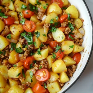 - 1 pound ground turkey - 3 medium-sized potatoes, diced (about 2 cups) - 1 medium onion, chopped - 2 cloves garlic, minced - 1 bell pepper (any color), chopped - 1 cup cherry tomatoes, halved The main ingredients create a hearty base. Ground turkey is lean, making it a great protein choice. Potatoes add a filling texture, while onions and bell peppers enhance the flavor. Garlic gives a nice kick, and cherry tomatoes add sweetness. - 1 teaspoon smoked paprika - 1 teaspoon dried Italian herbs - ½ teaspoon cayenne pepper (optional for heat) - Salt and pepper to taste - 1 tablespoon olive oil Seasonings are key for flavor. Smoked paprika gives a rich taste. Italian herbs add warmth and depth. Cayenne pepper adds heat but is optional. Olive oil helps cook the veggies and turkey. - Fresh parsley, chopped Garnishing with fresh parsley brightens the dish. It adds color and a fresh taste. A simple touch can elevate your meal. {{ingredient_image_1}} - Heat 1 tablespoon of olive oil in a large skillet over medium heat. - Add 1 medium onion and 1 chopped bell pepper. Sauté for about 3-4 minutes until soft. - Stir in 2 minced garlic cloves and 1 pound of ground turkey. Cook for 5-7 minutes. - Break the turkey apart with a spatula until it turns brown and is fully cooked. - Sprinkle in 1 teaspoon of smoked paprika, 1 teaspoon of dried Italian herbs, and ½ teaspoon of cayenne pepper if you like heat. - Season with salt and pepper to taste, then stir well to mix. - Add 3 medium-sized diced potatoes to the skillet. Stir to mix with the turkey and veggies. - Reduce heat to medium-low and cover the skillet. Let it cook for about 15-20 minutes. - Stir occasionally until the potatoes are tender. This step is key for great texture. - Fold in 1 cup of halved cherry tomatoes. Cook for another 5 minutes until they soften and burst. - Taste the dish and adjust the seasoning if needed. - Once everything is cooked through, remove it from the heat. - Garnish with fresh chopped parsley before serving. This adds a fresh touch! - Ensuring turkey is fully cooked: Cook ground turkey to an internal temperature of 165°F. This keeps it safe and tasty. Use a meat thermometer for accuracy. - Perfect potato texture: Cut potatoes into even pieces. This ensures they cook evenly. Stir them occasionally. This helps them become tender and golden. - Recommended spice adjustments: Add more smoked paprika for a deeper flavor. If you like heat, increase cayenne pepper. A little goes a long way! - Substituting ingredients for variety: Swap ground turkey with chicken or beef. Use sweet potatoes instead of regular ones for a sweeter taste. You can also try different veggies like zucchini or carrots. - Plating ideas for presentation: Serve directly from the skillet for a cozy look. For a fancier touch, plate each serving separately. Add a dollop of sour cream or yogurt on top for creaminess. - Pairing ideas with sides or salads: Pair this dish with a crisp green salad. A side of roasted veggies works well too. You can also serve it with some crusty bread to soak up the flavors. Pro Tips Use Fresh Ingredients: Opt for fresh vegetables and herbs to enhance the flavor of your dish. Adjust the Heat: Feel free to modify the amount of cayenne pepper to suit your spice preference. Layer Flavors: Consider adding a splash of lemon juice or vinegar at the end for a zesty finish. Meal Prep Friendly: This skillet dish can be made ahead of time and reheated for a quick meal throughout the week. {{image_2}} You can switch the ground turkey with different proteins. Chicken or beef works well. If you want a vegetarian option, try lentils or chickpeas. You can also change the vegetables. Zucchini or carrots add nice flavor and texture. Spice things up with different flavor profiles. For a Mexican twist, use cumin and chili powder. For a Mediterranean vibe, try oregano and lemon zest. You can also make this dish gluten-free by choosing gluten-free ingredients. If you want low-carb, swap potatoes for cauliflower. This dish can be made in different ways. You can bake it in the oven. Preheat to 400°F (200°C) and bake for about 30-35 minutes. This lets the flavors blend nicely. If you have more time, use a slow cooker. Cook on low for 6-8 hours for a tender meal. To store leftovers, let the dish cool down first. Then, transfer it to an airtight container. You can keep it in the fridge for up to four days. When you want to reheat, warm it in a skillet over low heat. Stir often to heat evenly. You can also use a microwave, but use a microwave-safe dish. Heat it in short bursts, stirring in between, until it's hot. If you want to save it for later, freezing is a great option. Allow the meal to cool completely. Next, place it in a freezer-safe container or a heavy-duty freezer bag. Make sure to remove as much air as you can. This meal will last in the freezer for about three months. When ready to eat, thaw it in the fridge overnight. Then, reheat it in a skillet or microwave until hot. In the fridge, this meal lasts about four days. If you notice any off smell or strange color, it's best to throw it away. Always trust your senses. If it looks or smells bad, do not eat it. You can make this dish healthier by using lean ground turkey. You can also add more vegetables. Consider adding spinach, kale, or carrots for extra nutrients. Use less oil or try cooking with a non-stick skillet to cut back on fat. Swap regular potatoes for sweet potatoes for more fiber and vitamins. Yes, you can make this meal in advance. Cook it fully, then let it cool. Store it in an airtight container in the fridge for up to three days. When you're ready to eat, just reheat it on the stove or in the microwave. This makes it easy for busy days. Feel free to get creative with seasonings! Try adding cumin or chili powder for a kick. You can also use herbs like thyme or rosemary for a different flavor. If you love heat, add more cayenne pepper or red pepper flakes. Experiment to find your favorite mix! Absolutely! This recipe is great for meal prep. You can portion it into containers for easy lunches or dinners. It reheats well, so you can enjoy it throughout the week. Just remember to store it in the fridge for the best taste. Yes, you can use sweet potatoes instead of regular potatoes. Sweet potatoes add a nice sweetness and extra nutrients. Just chop them into small pieces, similar to regular potatoes. The cooking time may be a little less, so keep an eye on them. This dish combines ground turkey, colorful vegetables, and tasty seasonings for great flavor. We explored simple steps to prepare, cook, and garnish your meal. Tips and tricks enhance cooking success and presentation. You can switch ingredients for variety or try different cooking methods. Remember to follow storage guidelines for the best taste later. I hope this helps you create a meal that everyone will enjoy. Happy cooking!