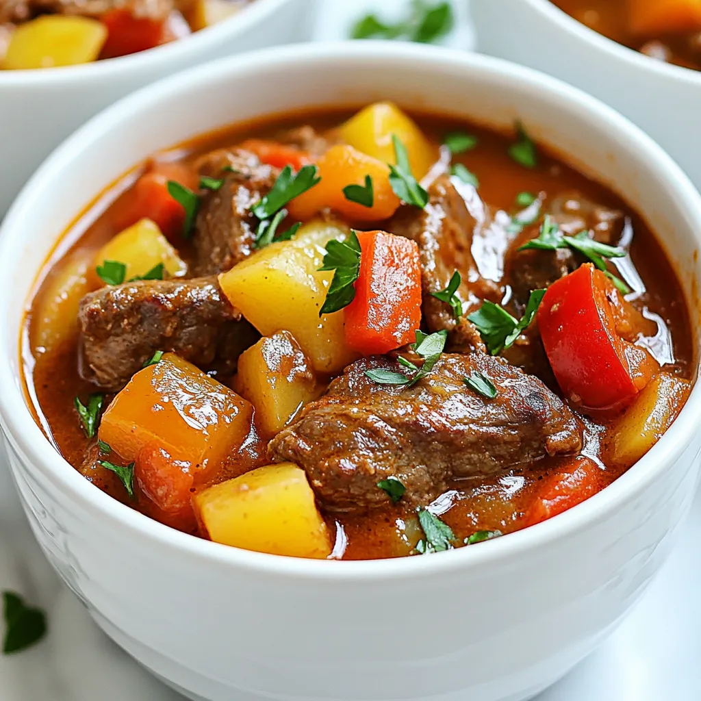To make a hearty Hungarian goulash, you need these key ingredients: - 2 lbs beef chuck, cut into 1-inch cubes - 2 large onions, diced - 3 cloves garlic, minced - 2 tablespoons sweet paprika (Hungarian) - 1 tablespoon caraway seeds - 2 bell peppers (one red, one yellow), diced - 3 medium potatoes, peeled and cubed - 4 medium carrots, sliced - 6 cups beef broth - 2 tablespoons tomato paste - 1 tablespoon vegetable oil - Salt and pepper to taste - Fresh parsley, for garnish These ingredients work together to create a rich and warming stew. Hungarian paprika is a must for this dish. It gives goulash its unique flavor and color. This spice comes in different types, but sweet paprika is the best choice here. It adds warmth without too much heat. Using authentic Hungarian paprika makes your goulash taste more traditional. Always choose high-quality paprika to get the best results. You can add a few garnishes and seasoning options to enhance your goulash. Consider these: - Fresh parsley for a pop of color - A dollop of sour cream for creaminess - A sprinkle of chili flakes for heat Feel free to experiment with other vegetables too, like zucchini or green beans. Each option can add a new twist to this classic dish. Enjoy making your goulash unique! {{ingredient_image_1}} Start by heating the vegetable oil in a large pot or Dutch oven over medium heat. Add the diced onions and sauté them. Cook for about five minutes until they turn translucent and soft. Then, add the minced garlic. Cook for one more minute until the garlic smells great. This step builds a strong flavor base for your goulash. Next, raise the heat to medium-high. Add the beef cubes to the pot. Make sure to sear the beef on all sides. This takes about six to eight minutes. You want the beef to brown nicely. This browning adds depth to the stew's flavor. After the beef is browned, sprinkle sweet paprika and caraway seeds over it. Mix well and let the spices toast for about one minute. This makes the spices pop and enhances the taste. Now, add the tomato paste to the pot. Mix it thoroughly with the beef and onions. Pour in the beef broth next, and bring everything to a simmer. Lower the heat and cover the pot. Let it cook for one hour. After an hour, add the diced bell peppers, cubed potatoes, and sliced carrots. Season with salt and pepper to taste. Cover again and let it simmer for another 30 to 40 minutes. The vegetables should be tender, and the beef should be fork-tender. Once it’s done, taste and adjust the seasoning if needed. When making goulash, avoid certain common mistakes. First, don’t skip browning the beef. This step adds rich flavor. Second, don’t rush the cooking time. Low and slow makes the beef tender. Lastly, be careful with seasoning. Taste as you go to avoid over-salting. To boost the flavor of your goulash, use quality spices. Sweet Hungarian paprika is key; it gives depth. Caraway seeds add a warm, earthy note. You can also try adding a bay leaf for extra aroma. If you like heat, a pinch of cayenne works well too. Serve goulash hot in deep bowls. I love to garnish with fresh parsley for color. Pair it with crusty bread for dipping. A side salad with a tangy dressing balances the meal. For drinks, a glass of red wine complements the stew nicely. Pro Tips Quality Meat: Choose well-marbled beef chuck for a tender and flavorful goulash. The fat will melt during cooking, adding richness to the dish. Spice It Right: Use authentic Hungarian paprika for the best flavor. Its sweet, smoky notes are essential to achieving the classic goulash taste. Simmer Low and Slow: Allow the goulash to simmer gently after adding the vegetables. This helps meld the flavors together and ensures the beef becomes fork-tender. Serve with Love: Enhance the presentation by serving the goulash in deep bowls and garnishing with fresh parsley. Accompany with crusty bread for a complete meal. {{image_2}} You can make a vegetarian version of goulash. It still has rich flavors. Here are the ingredients: - 2 cups mushrooms, sliced - 2 large onions, diced - 3 cloves garlic, minced - 2 tablespoons sweet paprika (Hungarian) - 1 tablespoon caraway seeds - 2 bell peppers (one red, one yellow), diced - 3 medium potatoes, peeled and cubed - 4 medium carrots, sliced - 6 cups vegetable broth - 2 tablespoons tomato paste - 1 tablespoon olive oil - Salt and pepper to taste - Fresh parsley, for garnish Method: 1. Heat olive oil in a pot. Sauté onions until soft. 2. Stir in garlic and cook for one minute. 3. Add mushrooms and cook until they release moisture. 4. Mix in paprika and caraway seeds, toasting for one minute. 5. Add tomato paste and stir well. 6. Pour in vegetable broth, simmering for 30 minutes. 7. Add bell peppers, potatoes, and carrots. Cook until soft. 8. Season with salt and pepper. Serve hot with parsley. Using a slow cooker makes goulash easy. You need to adjust the method slightly. Here’s how: 1. Sear the beef cubes in a pan first. This adds flavor. 2. Transfer the beef to the slow cooker. 3. Add all other ingredients, except for the vegetables. 4. Cook on low for 6-8 hours or high for 3-4 hours. 5. Add the vegetables during the last hour of cooking. 6. Adjust seasoning before serving. Serve it warm. Goulash varies by region in Hungary. Each area adds its twist. - Budapest Goulash: This style uses more spices and often includes beans. - Pork Goulash: In some regions, people use pork instead of beef. - Fish Goulash: Near lakes, cooks use fish to create a lighter stew. - Dried Bean Goulash: This version uses dried beans for added fiber and taste. These regional twists showcase Hungary’s rich culinary history. Each version is delicious and worth trying! To keep your goulash fresh, let it cool first. Place it in an airtight container. Store it in the fridge for up to three days. When storing, separate the broth from the solids if you prefer. You can freeze goulash for later use. Use freezer-safe containers or bags. Make sure to leave some space for expansion. Goulash can last for up to three months in the freezer. Thaw it in the fridge overnight before reheating. When you are ready to enjoy your goulash, reheat it gently. Use a saucepan over low heat. Stir occasionally to avoid sticking. If it seems thick, add a splash of broth or water. Heat until it is warm throughout, then serve. Hungarian Goulash comes from Hungary. It dates back to the 9th century. Shepherds made this dish using simple ingredients. They cooked it over an open fire. Today, it is a national dish and loved worldwide. The dish reflects Hungary’s rich culture and history. Hungarian Goulash stands out for its unique spices. The sweet paprika gives it a deep red color. Other stews may use different spices and flavors. Goulash often includes beef, potatoes, and vegetables. Its thick, hearty broth is a defining trait. Unlike many stews, goulash is more soup-like. This makes it perfect for cold days. Yes, you can add other vegetables! Goulash is flexible and can adapt to your taste. Some people like to add peas or green beans. You can also try zucchini for a fresh twist. Just remember to cut the veggies into similar sizes. This helps them cook evenly. In this post, we explored the key ingredients for making authentic Hungarian goulash, highlighting the importance of paprika. I shared step-by-step instructions for preparation, searing, and cooking. We discussed tips to enhance flavors and avoid common mistakes. I also covered different variations, including vegetarian options and how to store leftovers for later meals. Cooking goulash can be fun and rewarding. With practice, you can create a dish that warms the heart and delights the palate. Enjoy your culinary journey!