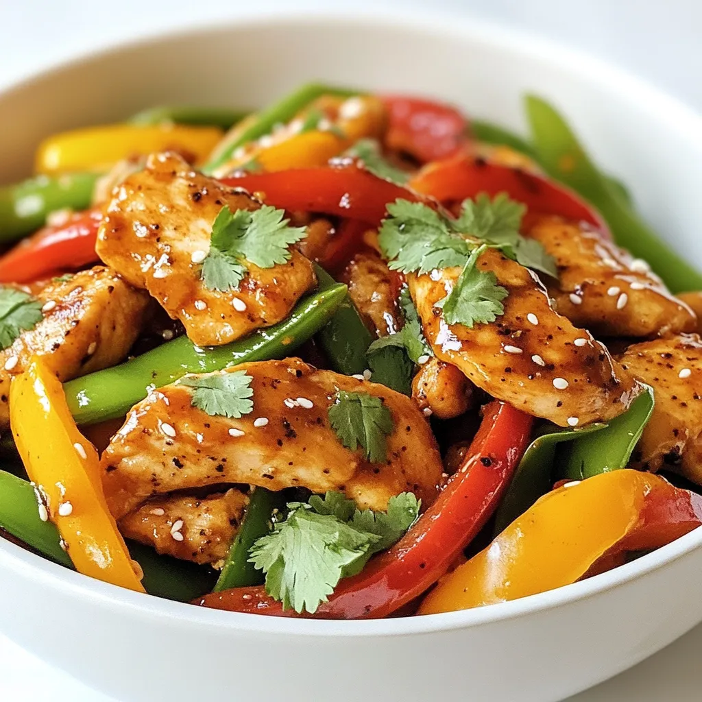 - 1 lb boneless chicken breast, thinly sliced - 2 tablespoons black pepper, coarsely ground - 1 tablespoon cornstarch - 1 red bell pepper, sliced - 1 yellow bell pepper, sliced - 1 cup snap peas, trimmed - 3 cloves garlic, minced - 1 inch ginger, grated - 2 tablespoons soy sauce (low sodium) - 1 tablespoon oyster sauce (optional) - 1 teaspoon sesame oil - Salt to taste - Fresh cilantro for garnish Each ingredient plays a key role in this dish. The chicken gives a hearty base. Black pepper adds a bold kick. Cornstarch helps the chicken crisp up. The bell peppers bring color and crunch. Snap peas add sweetness and bite. Garlic and ginger give depth and warmth. For sauces, low-sodium soy sauce keeps it savory without too much salt. Oyster sauce adds umami, but it’s optional. A drizzle of sesame oil at the end gives a nutty aroma. Garnish with fresh cilantro for a burst of freshness. This mix of ingredients creates a quick, tasty meal. {{ingredient_image_1}} First, grab a large bowl. Add the sliced chicken, black pepper, and cornstarch. Mix them well. You want to coat the chicken evenly. Add a pinch of salt to season. This step helps the chicken get a nice crust when cooked. Next, heat one tablespoon of vegetable oil in a skillet or wok. Use medium-high heat for best results. Once the oil is hot, add the chicken. Stir-fry the chicken for about 5 to 7 minutes. Cook until it turns golden and is no longer pink. Then, remove the chicken from the skillet and set it aside. In the same skillet, add the remaining tablespoon of oil. Now, toss in the sliced red and yellow bell peppers along with the snap peas. Stir-fry these vegetables for 2 to 3 minutes. You want them to start softening but still crisp. Then, add the minced garlic and grated ginger. Cook for another 1 to 2 minutes until they smell great. Now it’s time to bring everything together. Return the cooked chicken to the skillet with the veggies. Drizzle the soy sauce and oyster sauce over the mixture. Toss everything well to combine. Cook for another 2 minutes. This lets the flavors meld together beautifully. Finally, drizzle with sesame oil, toss once more, and adjust salt as needed. Serve hot, garnished with fresh cilantro. Enjoy your tasty Black Pepper Chicken Stir Fry! To get the best texture, use high heat. This helps the chicken cook fast and stay juicy. If the pan is too cool, your chicken can steam instead of fry. Avoid overcrowding the pan. If you add too much chicken or veggies, they will steam instead of fry. Cook in batches if needed. You can boost the flavor with extra spices. Try adding a pinch of red pepper flakes for heat. A dash of five-spice powder can add depth too. Adjust the spice levels according to your taste. If you want less heat, use less black pepper. You can also add more soy sauce for a savory kick. Pair your stir fry with steamed rice or noodles for a filling meal. You can also serve it with quinoa for a healthier option. For a nice touch, garnish with fresh cilantro. A sprinkle of sesame seeds can add crunch and flavor. Serve in a colorful bowl to make it look appetizing. Pro Tips Marinate for More Flavor: Allow the chicken to marinate in the black pepper and cornstarch mixture for at least 30 minutes before cooking. This will help enhance the flavor and tenderness of the chicken. Use Fresh Vegetables: For the best texture and flavor, use fresh, crisp vegetables. This will give your stir fry that vibrant color and crunch! High Heat is Key: Make sure your skillet or wok is hot enough before adding the chicken. Cooking on high heat allows for quick cooking and helps achieve that desirable stir-fry sear. Customize Your Heat: Adjust the amount of black pepper according to your spice preference. You can also add chili flakes or fresh chilies for an extra kick! {{image_2}} You can use different proteins in this stir fry. Beef, shrimp, or tofu are great choices. - Beef: Thinly slice flank steak or sirloin. Cook it until it’s tender but not chewy. - Shrimp: Use peeled and deveined shrimp. Stir-fry them until they turn pink and firm. - Tofu: Choose firm or extra-firm tofu. Press it to remove water, then cube and fry until golden. Each protein adds its own taste and texture. Feel free to mix and match based on what you enjoy! You can swap or add vegetables for variety. Here are some ideas: - Broccoli: This adds crunch and nutrients. - Carrots: Thinly sliced, they bring sweetness. - Zucchini: It cooks fast and absorbs flavors. - Mushrooms: Add a savory depth to your dish. Get creative! Use what you have in your kitchen to make it your own. You can adjust the recipe for different diets. Here are some options: - Low-carb: Skip the cornstarch. Use more veggies instead of rice or noodles. - Gluten-free: Choose gluten-free soy sauce. This makes the dish safe for those with gluten issues. These adjustments keep the dish tasty while meeting your dietary needs. After enjoying your Black Pepper Chicken Stir Fry, let leftovers cool. Place the food in an airtight container. This keeps the dish fresh in the fridge for up to three days. Make sure to pack it when it's at room temperature to prevent sogginess. To reheat, use a skillet over medium heat. Add a splash of water or oil to keep it moist. Stir it gently until heated through. You can also use a microwave. Warm it in short bursts, stirring in between. This helps avoid hot spots and keeps the chicken tender. If you want to freeze, let the stir fry cool completely. Transfer it to a freezer-safe bag or container. Squeeze out as much air as possible. It can last up to three months in the freezer. To thaw, move it to the fridge overnight. Reheat it in a skillet for the best texture. To reduce the spice in Black Pepper Chicken Stir Fry, you can use less black pepper. Start with one tablespoon instead of two. You can also add more vegetables, like bell peppers and snap peas, to balance the heat. Adding a pinch of sugar can also help tone down the spice. If you want to make it creamy, add a bit of coconut milk. Yes, you can make this dish ahead. For meal prep, cook the chicken and vegetables as directed. Let them cool completely before storing. Place them in an airtight container in the fridge for up to three days. When ready to eat, reheat in a skillet or microwave until hot. If you need a substitute for oyster sauce, try soy sauce mixed with a bit of sugar. This mix gives a similar sweet and salty flavor. You can also use hoisin sauce if you have it on hand. For a vegan option, try mushroom sauce for a good umami taste. This recipe is great for meal prepping. The chicken and vegetables store well in the fridge. To keep them fresh, use airtight containers. When packing, layer the chicken and veggies to avoid mushiness. You can also freeze portions for longer storage. Just make sure to label the containers with the date. You learned how to make a tasty Black Pepper Chicken Stir Fry. This dish uses simple ingredients like chicken, fresh veggies, and easy sauces. I shared tips to perfect your stir-fry and make it your own. Feel free to swap proteins or adjust for dietary needs. Now you can enjoy a quick, healthy meal at home. Remember, cooking is all about having fun and experimenting. Get creative and make this dish yours!