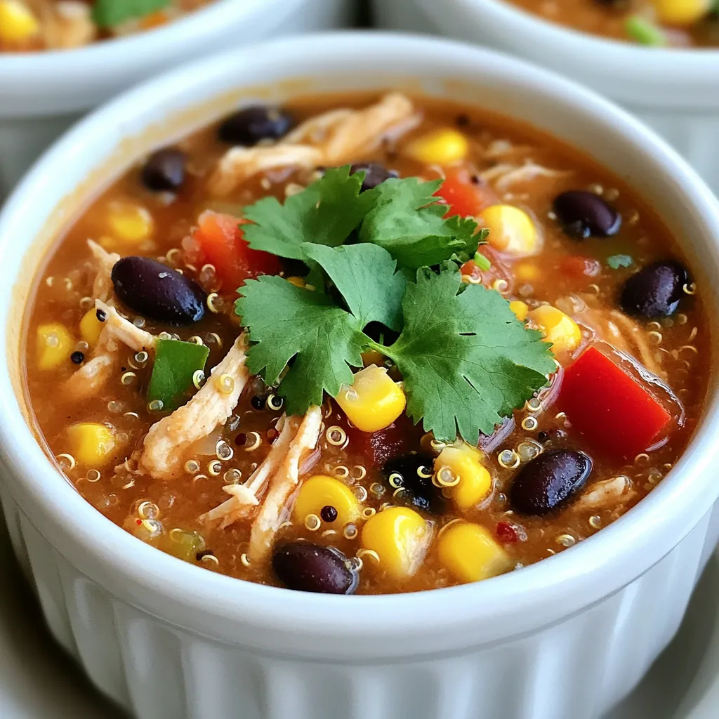For this delicious crockpot high protein chicken, gather these ingredients: - 2 lbs boneless, skinless chicken breasts - 1 cup low-sodium chicken broth - 1 cup black beans, rinsed and drained - 1 cup quinoa, rinsed - 1 red bell pepper, diced - 1 cup corn (fresh, frozen, or canned) - 1 onion, finely chopped - 3 cloves garlic, minced - 2 teaspoons cumin - 1 teaspoon smoked paprika - 1 teaspoon chili powder - Salt and pepper to taste - Fresh cilantro for garnish Each ingredient adds nutrition to this meal. - Chicken breasts are lean and high in protein. They help build muscle. - Chicken broth adds flavor and keeps the chicken moist. It has low sodium to support heart health. - Black beans offer fiber and protein, which help digestion and keep you full. - Quinoa is a whole grain with protein and all nine essential amino acids. It promotes energy. - Red bell pepper is rich in vitamins A and C, boosting the immune system. - Corn provides fiber and minerals, good for digestion and energy. - Onion contains antioxidants, which protect cells from damage. - Garlic supports heart health and adds great flavor. - Cumin and smoked paprika enhance taste while providing antioxidants. - Chili powder adds a kick and boosts metabolism. - Salt and pepper enhance flavors, but use them wisely for health. - Cilantro adds freshness and vitamins to your dish. You can swap some ingredients if needed. - For chicken, use turkey breasts or tofu for a plant-based option. - Use vegetable broth instead of chicken broth for a vegetarian version. - Swap black beans for kidney beans or lentils for variety. - Quinoa can be replaced with brown rice or farro. - Any color bell pepper works, or you can skip it if you prefer. - Frozen corn works well if fresh is not available. - Shallots can replace onion if you like a milder taste. - Fresh herbs like parsley can replace cilantro for a different flavor. Feel free to mix and match based on what you have! Each choice still makes a tasty, high protein meal. To start, gather your ingredients. You will need: - 2 lbs boneless, skinless chicken breasts - 1 cup low-sodium chicken broth - 1 cup black beans, rinsed and drained - 1 cup quinoa, rinsed - 1 red bell pepper, diced - 1 cup corn (fresh, frozen, or canned) - 1 onion, finely chopped - 3 cloves garlic, minced - 2 teaspoons cumin - 1 teaspoon smoked paprika - 1 teaspoon chili powder - Salt and pepper to taste - Fresh cilantro for garnish First, place the chicken breasts in the bottom of your crockpot. This helps the chicken cook evenly. Next, pour the chicken broth over the chicken. This keeps it moist. In a bowl, mix the black beans, quinoa, diced red bell pepper, corn, chopped onion, minced garlic, cumin, smoked paprika, chili powder, salt, and pepper. This mix adds flavor and texture. Carefully spoon this mixture over the chicken in the crockpot. Spread it evenly. Cover the crockpot with its lid. Cook on low for 6-7 hours or on high for 3-4 hours. The chicken will be done when it easily shreds with a fork. Once the chicken is cooked, take two forks and shred it in the pot. This makes it easy to mix with the other ingredients. Stir everything together. Taste your dish and adjust the seasoning if needed. For serving, dish it out into deep bowls and garnish with fresh cilantro. You can also add lime wedges on the side for a fresh kick. Enjoy your hearty, high-protein meal! To get the best shredded chicken, you need to start with good chicken. I use boneless, skinless chicken breasts. They cook well and shred easily. Place the chicken in the crockpot first. Pour chicken broth on top to keep it moist. Cook it on low for 6-7 hours. If you're in a rush, use the high setting for 3-4 hours. After cooking, use two forks to shred the chicken. Mix it well with the other ingredients in the pot. This way, it absorbs all the great flavors. You can add even more flavor to your dish. Consider adding fresh herbs like cilantro or parsley. You can also squeeze lime juice for a zesty kick. If you like heat, try adding diced jalapeños or a splash of hot sauce. Another great idea is to mix in a tablespoon of your favorite salsa. Experiment with spices, like oregano or cayenne pepper, to make it your own. These small changes can make a big difference. Meal prep can save you lots of time. Cook a big batch of this chicken on the weekend. Divide it into meal-sized portions. Store them in airtight containers. You can keep them in the fridge for up to four days. If you want to store it longer, freeze it. Just thaw it overnight in the fridge before reheating. This way, you always have a healthy meal ready to go. {{image_2}} You can easily change the protein in this dish. If you want more protein, add extra chicken. You can also use turkey breasts for a leaner option. If you want to lower the meat, try adding more beans or quinoa. They both pack great protein too! This way, you keep the dish healthy and filling. For a vegetarian option, replace the chicken with extra firm tofu. You should press the tofu first to remove excess water. This helps it soak up flavors. For a vegan option, you can use chickpeas or lentils. Both add protein and make this dish hearty. Just add them in the same way as the chicken. You can change the flavors to suit your taste. Want a spicy kick? Add jalapeños or cayenne pepper. For a sweeter touch, try adding diced mango or pineapple. If you like herbs, add fresh basil or oregano. Each choice gives you a new flavor experience! Adjusting these aspects can make your meal fun and exciting. Store your leftover Crockpot High Protein Chicken in an airtight container. Let it cool to room temperature first. Place it in the fridge within two hours of cooking. It will stay fresh for three to four days. Label your container with the date to keep track of its freshness. Freezing is a great option if you want to save some for later. Use freezer-safe containers or bags. Make sure to portion the chicken. This way, you can thaw only what you need. It can last up to three months in the freezer. To prevent freezer burn, remove as much air as possible. When you're ready to enjoy leftovers, reheat them carefully. You can use the microwave or stovetop. If using the microwave, heat in short bursts and stir in between. If on the stovetop, add a splash of broth to keep it moist. Heat until it reaches a safe temperature of 165°F. Enjoy it hot, just like when you first made it! It takes about 6-7 hours on low or 3-4 hours on high. Cooking time may vary based on your crockpot. Always check the chicken to make sure it is cooked through. The internal temperature should reach 165°F for safe eating. Using a meat thermometer helps ensure perfect cooking every time. Yes, you can use frozen chicken breasts. However, it’s best to cook them on high for about 4-5 hours. This way, the chicken cooks evenly and stays moist. If you use frozen chicken, avoid adding too much liquid. The ice will melt and could make the dish watery. High protein chicken dishes go well with many sides. Here are some great options: - Brown rice or quinoa for extra protein - Steamed vegetables like broccoli or green beans - A fresh salad with mixed greens - Sweet potatoes for a sweet touch - Cornbread for a comforting side These sides not only taste good but also add nutrition to your meal. We explored the key ingredients and their benefits in your chicken dish. I shared easy steps for cooking and serving tender, shredded chicken. We also discussed helpful tips to make your meal prep smoother. You can vary flavors or adjust protein as needed. Finally, I covered how to store and reheat your leftovers safely. Enjoy your cooking journey and make meals that your family will love!