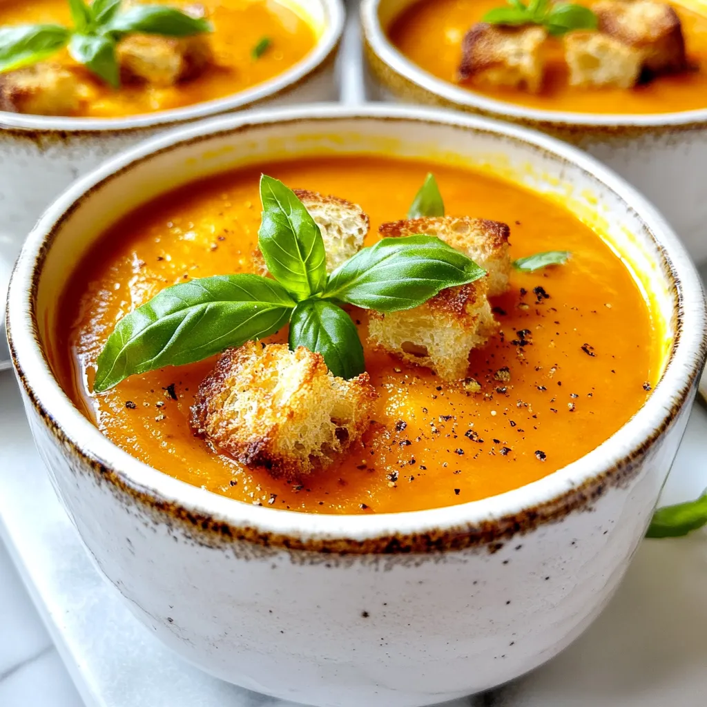 To make the Mediterranean Tomato Carrot Soup, gather these fresh ingredients: - 4 large ripe tomatoes, diced - 2 large carrots, chopped - 1 medium onion, finely chopped - 2 cloves garlic, minced - 1 teaspoon ground cumin - 1 teaspoon smoked paprika - 4 cups vegetable broth - 1 tablespoon olive oil - 1 tablespoon lemon juice - Salt and pepper to taste - Fresh basil leaves, for garnish - Croutons, for serving (optional) Each ingredient plays a key role in creating a rich, vibrant flavor. The ripe tomatoes give a sweet base, while the carrots add natural sweetness. Onions and garlic build depth and aroma. Cumin and smoked paprika bring warmth and a hint of smokiness. The vegetable broth ties it all together, making the soup hearty and comforting. Don't forget the fresh basil for a pop of freshness and croutons for crunch. {{ingredient_image_1}} - Heat 1 tablespoon of olive oil in a large pot over medium heat. You want the oil to shimmer. - Add 1 medium onion, finely chopped. Cook it for about 5 minutes until it turns translucent. This adds sweetness to the soup. - Next, stir in 2 cloves of minced garlic and 2 large chopped carrots. Cook for another 3-4 minutes until the carrots start to soften. This step builds a solid base for flavor. - Now, sprinkle 1 teaspoon of ground cumin and 1 teaspoon of smoked paprika over the vegetables. Stir well to combine. - Let the spices cook for another minute. This toasting brings out their rich flavors. - Add 4 large ripe diced tomatoes and 4 cups of vegetable broth to the pot. The tomatoes add acidity and depth. - Bring the mixture to a boil, then reduce to a simmer. Let it cook for 20-25 minutes, or until the carrots are tender. This slow cooking allows the flavors to meld beautifully. - Use an immersion blender to purée the soup until it's smooth and creamy. If you don’t have one, carefully transfer the soup in batches to a countertop blender. Blend until silky. - Stir in 1 tablespoon of lemon juice. This brightens the flavors nicely. - Season the soup with salt and pepper to taste. Adjust as needed for balance. - Ladle the soup into bowls and garnish with fresh basil leaves. If you like, add croutons on top for extra texture. Enjoy each spoonful of this vibrant soup! To enhance the taste of your soup, consider these tips: - Add a pinch of sugar if your tomatoes taste too acidic. - Experiment with spices like oregano or thyme for a fresh twist. - Adjust the salt gradually, as it's easy to oversalt. These changes can elevate the soup's flavor, making it even more delightful. For a creamy soup, blending is key. I recommend: - Using an immersion blender for ease and speed. - If using a countertop blender, let the soup cool slightly before blending. This helps avoid splatters. - Blend until smooth but leave some chunks for texture, if you like. Getting the right texture makes the soup satisfying and rich. Pair your soup with something tasty. Here are a few ideas: - Serve with crusty bread for a hearty meal. - A light salad can add freshness and balance. - Top with croutons for extra crunch and flavor. These options make your meal fun and filling! Pro Tips Use Fresh Ingredients: The flavor of your soup will significantly improve with fresh, ripe tomatoes and vibrant carrots. Fresh produce enhances the overall taste and nutritional value. Adjust the Consistency: If you prefer a chunkier soup, blend only half of the mixture and leave the rest as is. This adds variety in texture and makes the soup more interesting. Enhance with Herbs: Besides basil, consider adding other fresh herbs like parsley or oregano for an additional layer of flavor. Fresh herbs can brighten up the soup and make it feel more Mediterranean. Make it Creamy: For a creamier texture, add a splash of coconut milk or a dollop of Greek yogurt just before serving. This addition will give your soup a rich, velvety mouthfeel. {{image_2}} You can boost the protein in your Mediterranean tomato carrot soup by adding beans or lentils. Both are great choices. For beans, I like to use chickpeas or white beans. They add a nice texture and flavor. Just rinse and drain them before adding to the soup. If you prefer lentils, try red or green ones. They cook quickly and blend well into the soup. Add them when you add the tomatoes and broth. They will soak up all the tasty flavors. If you want to change up the flavor, consider using different herbs and spices. Instead of cumin, try coriander for a fresh note. You can also use fresh herbs like thyme or rosemary. Both add a lovely aroma and taste. A pinch of red pepper flakes can give your soup a nice kick. Experiment to find what you like best. Each option can make the soup feel new and exciting. Feel free to switch out some veggies in the soup. For a sweeter taste, add bell peppers. Chop them and sauté them with the onions. Zucchini is another great choice. It cooks fast and blends smoothly. For a heartier soup, consider adding potatoes or sweet potatoes. Just chop them small and add them at the same time as the carrots. These swaps keep the soup fresh and fun every time you make it. To store leftovers, let the soup cool first. Pour it into an airtight container. Seal it tightly to keep out air. Place the container in your fridge. This way, you can enjoy your Mediterranean tomato carrot soup later. It will taste great for up to four days. If you want to freeze the soup, use freezer-safe containers. Leave some space at the top of the container. This allows the soup to expand when it freezes. To reheat, thaw the soup in the fridge overnight. You can heat it on the stove or in the microwave. Stir well before serving. When stored properly, the soup lasts about four days in the fridge. If frozen, it can stay fresh for up to three months. Just remember to label your containers with the date. This helps you track how long the soup has been stored. Enjoy the flavors whenever you want! Yes, you can use fresh herbs! They add great flavor. When substituting, use three times more fresh herbs than dried. For example, if a recipe calls for one teaspoon of dried basil, use three teaspoons of fresh basil. Fresh herbs work well in the soup, especially basil. Just add them at the end so they keep their bright flavor. To make this soup vegan, use vegetable broth. All the other ingredients are already plant-based. Ensure the croutons are also vegan if you choose to add them. You can skip the croutons entirely or make your own with vegan bread. This way, you stay true to the vegan theme. If you lack an immersion blender, don't worry! You can use a regular countertop blender. Just be careful! Allow the soup to cool a bit first. Then blend it in batches. Make sure to leave space in the blender to avoid spills. You can also mash the soup with a potato masher for a chunkier texture. This soup packs fresh flavors from simple ingredients. You learned how to sauté vegetables, blend, and spice them just right. Remember, you can customize it easily with proteins, herbs, or other veggies. Proper storage helps maintain freshness for later enjoyment. Now, with these steps and tips, you can make a delicious meal that warms your soul. Experiment and make it your own!