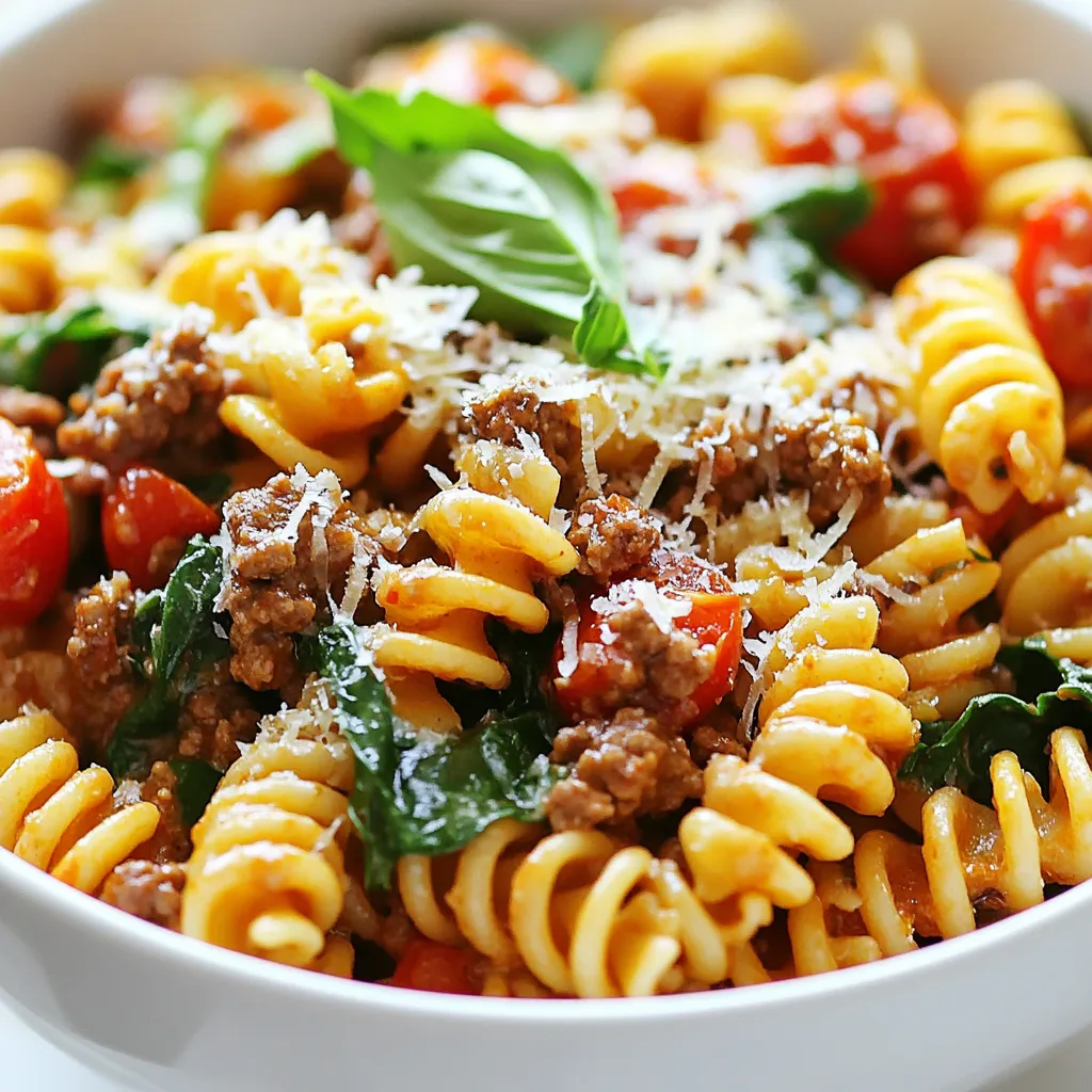 - 8 oz whole grain pasta (preferably high-protein variety) - 1 lb lean ground beef (90% lean) - 1 medium onion, chopped - 2 cloves garlic, minced - 1 can (15 oz) diced tomatoes (with herbs) - 1 cup low-sodium beef broth - 1 cup spinach, shredded - 1 teaspoon Italian seasoning - ½ teaspoon red pepper flakes (optional) - Salt and pepper to taste - ½ cup grated Parmesan cheese (for serving) - Fresh basil leaves (for garnish) - Whole grain pasta: This pasta is high in fiber. It keeps you full longer and aids digestion. - Lean ground beef: It is rich in protein. This helps build muscles and keeps you strong. - Onion: Packed with vitamins and minerals, onions add flavor and nutrients. - Garlic: Known for its health benefits, garlic boosts your immune system. - Diced tomatoes: Tomatoes are rich in antioxidants. They support heart health and skin health. - Low-sodium beef broth: This adds flavor without too much salt. It keeps the dish healthy. - Spinach: High in iron and vitamins, spinach adds color and nutrients. - Italian seasoning: This mix brings great taste. It enhances the overall flavor of the dish. - Red pepper flakes: Optional for those who enjoy a kick. They can boost metabolism. - Parmesan cheese: This cheese adds creaminess and flavor. A little goes a long way! - Basil leaves: Fresh basil adds a bright taste. It makes the dish look lovely. - Pasta: Use gluten-free pasta for a gluten-free option. - Ground beef: Swap for turkey or plant-based meat for lower fat or vegan needs. - Broth: Vegetable broth can replace beef broth in vegetarian meals. - Spinach: Kale or Swiss chard can be used instead of spinach. - Parmesan cheese: Nutritional yeast works well for a dairy-free alternative. This recipe is flexible. You can mix and match these ingredients to suit your taste and dietary needs. Enjoy crafting your high-protein beef pasta! {{ingredient_image_1}} Start by filling a large pot with water. Add a good amount of salt to the water. Bring it to a boil over high heat. Once boiling, add the 8 oz of whole grain pasta. Cook it according to the package instructions until it is al dente, which usually takes about 8-10 minutes. Drain the pasta in a colander and set it aside for later. Next, take a large skillet and heat it over medium heat. Add 1 lb of lean ground beef to the skillet. Use a spoon to break the beef apart as it cooks. Cook for about 5-7 minutes until it is browned and fully cooked. If there is extra fat, drain it off carefully to keep the dish lean. Add the chopped onion and minced garlic to the skillet with the browned beef. Sauté them together for about 3-4 minutes. The onion should turn translucent, and the garlic will smell great. Now, pour in the can of diced tomatoes and 1 cup of low-sodium beef broth. Stir in 1 teaspoon of Italian seasoning and add red pepper flakes if you like some heat. Bring this mixture to a gentle simmer and let it cook for about 5 minutes. Stir in the shredded spinach, allowing it to wilt for about 2-3 minutes. Season with salt and pepper to taste. Finally, add the cooked pasta to the skillet. Toss everything together until the pasta is well coated with the beef and sauce mixture. To serve, divide the high-protein beef pasta among plates or bowls. Top each serving with grated Parmesan cheese and garnish with fresh basil leaves. Enjoy this tasty and filling meal! To make your high-protein beef pasta shine, follow these tips: - Choose Quality Beef: Use lean ground beef with at least 90% lean content. This keeps your dish hearty yet healthy. - Cook Pasta Al Dente: Follow package directions to achieve the right texture. Al dente pasta holds up better in the sauce. - Sauté Aromatics: Sauté the onion and garlic until soft. This adds sweet, rich flavors to your dish. - Season Well: Use salt and pepper generously. Balance the flavors for a tasty meal. Avoid these common pitfalls when making your pasta: - Overcooking Pasta: Don’t let your pasta get mushy. Monitor the cooking time closely. - Skipping the Sauté: Don’t skip sautéing your aromatics. This step builds flavor in the dish. - Ignoring Texture: Mix your pasta and sauce well. This ensures every bite is flavorful and satisfying. Want to take your dish up a notch? Try these enhancements: - Add Fresh Herbs: Use basil or parsley for a fresh kick. They brighten the dish instantly. - Incorporate Cheese: Add more cheese, like mozzarella, for a creamier texture. - Experiment with Spices: Try adding oregano or thyme for a different taste. Adjust the heat with more red pepper flakes if you like it spicy. Pro Tips Choose the Right Pasta: Opt for high-protein whole grain pasta to boost the nutritional value and enhance the dish's texture. Flavor Boost: Sauté the garlic until fragrant but not browned to avoid bitterness, enhancing the overall flavor of the dish. Veggie Variations: Feel free to add other vegetables like bell peppers or zucchini for added nutrition and flavor. Make it Ahead: This dish can be made in advance and reheated, making it perfect for meal prep or busy weeknights. {{image_2}} You can easily make a gluten-free version of this recipe. Simply swap the whole grain pasta with gluten-free pasta made from rice, quinoa, or lentils. These options still pack a protein punch. They also bring a nice texture to the dish. Always check labels to ensure they are truly gluten-free. To create a vegetarian version, replace the lean ground beef with lentils or chickpeas. Both options are high in protein and give the dish a hearty feel. You can also use plant-based meat substitutes. Look for options that are low in sodium and high in protein. Additionally, keep the other ingredients the same for a rich flavor. Feel free to get creative with vegetables! You can add bell peppers, zucchini, or mushrooms. These veggies add color and nutrients. For sauces, try a marinara or a creamy Alfredo. Both can change the dish’s flavor and texture. You can also mix in fresh herbs like parsley or thyme for added aroma. To keep your leftover high-protein beef pasta fresh, follow these steps: - Allow the pasta to cool to room temperature. - Transfer it to an airtight container. - Store it in the fridge for up to three days. This method helps maintain taste and texture for your next meal. When reheating your beef pasta, you want to keep it tasty. Here’s how: - Place the pasta in a skillet over medium heat. - Add a splash of beef broth or water to prevent drying. - Stir occasionally until heated through. You can also use the microwave; just cover it and heat in short bursts, stirring in between. If you want to save your beef pasta for later, freezing is a great option. Here’s how: - Portion the pasta into freezer-safe bags or containers. - Remove as much air as possible before sealing. - Label the bags with the date. You can freeze it for up to three months. To use, thaw in the fridge overnight and reheat as mentioned above. This beef pasta is high in protein mainly due to the lean ground beef and whole grain pasta. Lean ground beef has about 22 grams of protein per 3-ounce serving. Whole grain pasta also adds protein, especially if you choose a high-protein variety. Together, they create a filling dish that helps build muscle and keeps you satisfied. Yes, you can use different types of pasta. Regular pasta works, but whole grain or high-protein pasta is best for added nutrition. Consider gluten-free pasta if you have a gluten allergy. Just make sure to cook it according to the package instructions for the best texture. To spice up this dish, add more red pepper flakes or fresh chili peppers. You can also include hot sauce while cooking. Adjust the spice level to your taste. Start small, then add more if you like it hotter. This will give your beef pasta a nice kick! Yes, this recipe is great for meal prep. It keeps well in the fridge for up to four days. Just store it in airtight containers. You can heat it easily in the microwave or on the stove when you're ready to eat. This makes it a perfect option for busy weekdays! This blog post covered high-protein beef pasta in detail. We explored key ingredients and their nutrition. I provided step-by-step cooking instructions for easy meal prep. Tips helped you avoid mistakes and add flavor. We also looked at variations for gluten-free and vegetarian diets. Finally, we discussed how to store and reheat leftovers. In short, high-protein beef pasta can fit any plate. Enjoy making it your own!