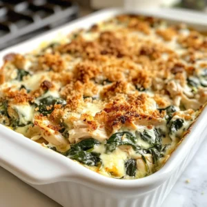 To make this Chicken Spinach Casserole with Cream Cheese, gather these items: - 2 cups cooked chicken, shredded - 3 cups fresh spinach, chopped - 8 oz cream cheese, softened - 1 cup sour cream - 1 cup shredded mozzarella cheese - 1 cup chicken broth - 1 teaspoon garlic powder - 1 teaspoon onion powder - 1/2 teaspoon red pepper flakes (optional) - Salt and pepper to taste - 1 cup breadcrumbs (for topping) - 2 tablespoons olive oil You can switch some ingredients based on your taste or what you have. Here are some ideas: - Instead of cooked chicken, use rotisserie chicken for ease. - Swap cream cheese for Greek yogurt for a lighter option. - Use any cheese you like, such as cheddar or gouda. - For a dairy-free option, try cashew cream instead of cream cheese and sour cream. - If you don't have fresh spinach, use frozen spinach, but drain it well. Choosing fresh ingredients makes a big difference. Here’s how to pick the best: - For chicken, look for a nice pink color with no odor. - Choose spinach with bright green leaves and no wilting. - Check cream cheese for a smooth texture and freshness date. - When buying cheese, select blocks or freshly shredded for better flavor. - For breadcrumbs, look for whole grain or homemade for added taste. By following these tips, you will enhance the flavors in your casserole! {{ingredient_image_1}} First, preheat your oven to 375°F (190°C). This step is key for even cooking. In a large bowl, combine the shredded chicken, chopped spinach, softened cream cheese, and sour cream. Mix these ingredients well until they blend smoothly. Now, add half of the mozzarella cheese to the mixture. It helps add richness to the dish. Next, pour in the chicken broth, then sprinkle in the garlic powder, onion powder, and optional red pepper flakes. Don’t forget to add salt and pepper to taste. Stir everything until it's mixed evenly. Once mixed, transfer the chicken-spinach mixture into a greased 9x13 inch baking dish. Spread it out evenly for even cooking. In a small bowl, mix the breadcrumbs with olive oil. This gives the topping a nice crunch. Sprinkle this breadcrumb mixture over the top of the casserole. Finally, add the remaining mozzarella cheese on top. Now it's time to bake! Place the casserole in your preheated oven. Bake it for about 30 minutes. You want the casserole to bubble and the breadcrumbs to turn golden brown. Keep an eye on it, as oven times can vary. When the casserole is done baking, take it out of the oven. Let it cool for 5-10 minutes before serving. This cooling time helps the layers set. Serve it warm, and enjoy the creamy delight with your family and friends. Pair it with a fresh salad or crusty bread for a complete meal. To make the best chicken spinach casserole, follow these key steps. First, use freshly cooked chicken. It adds great flavor and texture. Shredding the chicken allows it to mix well with the other ingredients. Next, soften the cream cheese before mixing it in. This helps create a creamy and smooth base. Make sure to chop your spinach finely. This ensures it blends well throughout the dish. When mixing, don’t rush. Stir until everything is well combined. This makes sure each bite is full of flavor. For the topping, mix your breadcrumbs with olive oil. This keeps them crispy while baking. Sprinkle them evenly over the casserole for a nice crunch. One common mistake is adding too much salt. Start with a little and taste as you go. Another mistake is overcooking the casserole. Bake it just until it bubbles and the top is golden brown. Letting it sit before serving helps the flavors meld. Don’t skip the red pepper flakes unless you dislike spice. They add a nice kick. Also, avoid using low-fat cream cheese. It can change the texture and flavor of your casserole. This casserole pairs well with a simple salad. A fresh green salad with lemon dressing complements it nicely. You can also serve it with garlic bread for a cozy meal. For drinks, try a chilled white wine or sparkling water with lime. If you want to make it a full meal, serve it with roasted vegetables. Carrots or broccoli add color and nutrients. Enjoy this dish warm for the best taste experience. Pro Tips Use Leftover Chicken: This recipe is perfect for using up leftover rotisserie or grilled chicken, adding flavor and saving time. Mix Up the Greens: Feel free to substitute or add other greens like kale or Swiss chard for different flavors and textures. Breadcrumb Alternatives: For a gluten-free option, use crushed gluten-free crackers or panko instead of regular breadcrumbs. Let it Rest: Allowing the casserole to sit for a few minutes after baking helps it set and makes serving easier. {{image_2}} To make a vegetarian version, swap the chicken for more veggies. You can use 2 cups of chopped mushrooms and 1 cup of diced bell peppers. This mix brings great flavor and texture. Use vegetable broth instead of chicken broth for a full veggie base. The cream cheese and sour cream will still give you that creamy delight. If you want to change the protein, try turkey or shredded beef. Both will add a nice twist. You can also use canned tuna for a quick option. Just make sure to drain it well before mixing. Each choice will give the casserole a different taste, so have fun experimenting. You can change the flavors with spices and herbs. Try adding Italian seasoning for a herb boost. Fresh basil or parsley will add a nice touch, too. For a kick, add more red pepper flakes or some diced jalapeños. Cheese lovers can mix in parmesan or cheddar for an extra cheesy experience. Feel free to get creative! After enjoying your delicious chicken spinach casserole, let it cool down. Place any leftovers in an airtight container. Store it in the fridge for up to three days. Make sure to cover the container well. This keeps the casserole fresh and tasty. To reheat your casserole, preheat your oven to 350°F (175°C). Take the casserole out of the fridge. Cover it with foil to keep it moist. Bake for about 20 minutes, or until hot. You can also use a microwave for quick reheating. Just heat it in short bursts, stirring in between, until warm. If you want to freeze the casserole, do it before baking. Wrap it well with plastic wrap or foil. You can freeze it for up to three months. To thaw, place it in the fridge overnight. Bake it at 375°F (190°C) for 30-40 minutes, until it bubbles. This way, you can enjoy this tasty dish later! Yes, you can prepare this casserole ahead of time. Just mix all the filling ingredients and place them in your baking dish. Cover it and store it in the fridge for up to one day. When ready to bake, just add the breadcrumb topping and bake it directly. This saves time on busy nights. If you need a substitute for cream cheese, try using Greek yogurt or ricotta cheese. Both options will give a creamy texture. You can also blend cottage cheese until smooth for a similar effect. These swaps will keep your casserole tasty and creamy. Leftover casserole lasts about three to four days in the fridge. Store it in an airtight container to keep it fresh. Make sure to let it cool before putting it away. This way, it stays safe and delicious for your next meal. Yes, this recipe is great for meal prep. You can make a big batch and divide it into smaller portions. Store them in individual containers. This makes it easy to grab a meal on the go. Just reheat when you’re ready to eat, and enjoy! This post covered the key parts of making a great casserole. We discussed ingredients, easy steps, and tips to get it just right. You now know how to select fresh items and avoid common mistakes. The variations let you mix things up, while storage tips help keep leftovers tasty. Always remember, with good ingredients and careful prep, you can create a dish everyone will love. Enjoy your cooking!