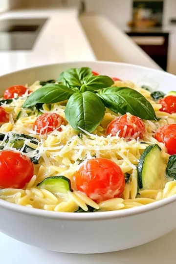To make One Pan Creamy Orzo, gather these main ingredients: - 1 cup orzo pasta - 3 cups vegetable broth - 1 cup heavy cream - 1 cup cherry tomatoes, halved - 1 zucchini, diced - 1 cup spinach, roughly chopped - 1 small onion, diced - 2 cloves garlic, minced - 1 teaspoon dried oregano - 1 teaspoon dried basil - Salt and pepper to taste - ½ cup grated Parmesan cheese - Fresh basil leaves, for garnish These ingredients blend well to create a comforting dish. Want to make your orzo even better? Here are some optional ingredients: - Red pepper flakes for heat - Lemon zest for brightness - Mushrooms for earthiness - Peas for sweetness - Artichoke hearts for a unique twist These additions can enhance flavor and make your dish special. Need to swap some ingredients? Here are a few ideas: - Use almond milk instead of heavy cream for a lighter version. - Swap orzo for quinoa or rice for a gluten-free meal. - Use vegetable broth to make it vegan. - Replace Parmesan with nutritional yeast for a dairy-free option. These substitutions can help you enjoy this dish no matter your dietary needs. Start by gathering all your ingredients. You will need orzo pasta, vegetable broth, heavy cream, cherry tomatoes, zucchini, spinach, onion, garlic, dried oregano, dried basil, salt, pepper, and Parmesan cheese. This makes your cooking smooth and quick. Dice the onion, garlic, and zucchini into small pieces. Halve the cherry tomatoes. Roughly chop the spinach. Heat a large skillet over medium heat. Add a drizzle of olive oil. Once it is hot, add the diced onion. Sauté for about 3-4 minutes, until it turns translucent. Next, add the minced garlic and cook for 1 more minute. This will make your kitchen smell amazing! Stir in the cherry tomatoes and zucchini. Cook them for about 5 minutes until the tomatoes soften. Now, add the orzo pasta to the skillet. Stir well to mix everything. Pour in the vegetable broth and bring it to a simmer. Cover the skillet and reduce the heat to low. Cook for about 10 minutes, stirring occasionally. The orzo should be al dente when done. Once cooked, gently stir in the heavy cream, oregano, basil, salt, and pepper. Let it simmer for 3 more minutes until creamy. Fold in the chopped spinach and grated Parmesan cheese. Mix until the spinach wilts and everything blends well. Taste the dish and adjust the seasoning if needed. Remove the skillet from heat and let it sit for a few minutes. This helps the flavors settle. Serve the creamy orzo in shallow bowls. Garnish with fresh basil leaves and a sprinkle of Parmesan cheese for a lovely finish. Enjoy your delicious meal! To get that rich, creamy feel in your orzo, follow these tips: - Use heavy cream. It adds a smooth texture that makes a big difference. - Stir gently after adding cream. This helps keep everything mixed without breaking it apart. - Let it sit before serving. This helps the orzo absorb flavors and become creamy. Here are some common pitfalls to watch out for: - Not stirring enough. This can cause the orzo to stick and clump. - Adding too much broth at once. Use the right amount to avoid watery orzo. - Overcooking the orzo. Check it often; you want it al dente, not mushy. You can boost the flavor with these easy ideas: - Add fresh herbs like parsley or cilantro for a fresh taste. - Squeeze some lemon juice for brightness and acidity. - Toss in some red pepper flakes for a spicy kick. These tips will help you create a creamy, flavorful orzo that everyone will love. Enjoy experimenting! {{image_2}} You can easily make One Pan Creamy Orzo vegetarian. Just skip the heavy cream and use a plant-based cream. Swap the Parmesan cheese for a vegan cheese option. You can also add more veggies, like bell peppers or mushrooms. These changes keep the dish rich and tasty. If you want more protein in your meal, add grilled chicken, shrimp, or sausage. Cook the protein separately and mix it in with the orzo at the end. This makes a filling dish that satisfies everyone at the table. You can also use canned chickpeas for a plant-based protein boost. Using seasonal ingredients can elevate your orzo. In spring, add asparagus or peas. In summer, fresh corn or bell peppers work great. In fall, try butternut squash or kale. Using what’s fresh not only enhances flavor but also keeps your dish vibrant and healthy. Store leftover One Pan Creamy Orzo in an airtight container. Let it cool first. Place it in the fridge for up to three days. If you want to keep it longer, consider freezing. When you reheat, add a splash of vegetable broth or cream. This will help keep the orzo creamy. Warm it slowly over low heat in a pan. Stir often to avoid sticking. To freeze, let the dish cool completely. Then, spoon it into freezer-safe bags or containers. Squeeze out extra air to prevent freezer burn. It can last up to three months in the freezer. When ready, thaw it overnight in the fridge before reheating. One Pan Creamy Orzo lasts about 3 to 5 days in the fridge. Store it in an airtight container. Make sure it cools down first. This helps keep it fresh and safe to eat. Yes, you can make One Pan Creamy Orzo in advance. Cook it fully, then store it in the fridge. This dish is great for meal prep. Just reheat it when you are ready to eat. You can serve One Pan Creamy Orzo with many sides. Try a fresh salad for crunch. Garlic bread pairs well, too. Roasted veggies add color and flavor. You can also add grilled chicken or shrimp for protein. These options make the meal more filling and fun! One Pan Creamy Orzo is easy to make and full of flavor. We covered the key ingredients, simple steps, and tips to get the best texture. You can adapt the dish to fit your dietary needs or try new variations. Store leftovers properly to enjoy later, and reheating is simple. Remember, this recipe can fit any meal. So grab your pan and start cooking for a creamy delight tonight!