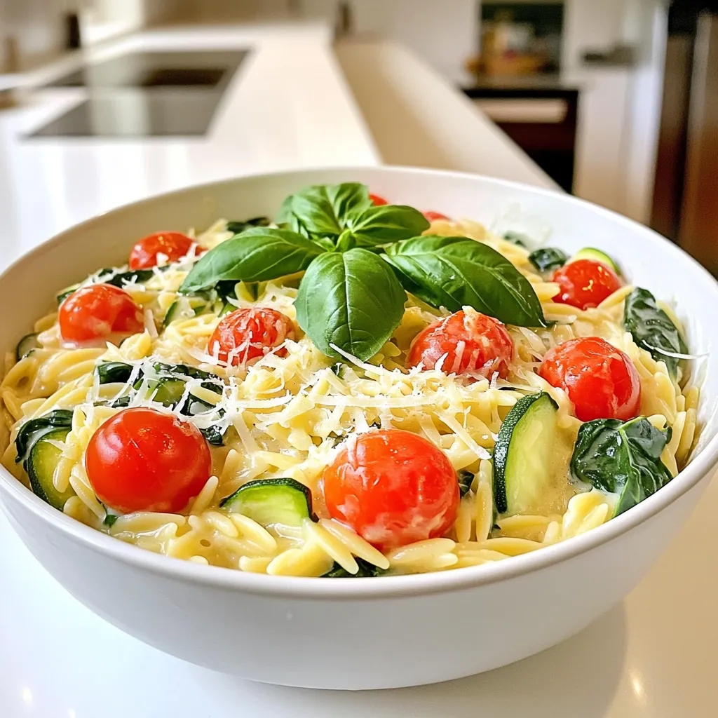 To make One Pan Creamy Orzo, gather these main ingredients: - 1 cup orzo pasta - 3 cups vegetable broth - 1 cup heavy cream - 1 cup cherry tomatoes, halved - 1 zucchini, diced - 1 cup spinach, roughly chopped - 1 small onion, diced - 2 cloves garlic, minced - 1 teaspoon dried oregano - 1 teaspoon dried basil - Salt and pepper to taste - ½ cup grated Parmesan cheese - Fresh basil leaves, for garnish These ingredients blend well to create a comforting dish. Want to make your orzo even better? Here are some optional ingredients: - Red pepper flakes for heat - Lemon zest for brightness - Mushrooms for earthiness - Peas for sweetness - Artichoke hearts for a unique twist These additions can enhance flavor and make your dish special. Need to swap some ingredients? Here are a few ideas: - Use almond milk instead of heavy cream for a lighter version. - Swap orzo for quinoa or rice for a gluten-free meal. - Use vegetable broth to make it vegan. - Replace Parmesan with nutritional yeast for a dairy-free option. These substitutions can help you enjoy this dish no matter your dietary needs. Start by gathering all your ingredients. You will need orzo pasta, vegetable broth, heavy cream, cherry tomatoes, zucchini, spinach, onion, garlic, dried oregano, dried basil, salt, pepper, and Parmesan cheese. This makes your cooking smooth and quick. Dice the onion, garlic, and zucchini into small pieces. Halve the cherry tomatoes. Roughly chop the spinach. Heat a large skillet over medium heat. Add a drizzle of olive oil. Once it is hot, add the diced onion. Sauté for about 3-4 minutes, until it turns translucent. Next, add the minced garlic and cook for 1 more minute. This will make your kitchen smell amazing! Stir in the cherry tomatoes and zucchini. Cook them for about 5 minutes until the tomatoes soften. Now, add the orzo pasta to the skillet. Stir well to mix everything. Pour in the vegetable broth and bring it to a simmer. Cover the skillet and reduce the heat to low. Cook for about 10 minutes, stirring occasionally. The orzo should be al dente when done. Once cooked, gently stir in the heavy cream, oregano, basil, salt, and pepper. Let it simmer for 3 more minutes until creamy. Fold in the chopped spinach and grated Parmesan cheese. Mix until the spinach wilts and everything blends well. Taste the dish and adjust the seasoning if needed. Remove the skillet from heat and let it sit for a few minutes. This helps the flavors settle. Serve the creamy orzo in shallow bowls. Garnish with fresh basil leaves and a sprinkle of Parmesan cheese for a lovely finish. Enjoy your delicious meal! To get that rich, creamy feel in your orzo, follow these tips: - Use heavy cream. It adds a smooth texture that makes a big difference. - Stir gently after adding cream. This helps keep everything mixed without breaking it apart. - Let it sit before serving. This helps the orzo absorb flavors and become creamy. Here are some common pitfalls to watch out for: - Not stirring enough. This can cause the orzo to stick and clump. - Adding too much broth at once. Use the right amount to avoid watery orzo. - Overcooking the orzo. Check it often; you want it al dente, not mushy. You can boost the flavor with these easy ideas: - Add fresh herbs like parsley or cilantro for a fresh taste. - Squeeze some lemon juice for brightness and acidity. - Toss in some red pepper flakes for a spicy kick. These tips will help you create a creamy, flavorful orzo that everyone will love. Enjoy experimenting! {{image_2}} You can easily make One Pan Creamy Orzo vegetarian. Just skip the heavy cream and use a plant-based cream. Swap the Parmesan cheese for a vegan cheese option. You can also add more veggies, like bell peppers or mushrooms. These changes keep the dish rich and tasty. If you want more protein in your meal, add grilled chicken, shrimp, or sausage. Cook the protein separately and mix it in with the orzo at the end. This makes a filling dish that satisfies everyone at the table. You can also use canned chickpeas for a plant-based protein boost. Using seasonal ingredients can elevate your orzo. In spring, add asparagus or peas. In summer, fresh corn or bell peppers work great. In fall, try butternut squash or kale. Using what’s fresh not only enhances flavor but also keeps your dish vibrant and healthy. Store leftover One Pan Creamy Orzo in an airtight container. Let it cool first. Place it in the fridge for up to three days. If you want to keep it longer, consider freezing. When you reheat, add a splash of vegetable broth or cream. This will help keep the orzo creamy. Warm it slowly over low heat in a pan. Stir often to avoid sticking. To freeze, let the dish cool completely. Then, spoon it into freezer-safe bags or containers. Squeeze out extra air to prevent freezer burn. It can last up to three months in the freezer. When ready, thaw it overnight in the fridge before reheating. One Pan Creamy Orzo lasts about 3 to 5 days in the fridge. Store it in an airtight container. Make sure it cools down first. This helps keep it fresh and safe to eat. Yes, you can make One Pan Creamy Orzo in advance. Cook it fully, then store it in the fridge. This dish is great for meal prep. Just reheat it when you are ready to eat. You can serve One Pan Creamy Orzo with many sides. Try a fresh salad for crunch. Garlic bread pairs well, too. Roasted veggies add color and flavor. You can also add grilled chicken or shrimp for protein. These options make the meal more filling and fun! One Pan Creamy Orzo is easy to make and full of flavor. We covered the key ingredients, simple steps, and tips to get the best texture. You can adapt the dish to fit your dietary needs or try new variations. Store leftovers properly to enjoy later, and reheating is simple. Remember, this recipe can fit any meal. So grab your pan and start cooking for a creamy delight tonight!