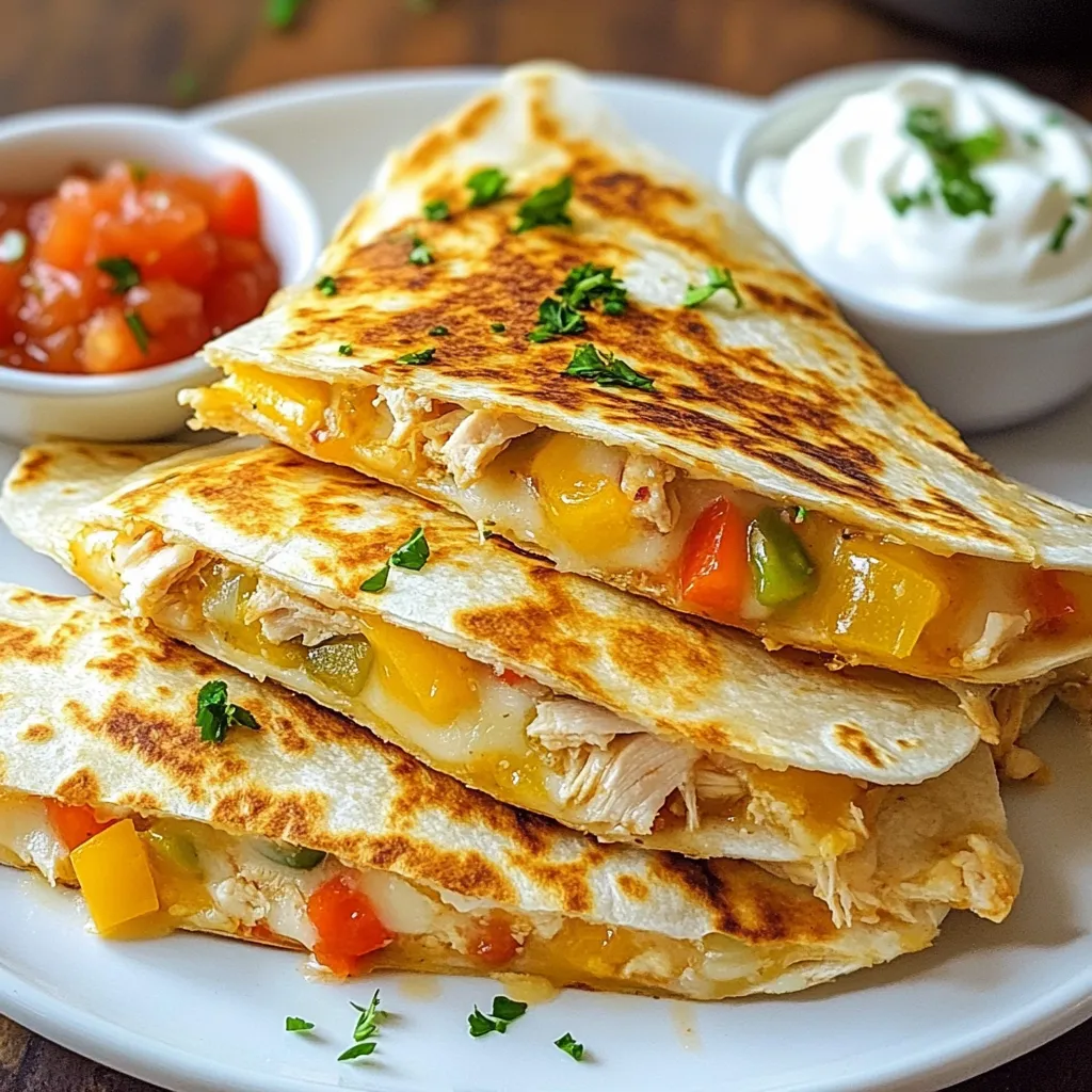 For cheesy chicken quesadillas, you need simple and tasty items. Here’s what to gather: - 2 cups cooked chicken, shredded - 1 cup shredded mozzarella cheese - 1 cup shredded cheddar cheese - ½ cup cream cheese, softened - 1 tablespoon taco seasoning - ½ cup bell peppers, diced (any colors) - ½ cup onion, diced - 4 large flour tortillas - 2 tablespoons olive oil - Salsa and sour cream for serving These ingredients create a rich and flavorful quesadilla. The mix of cheeses adds great texture. Choosing the right cheese makes a big difference. I love using mozzarella and cheddar together. Mozzarella melts nicely, while cheddar adds sharpness. You can also try Monterey Jack or pepper jack for a spicy kick. Experiment with different types of cheese to find your favorite blend. You can personalize your quesadillas with extra ingredients. Here are some ideas: - Black beans for added protein - Corn for sweetness - Jalapeños for heat - Fresh cilantro for freshness - Avocado for creaminess Feel free to mix and match these add-ins. They can make your quesadillas more fun and tasty! {{ingredient_image_1}} First, grab a big bowl. Add 2 cups of shredded chicken. Then, mix in 1 cup of mozzarella cheese and 1 cup of cheddar cheese. Next, add ½ cup of softened cream cheese. Toss in 1 tablespoon of taco seasoning for flavor. Finally, add ½ cup of diced bell peppers and ½ cup of diced onion. Stir it all together until everything is well mixed. This mixture gives the quesadillas a creamy and cheesy texture. Heat a non-stick skillet over medium heat. Pour in 1 tablespoon of olive oil. Take a large flour tortilla and place it in the skillet. On one half of the tortilla, spread half of the chicken and cheese mixture. Fold the other half over the filling. Cook for 3-4 minutes until golden brown. Flip and cook the other side for the same time. The cheese must melt well. Remove the quesadilla from the skillet and cut it into wedges. Repeat with the rest of the tortillas and filling. Serve your quesadillas warm. Arrange the wedges on a nice plate. You can add salsa and sour cream on the side for dipping. This adds extra flavor. For a pop of color, sprinkle some chopped herbs on top. Enjoy your tasty creation with family and friends! To make your quesadillas crispy, use a non-stick skillet. Heat it on medium heat, but do not let it get too hot. This way, the tortilla cooks evenly without burning. Use enough oil, about one tablespoon per quesadilla, to help the tortilla crisp up. Flip your quesadilla gently to keep the filling inside. Cook each side for 3-4 minutes until golden brown. One common mistake is overfilling the quesadilla. If you add too much filling, it can spill out and make a mess. Aim for a balance of chicken and cheese; too much of either can make it hard to fold. Also, avoid cooking on high heat. This can burn the tortilla while leaving the cheese unmelted. If you have leftover quesadillas, store them in an airtight container. Place parchment paper between each quesadilla to keep them from sticking together. They will last in the fridge for 3-4 days. To reheat, use a skillet on low heat or a microwave. If using a microwave, place a damp paper towel over the quesadilla to keep it from drying out. Pro Tips Use Leftover Chicken: Shredded rotisserie chicken works great for this recipe, saving you time and adding flavor. Customize Your Veggies: Feel free to add other vegetables like spinach, mushrooms, or corn for extra flavor and nutrition. Cheese Variations: Experiment with different cheese blends such as pepper jack for a spicy kick or gouda for a smoky flavor. Serve with Fresh Ingredients: Garnish with fresh cilantro or diced avocado for a refreshing contrast to the cheesy quesadillas. {{image_2}} You can easily make a veggie version of these cheesy quesadillas. Instead of chicken, use a mix of sautéed veggies. Try bell peppers, mushrooms, and spinach. You can add beans for extra protein. Swap the cream cheese for a vegan cheese option if needed. This keeps the quesadilla tasty and satisfying. If you want to change up the protein, there are many options. Ground turkey works well and adds a nice flavor. You can also use shredded beef or pork. For a lighter choice, try diced shrimp. Each protein gives a unique taste to your quesadilla. Just make sure to season them well! You don’t have to stick with flour tortillas. Corn tortillas are a great gluten-free choice. Whole wheat tortillas add fiber and a nutty flavor. You can even use large lettuce leaves for a low-carb option. Each tortilla type gives a different twist to your quesadilla. Experiment to find your favorite! To keep your cheesy chicken quesadillas fresh, let them cool first. Place them in an airtight container. You can stack them with parchment paper between layers. This keeps them from sticking together. Store the container in the fridge. They will stay good for up to three days. When you are ready to eat leftovers, you can reheat them easily. Use a skillet for the best results. Heat the skillet over medium heat. Place the quesadilla in the skillet. Cook for about 2-3 minutes on each side. This will make them crispy again. You can also use a microwave, but they may become soft. Heat them for about 30 seconds to 1 minute, checking often. If you want to save cheesy chicken quesadillas for later, freezing is a great option. Wrap each quesadilla in plastic wrap. Then place them in a freezer bag. Try to remove as much air as possible. They can last up to three months in the freezer. When you are ready to eat, thaw them in the fridge overnight. Reheat as mentioned before for the best taste. Yes, rotisserie chicken works great in this dish. It saves time and adds flavor. Just shred the chicken and mix it with the other ingredients. You’ll have a tasty meal in no time. If you don’t have cream cheese, try using sour cream or Greek yogurt. Both options give a creamy texture. You may also use a soft cheese like ricotta for a different flavor. To spice things up, add diced jalapeños or a dash of hot sauce. You can also use spicy taco seasoning instead of regular. This will give your quesadillas a nice kick. Yes, you can make the filling ahead of time. Store it in the fridge for up to two days. When you’re ready, just assemble and cook your quesadillas fresh. Salsa and sour cream are classic choices. Guacamole also tastes great with these quesadillas. You can try different hot sauces for extra flavor. Cheesy chicken quesadillas are an easy and fun meal. We discussed the key ingredients, including the best cheeses and add-ins. I shared simple steps to prepare and cook them for a perfect result. You learned great tips for crispiness and how to avoid mistakes. There are also easy variations to meet different tastes. Store leftovers properly to enjoy them later. With this guide, you can make tasty quesadillas every time. Enjoy your cooking journey and share your delicious creations!