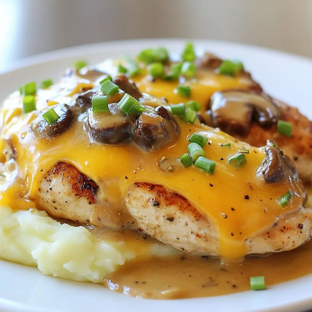 - 4 boneless, skinless chicken breasts - 1 teaspoon garlic powder - 1 teaspoon onion powder - 1 teaspoon paprika - Salt and pepper to taste - 2 tablespoons olive oil - 1 medium onion, sliced - 2 cups mushrooms, sliced - 1 cup chicken broth - 1 cup heavy cream - 1 tablespoon Worcestershire sauce - 1 teaspoon dried thyme - ½ cup shredded cheddar cheese - ¼ cup chopped green onions for garnish You can add a few extras to boost the taste. Consider using: - Fresh herbs like parsley or basil for a fresh kick. - A dash of hot sauce for some heat. - Crumbled bacon for a smoky crunch. Using fresh ingredients makes a big difference. Fresh chicken tastes better and stays juicy. Fresh mushrooms add rich flavor and texture. Fresh herbs give a bright taste. Always choose the best you can find. It makes your dish shine! {{ingredient_image_1}} First, take your chicken breasts. Season them well. Use garlic powder, onion powder, paprika, salt, and pepper. Make sure each breast gets an even coat. This step adds great flavor to the chicken. Heat 2 tablespoons of olive oil in a large skillet. Set the heat to medium-high. When the oil is hot, add the seasoned chicken breasts. Cook them for 6 to 7 minutes on each side. You want them golden brown and cooked through. After cooking, take them out of the skillet and set them aside on a plate. In the same skillet, toss in your sliced onions and mushrooms. Sauté these for about 5 to 6 minutes. You want the onions to be translucent and the mushrooms lightly browned. This brings out their natural sweetness and adds depth to your dish. Now, it’s time for the sauce. Pour in 1 cup of chicken broth. Don’t forget to scrape up any brown bits from the bottom of the skillet. Those bits are full of flavor! Next, stir in 1 cup of heavy cream, 1 tablespoon of Worcestershire sauce, and 1 teaspoon of dried thyme. Bring this mixture to a gentle simmer. Cook for about 3 to 4 minutes until it thickens a bit. Return the cooked chicken breasts to the skillet. Nestle them right into the sauce. Then, sprinkle ½ cup of shredded cheddar cheese on top. Cover the skillet with a lid and let it simmer on low heat. This should take about 5 to 7 minutes. The chicken will reheat, and the cheese will melt beautifully. When serving, think about presentation. Place the smothered chicken on a bed of creamy mashed potatoes or rice. Spoon the delicious mushroom and onion sauce over the chicken. For a pop of color, garnish with chopped green onions. This makes your dish look as good as it tastes! To get the best chicken, start with good cuts. Use boneless, skinless chicken breasts. Season them well. I suggest garlic powder, onion powder, and paprika. This adds flavor right away. Cook the chicken until golden brown. Aim for about 6-7 minutes on each side. This helps lock in juices. If you cut into them too early, they may dry out. Let them rest before serving. This keeps the chicken tender and juicy. For the sauce, you want a creamy texture. Start by sautéing onions and mushrooms. This adds depth. After that, pour in chicken broth and heavy cream. Stir well to mix everything. You want to simmer this mixture. This helps it thicken in about 3-4 minutes. If it’s too thin, let it cook longer. Keep stirring to avoid burning. The sauce should coat the back of a spoon when it's ready. To boost the flavor, add Worcestershire sauce and dried thyme. These ingredients really bring out the taste. You can also use fresh herbs, which add a nice touch. Don’t skip the cheese! Cheddar melts beautifully, adding richness. Lastly, a sprinkle of chopped green onions before serving adds freshness. This makes the dish look pretty and taste great! Pro Tips Use Fresh Herbs: Fresh thyme can elevate the flavor profile of your dish significantly. If possible, opt for fresh herbs instead of dried for a more vibrant taste. Let Chicken Rest: After cooking, allow the chicken to rest for a few minutes before serving. This helps retain juices, making the chicken more tender and flavorful. Customize the Cheese: Experiment with different types of cheese like gouda or pepper jack for a unique twist. Each cheese brings its distinct flavor to the dish. Thicken the Sauce: If you prefer a thicker sauce, add a cornstarch slurry (1 tablespoon cornstarch mixed with 1 tablespoon cold water) to the simmering sauce for a perfect consistency. {{image_2}} You can spice up your smothered chicken easily. Add some heat with sliced jalapeños or a dash of hot sauce. This gives your dish a nice kick. You may also use cayenne pepper to taste. Mix it in with your seasonings for the chicken. Trust me, your taste buds will love this change! Another tasty option is to add spinach. Spinach adds color and nutrition. Simply stir in a few cups of fresh spinach when you make the sauce. Let it wilt before adding the chicken back in. This gives your dish a healthy twist. Plus, the flavors blend well with the creamy sauce. If you want a low-carb option, skip the heavy cream. Use unsweetened almond milk instead. You can also add cauliflower rice instead of traditional rice. This keeps the dish light but still tasty. Season the chicken as usual, and you won’t miss the carbs! Enjoy your meal without the guilt. Storing leftovers is simple. Place any leftover smothered chicken in an airtight container. Let it cool down first. You can keep it in the fridge for up to three days. Make sure to cover it well to prevent drying out. You want to keep that creamy sauce intact! Reheating smothered chicken is easy. You can use the microwave or the stove. If using a microwave, place the chicken on a microwave-safe plate. Cover it with a damp paper towel. Heat in short bursts, about one to two minutes, until warmed through. For stovetop reheating, use a skillet on low heat. Add a splash of chicken broth to keep it moist. Stir gently until hot. Freezing smothered chicken is a great option if you have too much. Start by letting it cool completely. Then, place it in a freezer-safe container. Make sure to leave some space for expansion. It can last in the freezer for up to three months. When ready to eat, thaw it in the fridge overnight. Reheat it as mentioned above. Enjoy your tasty meal later! Yes, you can use bone-in chicken. Just adjust the cooking time. Bone-in chicken takes longer to cook. Cook it until the internal temperature reaches 165°F. The flavor from the bones adds richness to the dish. You can serve Smothered Chicken with several sides. Creamy mashed potatoes pair well. Rice also works great to soak up the sauce. Steamed vegetables or a fresh salad add a nice crunch. Smothered Chicken lasts about 3 to 4 days in the fridge. Store it in an airtight container. Make sure it cools down before sealing it. Reheat gently on the stove or in the microwave. Yes, you can prepare Smothered Chicken ahead of time. Cook it fully and let it cool. Store it in the fridge. When you are ready to eat, reheat it gently on the stove. A good substitute for heavy cream is half-and-half. You can also use whole milk mixed with butter. This will give you a similar creaminess. Coconut cream is a fun dairy-free option too. We discussed essential ingredients and extra flavor ideas for your dish. Fresh ingredients make a big difference in taste. The step-by-step instructions help you cook the chicken right and create a creamy sauce. I shared tips for perfect texture and sauce consistency, plus variations for different tastes. Storing leftovers properly keeps your meal fresh for later. Remember, you can make this dish yours with the right tweaks. Enjoy creating your smothered chicken!