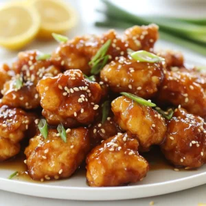To make honey sesame chicken, you need some key ingredients. Each one plays an important role in creating that sweet and savory flavor. Here’s what you’ll need: - 500g chicken breast, cut into bite-sized pieces - ½ cup cornstarch - ¼ cup vegetable oil for frying - ⅓ cup honey - 2 tablespoons soy sauce - 1 tablespoon rice vinegar - 1 tablespoon sesame oil - 2 cloves garlic, minced - 1 teaspoon ginger, grated - 1 tablespoon sesame seeds - 2 green onions, sliced for garnish - Salt and pepper to taste These ingredients work together to give the dish its unique taste. The chicken is the star, while the cornstarch helps create a crispy layer. Honey adds sweetness, while soy sauce and sesame oil bring depth. Garlic and ginger add warmth and flavor. Sesame seeds and green onions finish the dish with a nice crunch and color. When you gather these ingredients, think about the freshness. Fresh chicken and veggies make a big difference. Using high-quality honey enhances the overall taste. This dish is not just easy; it’s packed with flavor and perfect for any dinner table. {{ingredient_image_1}} Start by seasoning the chicken pieces with salt and pepper. Use just enough to enhance the flavor. Next, dip each piece into cornstarch. Make sure every piece gets a nice coat. This step is key for that crispy texture. Shake off any extra cornstarch before cooking. This helps avoid clumping when you fry them. Heat the vegetable oil in a large skillet over medium-high heat. Test the oil by adding a small piece of chicken. It should sizzle right away. This means the oil is ready. Add the chicken pieces in batches. Do not overcrowd the pan. Fry them until they turn golden brown, about 5 to 7 minutes per batch. Once done, use a slotted spoon to remove the chicken. Place them on a paper towel to drain off the oil. In a small saucepan, mix honey, soy sauce, rice vinegar, sesame oil, minced garlic, and grated ginger. Cook this over medium heat. Stir it occasionally. Bring the mixture to a simmer and let it thicken slightly. This should take just a few minutes. You want a nice sticky sauce that clings to the chicken. After the sauce is ready, add the fried chicken pieces to it. Use a spatula to toss them gently. Make sure each piece is coated in the honey glaze. Let this cook on low heat for another 2 to 3 minutes. This step warms everything through and blends the flavors nicely. Finally, sprinkle sesame seeds over the chicken. Toss them again to mix well. This adds crunch and flavor. Transfer the honey sesame chicken to a serving platter. Garnish with sliced green onions for a pop of color. Serve it hot for the best taste! To make your chicken crispy and juicy, follow these steps: - Choose the Right Chicken: Use fresh chicken breast for best flavor. - Coat Evenly: Dip chicken in cornstarch. This step helps create a crispy crust. - Heat the Oil: Ensure the oil is hot before adding chicken. A small piece should sizzle. - Fry in Batches: Do not overcrowd the pan. This keeps the heat steady and helps the chicken cook evenly. - Check Doneness: Cook chicken until golden brown, about 5-7 minutes. These tips will help you achieve the perfect texture! To boost the flavor of your honey sesame chicken, consider adding: - Chili Flakes: For a spicy kick, sprinkle in some chili flakes. - Lemon Zest: A little lemon zest brightens the dish. - Fresh Herbs: Try adding fresh cilantro or basil for a fresh twist. - Sesame Oil: Use a bit more sesame oil for a nutty flavor. Experiment with these ingredients to find your perfect mix! Make your dish look as good as it tastes with these serving suggestions: - Serve on a Platter: Arrange chicken on a large platter for a family-style meal. - Garnish: Use sliced green onions and sesame seeds for a pop of color. - Add a Side: Pair with steamed jasmine rice or stir-fried vegetables. - Create Layers: Serve chicken over a bed of rice for a beautiful layered look. These ideas will impress your guests and make your meal memorable! Pro Tips Marinate for Extra Flavor: For a deeper flavor, marinate the chicken in the soy sauce, ginger, and garlic for at least 30 minutes before coating with cornstarch. Control the Heat: Keep an eye on the oil temperature; if it's too hot, the chicken will burn. If too cool, the chicken will absorb too much oil. Add Crunch: For extra texture, consider adding chopped water chestnuts or bell peppers to the dish when combining with the sauce. Storage Tips: Store any leftovers in an airtight container in the refrigerator for up to 3 days. Reheat in a skillet to maintain the crispiness. {{image_2}} You can make Honey Sesame Chicken lighter. Try using chicken thighs instead of breasts. Thighs are juicier and add flavor. You can also replace honey with agave syrup or maple syrup. These options have lower calories. If you want a plant-based dish, use tofu or tempeh. These proteins soak up the sauce well. You can still coat them in cornstarch for that crunchy texture. Want to spice things up? Add sriracha or chili flakes to the sauce. This gives the dish a nice kick. You can also swap soy sauce for tamari for a gluten-free option. For a fruity twist, mix in orange juice or zest. This adds a fresh taste. You can also try adding pineapple chunks for sweetness. Pair Honey Sesame Chicken with steamed rice or quinoa. These sides soak up the sticky sauce. You can also serve it with a fresh salad, like a cabbage slaw. The crunch adds texture. For a complete meal, add some stir-fried veggies. Broccoli, bell peppers, and snap peas work great. They add color and nutrition to your plate. To keep your Honey Sesame Chicken fresh, store it in an airtight container. Let the chicken cool to room temperature before sealing it. If you have a lot, split it into smaller portions. This helps it chill faster. You can refrigerate it for up to three days. If you want to save it longer, freeze it. Place it in a freezer-safe bag, removing as much air as possible. This way, it stays tasty for up to three months. When reheating, you want to keep that sticky texture and sweet flavor. The best way is to use a skillet. Heat it over medium heat and add a splash of water or broth. This keeps the chicken moist. Add the chicken and stir gently. Cook until it’s heated through. You can also use the microwave, but be careful. Heat in short bursts and cover it loosely to avoid drying it out. Honey Sesame Chicken lasts about three days in the fridge. After three days, it starts to lose flavor and texture. If you freeze it, the chicken can last up to three months. However, for best taste, eat it sooner. Always check for any off smells or changes in texture before eating leftovers. Your taste buds will thank you! Honey sesame chicken is a sweet and savory dish. It features crispy chicken coated in a sticky honey sauce. The dish has roots in Chinese-American cuisine. It combines flavors of honey, soy sauce, and sesame oil. These ingredients create a rich taste that many love. Yes, you can make honey sesame chicken in advance. Cook the chicken and sauce separately. Store them in airtight containers in the fridge. This keeps the chicken crispy and the sauce fresh. When ready to serve, just reheat them together in a pan. Absolutely! You can use tofu or seitan as substitutes for chicken. Both options absorb flavors well. Just make sure to fry them until golden. You can follow the same sauce recipe for a tasty dish. Yes, you can try different sauces. Teriyaki sauce or barbecue sauce works well. They can add a unique twist to the dish. Experimenting with flavors can lead to a new favorite! This blog post outlined the ingredients and steps to make Honey Sesame Chicken. You learned how to prepare, cook, and combine the chicken with a flavorful sauce. I shared tips for achieving the perfect texture and enhancing flavor. We also explored variations, storage tips, and answered your common questions. With these insights, you can create a delicious dish that impresses everyone. Enjoy your cooking and feel free to get creative with flavors!