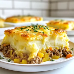 To make Crispy Potato Topped Meat Pie, gather these main items: - 500g ground beef or lamb - 1 large onion, finely chopped - 2 cloves garlic, minced - 1 carrot, grated - 1 cup beef broth - 1 tablespoon Worcestershire sauce (optional) - 1 teaspoon dried thyme - 1 teaspoon paprika - Salt and pepper to taste - 4 medium potatoes, peeled and diced - 2 tablespoons butter - ½ cup milk - 1 cup shredded cheese (cheddar or your choice) - Olive oil for cooking You can swap ingredients if needed. For the meat, try ground turkey or chicken. If you want a veggie option, use lentils or mushrooms instead. Instead of beef broth, use vegetable broth for a lighter flavor. You can also skip Worcestershire sauce if you prefer. For the cheese, any meltable cheese will work. Cheddar is a classic choice, offering a rich flavor. If you want a sharper taste, go for aged cheddar. For something creamier, use mozzarella or gouda. Mixing cheeses can create a unique flavor. Just make sure they melt well for that perfect topping! {{ingredient_image_1}} To start, heat a splash of olive oil in a large skillet over medium heat. Add the chopped onion and sauté for about 3 to 4 minutes until it's soft and clear. Then, mix in the minced garlic and grated carrot. Cook them together for another 2 minutes to bring out their flavors. Next, add the ground beef or lamb. Break it up with a spoon and cook it for 5 to 7 minutes until it turns brown. Pour in the beef broth and Worcestershire sauce if you choose to use it. Add dried thyme, paprika, salt, and pepper. Let it simmer for 10 minutes until it thickens nicely. While the meat filling simmers, grab a pot and fill it with salted water. Bring it to a boil. Once boiling, add the diced potatoes and cook them for about 15 minutes or until they are tender. You can check tenderness by piercing a potato with a fork. Once cooked, drain the potatoes and return them to the pot. Add butter and milk to the pot, then mash the potatoes until they're smooth and creamy. Stir in half of the shredded cheese, and don't forget to season with salt and pepper. Now, it’s time to put everything together. Take a baking dish and spread the meat mixture evenly across the bottom. Carefully spoon the creamy mashed potatoes over the meat, smoothing the top with a spatula. For a cheesy finish, sprinkle the remaining cheese on top of the mashed potatoes. Preheat your oven to 200°C (400°F) and bake the pie for 20 to 25 minutes. You want the top to get golden and crispy. After baking, let the pie cool for a few minutes before serving. Enjoy this savory and satisfying dish! To get that perfect crispy topping, choose the right potatoes. I like to use starchy potatoes like Russets. They give a great texture. After boiling, make sure to drain them well. This helps them crisp up in the oven. When you mash, add butter and milk for creaminess. But don’t over-mash. You want some texture. Finally, bake at a high heat. This will make the top golden and crunchy. Flavors matter in this dish. I add garlic and onion for a strong base. Worcestershire sauce adds depth, but it’s optional. For herbs, dried thyme works well. Paprika gives a nice color and mild spiciness. Don’t forget salt and pepper! They enhance all the flavors. Taste before baking. Adjust seasoning if needed. This step ensures each bite is full of flavor. When serving, slice the meat pie into wedges. This makes it easy to enjoy. A sprinkle of fresh herbs, like parsley or chives, adds color and freshness. Pair it with a simple salad for crunch. A side of steamed veggies also works well. You can serve with warm bread too. This adds to the comfort of the meal. Enjoy your tasty pie! Pro Tips Perfectly Browned Meat: Ensure the meat is well browned before adding the broth. This enhances the flavor and adds depth to your pie. Cheese Variations: Experiment with different cheeses like Gruyère or mozzarella for a unique flavor twist on the mashed potato topping. Herb Infusion: Fresh herbs like rosemary or thyme can elevate the meat mixture. Add them during the last few minutes of cooking for a fresh aroma. Make-Ahead Option: Prepare the meat mixture and mashed potatoes a day in advance, then assemble and bake when ready for a quick dinner. {{image_2}} You can make a tasty vegetarian version of this dish. Swap the ground beef or lamb with lentils or mushrooms. Use 1 cup of cooked lentils or 2 cups of finely chopped mushrooms. Sauté them like you would the meat, adding the same onion and garlic for flavor. The broth and spices will still work well, giving you a hearty pie. Feel free to change the meat in this recipe. Ground turkey, chicken, or pork can also work great. Each meat brings its own flavor. Just remember to adjust cooking times if needed. For turkey or chicken, cook until browned, just like beef. For pork, ensure it is cooked through for safety. You can add more fun ingredients to your meat pie. Consider adding frozen peas, corn, or bell peppers to the meat mixture. Adding some chili flakes or hot sauce can give it a nice kick. If you like herbs, fresh parsley or basil can boost the flavor too. Try experimenting with what you have to make it your own! After you enjoy your crispy potato topped meat pie, store any leftovers properly. Let the pie cool completely. Cover it tightly with plastic wrap or foil. You can also use an airtight container. This keeps it fresh for up to three days in the fridge. To reheat your meat pie, preheat your oven to 180°C (350°F). Place the pie on a baking sheet. Cover it with foil to prevent burning. Bake for about 20 minutes or until it’s hot throughout. You can also use the microwave. Heat individual slices for 1-2 minutes, but the oven gives better results. If you want to save some for later, freezing is a great option. Let the pie cool completely. Wrap it in plastic wrap, then in foil. You can freeze it for up to two months. When you’re ready to eat, thaw it in the fridge overnight. Reheat it in the oven as mentioned earlier for the best crispy topping. Yes, you can make this meat pie ahead of time. Cook the filling and mash the potatoes. Then, store them separately in the fridge. Assemble the pie when you're ready to bake. This way, it stays fresh and tasty. This meat pie pairs well with a simple salad. Try mixed greens with a light vinaigrette. You can also serve it with steamed vegetables. Carrots, peas, or green beans work great. A side of crusty bread can add to the meal too! To make more servings, just double the ingredients. Use a larger baking dish to hold everything. You may need to bake it a bit longer. Keep an eye on it to ensure the top stays crispy. Enjoy your hearty feast! This blog post covered how to make a delicious meat pie. We talked about key ingredients, easy steps for cooking, and tips for a perfect dish. Remember, you can swap ingredients to suit your taste. Plus, I shared tasty variations for meat lovers and vegetarians. Storing and reheating leftovers can keep your pie fresh and enjoyable. Overall, this pie is a fun and tasty meal for everyone. Enjoy creating your own version and experimenting with flavors!