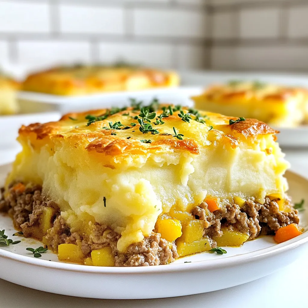 To make Crispy Potato Topped Meat Pie, gather these main items: - 500g ground beef or lamb - 1 large onion, finely chopped - 2 cloves garlic, minced - 1 carrot, grated - 1 cup beef broth - 1 tablespoon Worcestershire sauce (optional) - 1 teaspoon dried thyme - 1 teaspoon paprika - Salt and pepper to taste - 4 medium potatoes, peeled and diced - 2 tablespoons butter - ½ cup milk - 1 cup shredded cheese (cheddar or your choice) - Olive oil for cooking You can swap ingredients if needed. For the meat, try ground turkey or chicken. If you want a veggie option, use lentils or mushrooms instead. Instead of beef broth, use vegetable broth for a lighter flavor. You can also skip Worcestershire sauce if you prefer. For the cheese, any meltable cheese will work. Cheddar is a classic choice, offering a rich flavor. If you want a sharper taste, go for aged cheddar. For something creamier, use mozzarella or gouda. Mixing cheeses can create a unique flavor. Just make sure they melt well for that perfect topping! {{ingredient_image_1}} To start, heat a splash of olive oil in a large skillet over medium heat. Add the chopped onion and sauté for about 3 to 4 minutes until it's soft and clear. Then, mix in the minced garlic and grated carrot. Cook them together for another 2 minutes to bring out their flavors. Next, add the ground beef or lamb. Break it up with a spoon and cook it for 5 to 7 minutes until it turns brown. Pour in the beef broth and Worcestershire sauce if you choose to use it. Add dried thyme, paprika, salt, and pepper. Let it simmer for 10 minutes until it thickens nicely. While the meat filling simmers, grab a pot and fill it with salted water. Bring it to a boil. Once boiling, add the diced potatoes and cook them for about 15 minutes or until they are tender. You can check tenderness by piercing a potato with a fork. Once cooked, drain the potatoes and return them to the pot. Add butter and milk to the pot, then mash the potatoes until they're smooth and creamy. Stir in half of the shredded cheese, and don't forget to season with salt and pepper. Now, it’s time to put everything together. Take a baking dish and spread the meat mixture evenly across the bottom. Carefully spoon the creamy mashed potatoes over the meat, smoothing the top with a spatula. For a cheesy finish, sprinkle the remaining cheese on top of the mashed potatoes. Preheat your oven to 200°C (400°F) and bake the pie for 20 to 25 minutes. You want the top to get golden and crispy. After baking, let the pie cool for a few minutes before serving. Enjoy this savory and satisfying dish! To get that perfect crispy topping, choose the right potatoes. I like to use starchy potatoes like Russets. They give a great texture. After boiling, make sure to drain them well. This helps them crisp up in the oven. When you mash, add butter and milk for creaminess. But don’t over-mash. You want some texture. Finally, bake at a high heat. This will make the top golden and crunchy. Flavors matter in this dish. I add garlic and onion for a strong base. Worcestershire sauce adds depth, but it’s optional. For herbs, dried thyme works well. Paprika gives a nice color and mild spiciness. Don’t forget salt and pepper! They enhance all the flavors. Taste before baking. Adjust seasoning if needed. This step ensures each bite is full of flavor. When serving, slice the meat pie into wedges. This makes it easy to enjoy. A sprinkle of fresh herbs, like parsley or chives, adds color and freshness. Pair it with a simple salad for crunch. A side of steamed veggies also works well. You can serve with warm bread too. This adds to the comfort of the meal. Enjoy your tasty pie! Pro Tips Perfectly Browned Meat: Ensure the meat is well browned before adding the broth. This enhances the flavor and adds depth to your pie. Cheese Variations: Experiment with different cheeses like Gruyère or mozzarella for a unique flavor twist on the mashed potato topping. Herb Infusion: Fresh herbs like rosemary or thyme can elevate the meat mixture. Add them during the last few minutes of cooking for a fresh aroma. Make-Ahead Option: Prepare the meat mixture and mashed potatoes a day in advance, then assemble and bake when ready for a quick dinner. {{image_2}} You can make a tasty vegetarian version of this dish. Swap the ground beef or lamb with lentils or mushrooms. Use 1 cup of cooked lentils or 2 cups of finely chopped mushrooms. Sauté them like you would the meat, adding the same onion and garlic for flavor. The broth and spices will still work well, giving you a hearty pie. Feel free to change the meat in this recipe. Ground turkey, chicken, or pork can also work great. Each meat brings its own flavor. Just remember to adjust cooking times if needed. For turkey or chicken, cook until browned, just like beef. For pork, ensure it is cooked through for safety. You can add more fun ingredients to your meat pie. Consider adding frozen peas, corn, or bell peppers to the meat mixture. Adding some chili flakes or hot sauce can give it a nice kick. If you like herbs, fresh parsley or basil can boost the flavor too. Try experimenting with what you have to make it your own! After you enjoy your crispy potato topped meat pie, store any leftovers properly. Let the pie cool completely. Cover it tightly with plastic wrap or foil. You can also use an airtight container. This keeps it fresh for up to three days in the fridge. To reheat your meat pie, preheat your oven to 180°C (350°F). Place the pie on a baking sheet. Cover it with foil to prevent burning. Bake for about 20 minutes or until it’s hot throughout. You can also use the microwave. Heat individual slices for 1-2 minutes, but the oven gives better results. If you want to save some for later, freezing is a great option. Let the pie cool completely. Wrap it in plastic wrap, then in foil. You can freeze it for up to two months. When you’re ready to eat, thaw it in the fridge overnight. Reheat it in the oven as mentioned earlier for the best crispy topping. Yes, you can make this meat pie ahead of time. Cook the filling and mash the potatoes. Then, store them separately in the fridge. Assemble the pie when you're ready to bake. This way, it stays fresh and tasty. This meat pie pairs well with a simple salad. Try mixed greens with a light vinaigrette. You can also serve it with steamed vegetables. Carrots, peas, or green beans work great. A side of crusty bread can add to the meal too! To make more servings, just double the ingredients. Use a larger baking dish to hold everything. You may need to bake it a bit longer. Keep an eye on it to ensure the top stays crispy. Enjoy your hearty feast! This blog post covered how to make a delicious meat pie. We talked about key ingredients, easy steps for cooking, and tips for a perfect dish. Remember, you can swap ingredients to suit your taste. Plus, I shared tasty variations for meat lovers and vegetarians. Storing and reheating leftovers can keep your pie fresh and enjoyable. Overall, this pie is a fun and tasty meal for everyone. Enjoy creating your own version and experimenting with flavors!