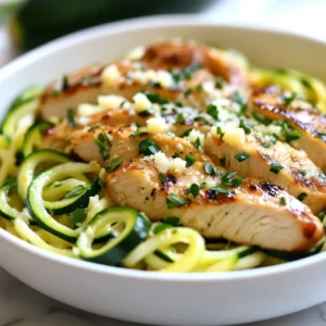 - 2 medium zucchini, spiralized into noodles - 2 boneless, skinless chicken breasts, sliced thin - 4 cloves garlic, minced - 1 tablespoon olive oil - 1 tablespoon butter - 1 teaspoon Italian seasoning - Salt and pepper to taste - 1/4 teaspoon red pepper flakes (optional, for heat) - Fresh parsley, chopped (for garnish) - Grated Parmesan cheese (for serving) This dish shines with fresh ingredients. The zucchini noodles bring a lightness that pairs well with the chicken. Chicken breast adds protein and keeps the meal filling. The garlic infuses the dish with a rich flavor. For the seasonings, I love using olive oil and butter. They create a lovely base for cooking. Italian seasoning ties everything together, giving a burst of flavor. If you like some heat, add the red pepper flakes. They give a nice kick without overwhelming the dish. Remember to have some fresh parsley handy for garnish. It adds a pop of color and freshness. Grated Parmesan cheese is a must for serving. It melts slightly on the warm noodles and enhances the overall taste. These simple ingredients create a wonderful meal that feels special yet easy to make. {{ingredient_image_1}} Spiralizing Technique To make zucchini noodles, use a spiralizer. This tool turns zucchini into long, thin strands. Start with washed zucchini. Cut off the ends, then twist the zucchini on the spiralizer. It’s quick and easy! Alternative methods if no spiralizer is available If you don't have a spiralizer, you can use a vegetable peeler. Just peel long strips from the zucchini. You can also use a box grater. Grate the zucchini for thin noodles. Both methods work well! Searing Techniques for Perfect Chicken For juicy chicken, use a large skillet. Heat olive oil and butter over medium heat. Once hot, add the sliced chicken. Let it cook without stirring for a few minutes. This helps it brown nicely. Season with salt, pepper, and Italian seasoning. Cook for about 5-6 minutes. Importance of Timing when Adding Garlic Timing is key when adding garlic. Add it to the skillet after the chicken is golden. Cook the garlic for 1-2 minutes until it smells great. This way, it won’t burn and turn bitter. Integrating Zucchini Noodles with Chicken After cooking the chicken and garlic, lower the heat. Add the zucchini noodles to the skillet. Toss them gently with the chicken and garlic. This helps mix the flavors well. Tips for Achieving the Right Texture Cook the zucchini noodles for only 2-3 minutes. You want them tender but not mushy. If they cook too long, they can get watery. Keep an eye on them for best results! Achieving the Right Seasoning Balance To get the best flavor, use salt and pepper wisely. Start with a pinch of salt and pepper when cooking your chicken. Taste as you go. Add more if needed. The Italian seasoning brings a nice herbal note, so don’t skip it. If you like heat, add red pepper flakes. Just a little can make a big difference. Cooking Time for Al Dente Zucchini Zucchini noodles cook fast. You want them tender but not mushy. Cook for just 2-3 minutes after adding them to the skillet. Stir gently to mix with the chicken and garlic. Check for doneness by tasting a strand. It should be slightly firm. This keeps your dish light and fresh. Recommended Plating Techniques For a lovely presentation, use a shallow bowl. Start with a base of zucchini noodles. Then, layer the chicken on top. Drizzle a bit of olive oil for shine. Finish it off with fresh parsley and a generous sprinkle of Parmesan cheese. This makes your dish pop on the table. Pairing with Side Dishes or Wines Garlic Chicken Zucchini Noodles pair well with a light salad. A simple green salad with lemon dressing works great. For a drink, try a crisp white wine, like Sauvignon Blanc. It complements the garlic and chicken flavors perfectly. Enjoy your meal with these simple pairings to elevate your dining experience. Pro Tips Choose Firm Zucchini: Look for firm zucchini without soft spots to ensure your noodles hold their shape during cooking. Don't Overcook the Zucchini: Cook the zucchini noodles just until tender to maintain a bit of crunch and prevent them from becoming mushy. Season in Layers: Season the chicken, then the garlic, and finally the zucchini for a well-rounded flavor throughout the dish. Experiment with Proteins: Try substituting chicken with shrimp or tofu for a different protein option that pairs well with the garlic and zucchini. {{image_2}} You can switch up the protein in this dish for a new twist. - Using Shrimp or Tofu: Shrimp cooks quickly and adds a nice flavor. Just sauté it until it's pink, then follow the same steps for chicken. Tofu is a great plant-based option. Use firm tofu and cube it. Sauté until golden before adding the garlic. - Substitute for Chicken: If you don’t have chicken, try turkey or pork. Both work well. Just slice them thin and cook until done. This keeps the dish light and tasty. Changing the flavors can make this meal exciting. - Adding Different Herbs: Fresh herbs like basil or cilantro can change the taste. Add them at the end for a burst of flavor. You can also use dried herbs if you don’t have fresh ones. - Incorporating Vegetables: You can add bell peppers, spinach, or cherry tomatoes. Just sauté them with the chicken and garlic. This not only adds color but also boosts nutrients. Mixing in different veggies keeps each meal fresh and fun. After making garlic chicken zucchini noodles, store any leftovers in the fridge. Use an airtight container. This keeps the dish fresh and tasty for up to three days. If you want to freeze the meal, use freezer-safe bags or containers. Make sure to remove as much air as possible. This helps prevent freezer burn. You can freeze the dish for up to three months. However, zucchini noodles may become watery upon thawing. To reheat, use a skillet on low heat. This helps keep the noodles from getting mushy. Stir gently to heat evenly. You can also use a microwave, but be careful. Heat in short bursts to avoid overcooking. For serving leftovers, try adding fresh herbs or a sprinkle of cheese. This can brighten the flavors and add a fresh touch. You could also serve with a side salad for a complete meal. You can make zucchini noodles using a few simple tools. A knife works well. Cut the zucchini lengthwise into thin strips. This method takes a bit more time, but you get nice, flat noodles. A vegetable peeler is another option. Just peel thin strips from the zucchini. Keep peeling until you reach the seeds in the center. Both methods give you tasty noodles to use in your dish. Yes, you can use cooked chicken for this recipe. It saves time and reduces cooking. Just cut the cooked chicken into bite-sized pieces. Add it to the skillet after cooking the garlic. Heat it through for a few minutes. This way, you still get great flavor from the garlic and other ingredients. To keep zucchini noodles from getting soggy, do not cook them too long. Add them at the end of cooking time. Stir them gently for about 2-3 minutes. This makes them tender but not mushy. Also, use a large skillet. A wider pan helps moisture escape better. If you want, you can sprinkle a bit of salt on the noodles before cooking. Let them sit for a few minutes to draw out excess water. In this blog post, we explored making garlic chicken zucchini noodles from start to finish. We covered key ingredients like zucchini, chicken, and garlic. We detailed step-by-step cooking methods to ensure your dish is tasty. Plus, we shared tips for perfect texture and seasoning balance. As you try this dish, remember the variations possible with different proteins and flavors. Whether it's shrimp or tofu, the choices make this recipe flexible and fun. Enjoy your cooking journey and savor every bite!