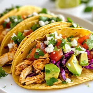 - 2 cups cooked chicken, shredded - 1 tablespoon olive oil - 1 teaspoon chili powder - 1 teaspoon cumin - 1/2 teaspoon smoked paprika - 1/2 teaspoon garlic powder - Salt and pepper to taste - 8 small corn tortillas - 1 cup red cabbage, thinly sliced - 1/2 cup fresh cilantro, chopped - 1/2 cup diced tomatoes - 1 avocado, diced - 2 tablespoons lime juice - 1/4 cup crumbled feta cheese (optional) To make Chicken Street Tacos, gather these simple ingredients. Start with cooked chicken. I love using rotisserie chicken for ease. The spices add great flavor. Chili powder and cumin bring warmth. Smoked paprika gives a nice depth, while garlic powder adds a touch of zest. You’ll need fresh toppings. Red cabbage adds crunch. Cilantro gives a fresh taste. Diced tomatoes and avocado add color and creaminess. Lime juice adds brightness and a tangy kick. If you like, sprinkle feta on top. It adds a salty, creamy finish. This list covers everything you need. Don’t skip any ingredients. Each one plays a role in making these tacos truly delicious. {{ingredient_image_1}} 1. Start by heating 1 tablespoon of olive oil in a skillet over medium heat. This helps the chicken cook evenly. 2. Next, add 2 cups of shredded chicken to the skillet. Sprinkle in 1 teaspoon of chili powder, 1 teaspoon of cumin, 1/2 teaspoon of smoked paprika, and 1/2 teaspoon of garlic powder. Season with salt and pepper to your liking. 3. Stir the chicken and spices together well. Cook for about 5-7 minutes. You want the chicken to be hot and well-coated with the spices. 1. While the chicken cooks, take 8 small corn tortillas and warm them in another dry skillet. 2. Heat each tortilla for about 30 seconds on each side. This keeps them soft and easy to fold. 3. To keep the tortillas pliable, stack them in a clean kitchen towel as you warm them. This traps heat and moisture. 1. Grab your warm tortillas. Spoon a generous amount of spiced chicken onto each one. 2. Now, it's time to add toppings! Use red cabbage, chopped cilantro, diced tomatoes, and avocado for a fresh burst of flavor. 3. Finish by drizzling 2 tablespoons of lime juice over the tacos. If you like, sprinkle some crumbled feta cheese on top for extra taste. Enjoy your tasty chicken street tacos! To make your chicken tacos just right, play with the spices. If you like heat, add more chili powder. If you prefer a milder taste, reduce the chili. You can swap spices too. Try fajita seasoning or taco seasoning for a twist. Layer your tacos carefully. Start with chicken, then add red cabbage for crunch. Next, sprinkle cilantro, tomatoes, and avocado on top. This helps each bite taste great. To keep them together, use small tortillas. They hold better than large ones. Pair your tacos with sides for a full meal. Rice or beans make great choices. You can also serve a fresh salad. For drinks, try a light beer or sparkling water with lime. They balance the flavors of the tacos perfectly. Pro Tips Use Leftover Chicken: This recipe is a fantastic way to use up leftover rotisserie chicken, making it quick and easy to prepare. Customize Your Toppings: Feel free to add other toppings like jalapeños, sour cream, or your favorite hot sauce for an extra kick. Warm Tortillas Properly: Warming the tortillas not only makes them pliable but also enhances their flavor. Don't skip this step! Add Freshness: For a burst of freshness, add a squeeze of lime juice just before serving, along with additional cilantro if desired. {{image_2}} You can swap chicken for other proteins. Beef works great for a heartier taco. Use ground beef or shredded beef for a tasty twist. Pork adds a sweet and savory flavor; try pulled pork for a rich filling. Tofu is a fun choice for a meatless option. Use firm tofu, and marinate it to soak up flavors. Each protein brings its own flair to the dish. Toppings can change the whole taco experience. Try adding pickled onions for a tangy bite. Radishes offer a crunchy texture that contrasts well with soft chicken. Pineapple salsa can add a sweet twist. Seasonal veggies keep your tacos fresh and exciting. Think of zucchini in summer or roasted butternut squash in fall. Mixing different toppings can create unique flavor profiles. Choosing the right sauce enhances your tacos. Store-bought sauces are easy but might lack freshness. Look for ones with natural ingredients. Homemade sauces can bring big flavor. Try a simple lime crema made with sour cream and lime juice. A chipotle sauce adds a smoky kick. Experiment with different sauces to find your favorite. Each option can change how your tacos taste. To keep your chicken street tacos fresh, store them right. Place any leftover tacos in an airtight container. Make sure to separate the chicken from the tortillas and toppings. This keeps everything from getting soggy. Store them in the fridge for up to three days. When it's time to eat again, reheating properly is key. For the chicken, place it in a skillet over medium heat. Stir it around for about five minutes, until it's hot. This keeps the flavor intact. To warm the tortillas, heat a dry skillet over medium heat. Place each tortilla in the skillet for about 30 seconds on each side. This makes them soft and easy to fold. You can freeze chicken street tacos, but it takes some steps. First, prepare the chicken and let it cool completely. Next, place the chicken in a freezer-safe bag. Remove as much air as possible before sealing. You can freeze the chicken for up to three months. When you're ready to eat, thaw the chicken in the fridge overnight. Reheat it in a skillet and warm the tortillas as mentioned before. This way, you can enjoy tasty tacos anytime! To make chicken street tacos from scratch, start with cooked chicken. Shred it into small pieces. Heat olive oil in a skillet. Add the chicken and spices like chili powder and cumin. Cook for about 5-7 minutes until hot. Warm small corn tortillas in another skillet for easy folding. Next, put a spoonful of chicken on each tortilla. Top with red cabbage, cilantro, tomatoes, and avocado. Finally, drizzle lime juice on top. If you need alternatives to corn tortillas, consider using flour tortillas. They are soft and easy to fold. For gluten-free options, try lettuce wraps. They add a fresh crunch. You can also use low-carb tortillas made from almond flour or coconut flour. These options work well for different diets. To boost flavor in your chicken, try marinating it. Use lime juice, garlic, and spices for a few hours. You can also add fresh herbs like cilantro or parsley. Another tip is to mix in some salsa or hot sauce while cooking. This adds moisture and taste, making every bite flavorful. Yes, you can prepare chicken street tacos ahead of time. Cook and shred the chicken, then store it in the fridge. Warm it up when you are ready to serve. You can also prep toppings like cabbage and tomatoes in advance. Just keep them in separate containers. This way, you can assemble tacos quickly when it's time to eat. In this blog post, we explored how to make delicious chicken street tacos. We listed the ingredients, provided step-by-step cooking instructions, and shared tips for perfecting your dish. You learned ways to customize your tacos with different proteins and toppings. We also covered how to store and reheat your leftovers effectively. Remember, cooking is about trying new things and having fun. Enjoy your tasty tacos and make them your own!