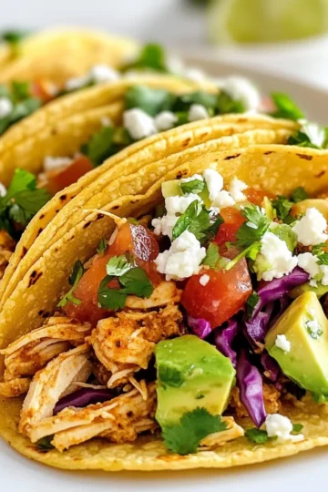 - 2 cups cooked chicken, shredded - 1 tablespoon olive oil - 1 teaspoon chili powder - 1 teaspoon cumin - ½ teaspoon smoked paprika - ½ teaspoon garlic powder - Salt and pepper to taste - 8 small corn tortillas - 1 cup red cabbage, thinly sliced - ½ cup fresh cilantro, chopped - ½ cup diced tomatoes - 1 avocado, diced - 2 tablespoons lime juice - ¼ cup crumbled feta cheese (optional) To make Chicken Street Tacos, gather these simple ingredients. Start with cooked chicken. I love using rotisserie chicken for ease. The spices add great flavor. Chili powder and cumin bring warmth. Smoked paprika gives a nice depth, while garlic powder adds a touch of zest. You’ll need fresh toppings. Red cabbage adds crunch. Cilantro gives a fresh taste. Diced tomatoes and avocado add color and creaminess. Lime juice adds brightness and a tangy kick. If you like, sprinkle feta on top. It adds a salty, creamy finish. This list covers everything you need. Don’t skip any ingredients. Each one plays a role in making these tacos truly delicious. {{ingredient_image_1}} 1. Start by heating 1 tablespoon of olive oil in a skillet over medium heat. This helps the chicken cook evenly. 2. Next, add 2 cups of shredded chicken to the skillet. Sprinkle in 1 teaspoon of chili powder, 1 teaspoon of cumin, ½ teaspoon of smoked paprika, and ½ teaspoon of garlic powder. Season with salt and pepper to your liking. 3. Stir the chicken and spices together well. Cook for about 5-7 minutes. You want the chicken to be hot and well-coated with the spices. 1. While the chicken cooks, take 8 small corn tortillas and warm them in another dry skillet. 2. Heat each tortilla for about 30 seconds on each side. This keeps them soft and easy to fold. 3. To keep the tortillas pliable, stack them in a clean kitchen towel as you warm them. This traps heat and moisture. 1. Grab your warm tortillas. Spoon a generous amount of spiced chicken onto each one. 2. Now, it's time to add toppings! Use red cabbage, chopped cilantro, diced tomatoes, and avocado for a fresh burst of flavor. 3. Finish by drizzling 2 tablespoons of lime juice over the tacos. If you like, sprinkle some crumbled feta cheese on top for extra taste. Enjoy your tasty chicken street tacos! To make your chicken tacos just right, play with the spices. If you like heat, add more chili powder. If you prefer a milder taste, reduce the chili. You can swap spices too. Try fajita seasoning or taco seasoning for a twist. Layer your tacos carefully. Start with chicken, then add red cabbage for crunch. Next, sprinkle cilantro, tomatoes, and avocado on top. This helps each bite taste great. To keep them together, use small tortillas. They hold better than large ones. Pair your tacos with sides for a full meal. Rice or beans make great choices. You can also serve a fresh salad. For drinks, try a light beer or sparkling water with lime. They balance the flavors of the tacos perfectly. Pro Tips Use Leftover Chicken: This recipe is a fantastic way to use up leftover rotisserie chicken, making it quick and easy to prepare. Customize Your Toppings: Feel free to add other toppings like jalapeños, sour cream, or your favorite hot sauce for an extra kick. Warm Tortillas Properly: Warming the tortillas not only makes them pliable but also enhances their flavor. Don't skip this step! Add Freshness: For a burst of freshness, add a squeeze of lime juice just before serving, along with additional cilantro if desired. {{image_2}} You can swap chicken for other proteins. Beef works great for a heartier taco. Use ground beef or shredded beef for a tasty twist. Pork adds a sweet and savory flavor; try pulled pork for a rich filling. Tofu is a fun choice for a meatless option. Use firm tofu, and marinate it to soak up flavors. Each protein brings its own flair to the dish. Toppings can change the whole taco experience. Try adding pickled onions for a tangy bite. Radishes offer a crunchy texture that contrasts well with soft chicken. Pineapple salsa can add a sweet twist. Seasonal veggies keep your tacos fresh and exciting. Think of zucchini in summer or roasted butternut squash in fall. Mixing different toppings can create unique flavor profiles. Choosing the right sauce enhances your tacos. Store-bought sauces are easy but might lack freshness. Look for ones with natural ingredients. Homemade sauces can bring big flavor. Try a simple lime crema made with sour cream and lime juice. A chipotle sauce adds a smoky kick. Experiment with different sauces to find your favorite. Each option can change how your tacos taste. To keep your chicken street tacos fresh, store them right. Place any leftover tacos in an airtight container. Make sure to separate the chicken from the tortillas and toppings. This keeps everything from getting soggy. Store them in the fridge for up to three days. When it's time to eat again, reheating properly is key. For the chicken, place it in a skillet over medium heat. Stir it around for about five minutes, until it's hot. This keeps the flavor intact. To warm the tortillas, heat a dry skillet over medium heat. Place each tortilla in the skillet for about 30 seconds on each side. This makes them soft and easy to fold. You can freeze chicken street tacos, but it takes some steps. First, prepare the chicken and let it cool completely. Next, place the chicken in a freezer-safe bag. Remove as much air as possible before sealing. You can freeze the chicken for up to three months. When you're ready to eat, thaw the chicken in the fridge overnight. Reheat it in a skillet and warm the tortillas as mentioned before. This way, you can enjoy tasty tacos anytime! To make chicken street tacos from scratch, start with cooked chicken. Shred it into small pieces. Heat olive oil in a skillet. Add the chicken and spices like chili powder and cumin. Cook for about 5-7 minutes until hot. Warm small corn tortillas in another skillet for easy folding. Next, put a spoonful of chicken on each tortilla. Top with red cabbage, cilantro, tomatoes, and avocado. Finally, drizzle lime juice on top. If you need alternatives to corn tortillas, consider using flour tortillas. They are soft and easy to fold. For gluten-free options, try lettuce wraps. They add a fresh crunch. You can also use low-carb tortillas made from almond flour or coconut flour. These options work well for different diets. To boost flavor in your chicken, try marinating it. Use lime juice, garlic, and spices for a few hours. You can also add fresh herbs like cilantro or parsley. Another tip is to mix in some salsa or hot sauce while cooking. This adds moisture and taste, making every bite flavorful. Yes, you can prepare chicken street tacos ahead of time. Cook and shred the chicken, then store it in the fridge. Warm it up when you are ready to serve. You can also prep toppings like cabbage and tomatoes in advance. Just keep them in separate containers. This way, you can assemble tacos quickly when it's time to eat. In this blog post, we explored how to make delicious chicken street tacos. We listed the ingredients, provided step-by-step cooking instructions, and shared tips for perfecting your dish. You learned ways to customize your tacos with different proteins and toppings. We also covered how to store and reheat your leftovers effectively. Remember, cooking is about trying new things and having fun. Enjoy your tasty tacos and make them your own!