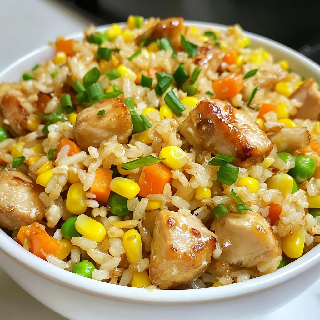 - 1 lb boneless chicken breast, cubed - 2 cups cooked jasmine rice (preferably cold) - 3 tablespoons honey - 4 tablespoons soy sauce - 3 cloves garlic, minced - 1 cup mixed vegetables (peas, carrots, corn) - 2 green onions, sliced - 2 eggs, beaten - 2 tablespoons sesame oil - Salt and pepper to taste The main ingredients in this dish bring together simple yet flavorful elements. The chicken serves as the protein, giving the meal a hearty base. I always prefer using boneless chicken breast, as it cooks quickly and stays tender. The jasmine rice is key; its fragrance adds depth to the dish. Using cold rice is important. It helps the grains stay separate and not clump together. Honey and soy sauce create a rich, sweet, and savory glaze that coats the chicken and rice beautifully. Together, they balance the dish perfectly. For additional ingredients, garlic adds a punch of flavor. The mixed vegetables not only add color but also boost the nutrition. I like to use frozen peas, carrots, and corn because they are easy and always ready to go. In terms of seasoning, green onions add a fresh crunch. Eggs bring richness and texture. Sesame oil rounds out the flavors with its nutty aroma. Finally, don’t forget salt and pepper to enhance all the tastes. With these ingredients, you can create a tasty and satisfying meal that is quick to prepare, making it perfect for busy weeknights. {{ingredient_image_1}} Start by cutting your chicken breast into cubes. In a bowl, mix the chicken with soy sauce, honey, and minced garlic. Make sure all the chicken pieces are well-coated. Let it marinate for at least 15 minutes. This step adds flavor and keeps the chicken juicy. Heat a large skillet over medium-high heat. Add one tablespoon of sesame oil. Once hot, add the marinated chicken to the skillet. Sauté the chicken until it turns golden brown and is fully cooked, about 5-7 minutes. Remove the chicken from the skillet and set it aside. This process seals in the flavors and gives the chicken a nice texture. In the same skillet, add another tablespoon of sesame oil. Toss in your mixed vegetables. Stir-fry them for about 2-3 minutes until they start to soften. This keeps the veggies colorful and crisp. Push the vegetables to one side of the skillet. Pour the beaten eggs onto the empty side. Scramble the eggs until cooked, then mix them with the vegetables. This adds richness to the dish. Now, add the cold cooked jasmine rice to the skillet. Stir everything together well. Drizzle in the remaining soy sauce and toss the mixture until the rice is evenly coated. This step ensures every grain of rice tastes delicious. Return the cooked chicken to the skillet. Mix everything well, cooking for an additional 2-3 minutes until it’s all heated through. Season your fried rice with salt and pepper to taste. Toss in the sliced green onions right before serving. This brightens up the dish and adds a fresh crunch. Serve the fried rice in a large bowl, and consider garnishing it with extra green onions and a drizzle of honey for a nice finish. Enjoy your easy weeknight meal! Using cold jasmine rice is key. Cold rice helps keep the grains separate. It prevents clumping and gives a nice texture. Freshly cooked rice can become mushy. For best results, cook your rice a day before. Let it cool and store it in the fridge. This method makes your fried rice more enjoyable. Marinating the chicken is important. Mix cubed chicken with soy sauce, honey, and garlic. Let it sit for at least 15 minutes. This gives the chicken great flavor. Use high heat when cooking the chicken. Sauté it until it turns golden brown. This step adds a nice crunch and keeps the meat juicy. You can boost the taste with extra seasonings. Try adding sesame seeds or a splash of rice vinegar. You might also use chili flakes for some heat. Adding these small touches makes a big difference. They can create a dish that is uniquely yours. Don’t forget to taste as you cook! Adjust flavors to fit your liking. Pro Tips Marinate for Maximum Flavor: Allowing the chicken to marinate for at least 15 minutes enhances the flavor significantly, making each bite more delicious. Use Cold Rice: Using cold, day-old jasmine rice prevents the grains from becoming mushy and helps achieve the perfect fried rice texture. High Heat is Key: Stir-frying on high heat ensures that the chicken and vegetables cook quickly, retaining their texture and flavor. Garnish for Visual Appeal: Garnish your dish with extra green onions and a drizzle of honey to make it visually appealing and appetizing. {{image_2}} You can switch the chicken for shrimp or tofu. Shrimp cooks quickly and adds a nice taste. Just sauté it until it turns pink. For tofu, use firm or extra-firm. Cut it into cubes and fry until golden. Both options give your dish a new twist. You can also try a mix of proteins for extra fun. Feel free to use seasonal or frozen vegetables. Fresh veggies give great flavor, while frozen ones are quick and easy. Try bell peppers, broccoli, or snap peas. Toss in whatever you have on hand. This makes your fried rice colorful and full of nutrients. Using a mix keeps it exciting every time you cook. To add extra zing, try spices or sauces. A dash of chili flakes adds heat. You can also use oyster sauce or hoisin sauce for depth. Want a bit of tang? A splash of rice vinegar or lime juice works great. Experiment and find what you love. Making it your own is the best part of cooking! To store leftovers, let the fried rice cool first. Place it in an airtight container. This will keep it fresh in the fridge. You can store it for up to three days. Make sure to label the container with the date. When you want to eat it again, check for any signs of spoilage. If you want to keep it longer, freezing is a great choice. Use a freezer-safe container or a heavy-duty freezer bag. Remove as much air as you can before sealing. Fried rice can last in the freezer for up to three months. When you are ready to eat, thaw it overnight in the fridge before reheating. The best way to reheat fried rice is in a skillet. Heat a bit of oil in the pan over medium heat. Add the rice and stir it often. This helps to heat it evenly. You can add a splash of water to create steam. This method keeps the rice moist and tasty. You can also use a microwave, but stir it halfway through for even heating. Yes, you can use leftover rice. Day-old rice works best for fried rice. It is drier and less sticky, which makes it easier to fry. Freshly cooked rice may clump together. Using leftover rice helps create a better texture. If you need a substitute for honey, try maple syrup or agave nectar. Both add sweetness and flavor. You can also use brown sugar mixed with a little water. This will give a similar taste and texture. Yes, this dish is great for kids. To make it more appealing, cut the chicken into smaller pieces. You can also let them help with mixing ingredients. Adding their favorite veggies can make it fun. Sweet flavors like honey will keep them interested. This blog post showed you how to make tasty chicken fried rice. We covered ingredients like chicken, jasmine rice, and a mix of veggies. You learned the step-by-step process, from marinating the chicken to serving the dish. I shared tips for perfecting your fried rice and variations to try. Remember, use day-old rice for best results. Store leftovers properly, and feel free to make it kid-friendly. Now, it's time for you to cook and enjoy this simple, flavorful meal!
