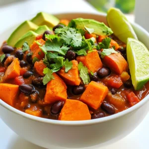 - 2 medium sweet potatoes, peeled and diced - 1 can (15 oz) black beans, drained and rinsed - 1 can (14 oz) diced tomatoes (with juices) - 1 medium onion, diced - 3 cloves garlic, minced - 1 bell pepper (red or green), diced - 2 cups vegetable broth - 2 teaspoons ground cumin - 1 teaspoon smoked paprika - 1 teaspoon chili powder - ½ teaspoon cayenne pepper (adjust to taste) - Salt and pepper to taste - 1 tablespoon olive oil - Fresh cilantro, chopped (for garnish) - Avocado slices (for serving) - Lime wedges (for serving) Sweet potatoes bring a sweet taste and nice texture to this chili. Black beans add protein and fiber. Diced tomatoes add moisture and flavor. The onion, garlic, and bell pepper give a great base. Vegetable broth makes it all come together. Spices make this dish pop. Cumin adds warmth. Smoked paprika adds a slight smokiness. Chili powder gives heat, while cayenne pepper adds a kick. You can adjust the cayenne to your taste. Olive oil helps to sauté the vegetables. Fresh cilantro gives a burst of color and flavor. Avocado slices add creaminess, and lime wedges add brightness. This combination makes a hearty meal. 1. Start by heating olive oil in a large pot over medium heat. 2. Add the diced onion and bell pepper. Sauté until soft, about 5 minutes. 3. Next, stir in the minced garlic. Cook for another 1-2 minutes, but don’t let it burn. 1. Now, add the diced sweet potatoes, black beans, and diced tomatoes with their juices. 2. Pour in the vegetable broth, then sprinkle the ground cumin, smoked paprika, chili powder, cayenne pepper, salt, and pepper. 3. Bring everything to a boil. After it boils, lower the heat and cover the pot. 4. Let the chili simmer for 25-30 minutes. Stir occasionally until the sweet potatoes are tender. 1. Taste your chili. Adjust the seasoning if needed, adding salt, pepper, or spices. 2. Serve the chili hot. Garnish with fresh cilantro and avocado slices. Add lime wedges for a zesty kick. - Best practices for softening sweet potatoes: Cut sweet potatoes into small, even pieces. This helps them cook faster and become tender. Cook them in the chili from the start. The simmering chili will soften them well. You can also boil them for 10 minutes before adding them to the pot. - How to prevent burning the garlic: Add garlic after the onion and bell pepper start to soften. Cook the garlic for just 1-2 minutes. Stir it often and watch it closely. If it starts to brown too much, lower the heat. Burnt garlic tastes bitter, so keep it fresh and fragrant. - Serving suggestions with garnishes: Serve the chili in bright bowls. Top each bowl with fresh cilantro and avocado slices. Squeeze fresh lime juice on top for a zesty kick. This adds color and flavor. - Bowl and plate ideas for aesthetic appeal: Choose colorful bowls to make the dish pop. A deep bowl highlights the chili's texture. Use small plates for lime wedges and extra toppings. You can also add a sprinkle of chili powder for a nice touch on the rim of the bowl. {{image_2}} You can mix up the beans in this chili. Try kidney beans or pinto beans instead of black beans. You can also add more veggies. Zucchini, corn, or spinach work great in this dish. For extra protein, ground turkey or tofu makes a nice addition. Just brown the turkey first or press the tofu to remove extra water before adding it to the pot. Do you want more heat? Add more cayenne pepper or some diced jalapeños. If you prefer it milder, skip the cayenne and reduce the chili powder. You can also use sweet paprika instead of smoked paprika for a softer flavor. This chili is easy to make gluten-free. Just use gluten-free vegetable broth, and you're set. If you want vegan options, skip the ground turkey or tofu. You can also add more beans or veggies to keep it hearty and satisfying. Store leftover chili in an airtight container. Make sure it cools down first. This keeps flavors fresh. Use glass or plastic containers that seal well. Label with the date for easy tracking. To reheat, the stovetop works best. Heat on low, stirring often. This way, it warms evenly. If you choose the microwave, use a microwave-safe bowl. Stir halfway through to avoid hot spots. You can freeze this chili for later meals. Let it cool completely before freezing. Use freezer-safe bags or containers. Remove as much air as possible to prevent freezer burn. To thaw, place it in the fridge overnight. Reheat on the stovetop or microwave until hot. Yes, you can make this chili in a slow cooker. Start by sautéing the onion and bell pepper in a pan. After that, add all the ingredients to the slow cooker. Cook on low for 6-8 hours or on high for 3-4 hours. This method makes the flavors blend well and keeps your kitchen cool. You can store leftovers in the refrigerator for up to 5 days. Make sure to put the chili in an airtight container. This keeps it fresh and safe to eat. This chili pairs well with many sides. You can serve it with rice or cornbread. Toppings like avocado, lime, or cilantro add flavor. A fresh salad can also balance the meal. Yes, you can use fresh tomatoes instead of canned. Just chop about 2-3 medium tomatoes. Add them to the pot with some extra broth, as fresh tomatoes have more water. Absolutely! This chili is great for meal prep. It stores well and tastes even better the next day. You can pack it in single servings for easy lunches or dinners throughout the week. This blog post covered the key elements of making Sweet Potato Black Bean Chili. You learned about the best ingredients, step-by-step cooking, and tips for perfect taste. I shared ideas for variations and how to store leftovers. Remember, your chili can change based on your taste and needs. Enjoy experimenting with spices or adding protein! This dish is not just tasty; it’s also healthy and easy to make. Dive in, get creative, and serve up a bowlful of comfort!